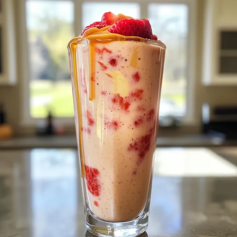 - 1 cup fresh or frozen strawberries - 1/2 cup Greek yogurt (plain or vanilla) - 1/2 cup cottage cheese - 1 scoop vanilla protein powder - 1 tablespoon almond butter or peanut butter - 1 tablespoon honey or maple syrup (optional, for sweetness) - 1/2 teaspoon vanilla extract - 1/2 cup almond milk (or any milk of choice) - Ice cubes (optional, for a thicker texture) To make a high-protein strawberry cheesecake smoothie, gather these simple ingredients. Fresh or frozen strawberries bring a sweet flavor. Greek yogurt adds creaminess and protein. Cottage cheese boosts protein too, making the smoothie thick and rich. Adding a scoop of vanilla protein powder enhances the protein content even more. Almond butter or peanut butter gives a nutty taste and healthy fats. You can sweeten with honey or maple syrup, but this is optional. A splash of vanilla extract adds a lovely aroma. Use almond milk, or any milk you like, to blend everything smoothly. Finally, ice cubes can make the smoothie thicker and colder. This mix of ingredients creates a delicious smoothie that feels like dessert but is packed with nutrition. 1. Adding ingredients to the blender Start by placing the fresh or frozen strawberries in your blender. Next, add the Greek yogurt and cottage cheese. These ingredients give the smoothie a creamy base. 2. Blending until smooth Sprinkle in the vanilla protein powder and almond butter. Now, drizzle in the honey or maple syrup if you want extra sweetness. Pour in the almond milk. Blend everything on high until it is smooth and creamy. 3. Adjusting sweetness if desired After blending, taste your smoothie. If you want it sweeter, add more honey or syrup. Blend briefly again to mix in the extra sweetness. 4. Serving suggestions Pour your smoothie into a tall glass. You can enjoy it right away. For a fun twist, top it with fresh strawberries or a sprinkle of nuts. This makes your smoothie look even more delicious! When picking a protein powder, consider these types: - Whey protein: This is a popular choice. It mixes well and tastes great. - Plant-based protein: Great for vegans. Try pea or rice protein. - Casein protein: A slower-digesting option. Ideal for overnight use. Flavor matters! Choose a protein powder that matches your smoothie. Vanilla works well in this recipe. Some brands I recommend are: - Optimum Nutrition for whey protein. - Orgain for plant-based protein. - Dymatize for casein protein. To get a thick and creamy smoothie, follow these tips: - Use frozen strawberries. They add thickness and chill your drink. - Add more Greek yogurt or cottage cheese for creaminess. - Adjust the liquid. Use less almond milk for a thicker result. You can also toss in some ice cubes. Blend them in for extra thickness if needed. Making your smoothie look great can enhance the experience. Here are some fun ideas: - Garnish with fresh strawberries on top. You can also add a dollop of yogurt. - Use a tall glass for serving. This showcases the bright color of the smoothie. - Consider colorful straws or fun drink stirrers to make it pop! These simple touches can make your smoothie feel special. Enjoy the beauty as much as the taste! {{image_2}} You can change this smoothie by adding other fruits. Try bananas for creaminess. Blueberries add a nice color and taste. Both fruits blend well with strawberries. You can also switch up nut butters. Almond butter gives a light flavor. Peanut butter adds a rich taste. Each nut butter changes the smoothie’s vibe. Be bold and explore different combinations! If you want a dairy-free version, swap Greek yogurt and cottage cheese. Use silken tofu or a dairy-free yogurt. These provide a creamy base without dairy. For low-calorie options, reduce or skip the sweeteners. You can also use less nut butter. Choose unsweetened almond milk to cut calories further. These tweaks keep it delicious while being lighter! To keep your high-protein strawberry cheesecake smoothie fresh, store leftovers in the fridge. Use an airtight container for best results. This helps keep out air and bacteria. If you want to freeze your smoothie, pour it into a freezer-safe container. Leave some space at the top, as smoothies expand when frozen. Your smoothie lasts about 1 to 2 days in the refrigerator. After that, the taste and texture may change. Look for signs of spoilage, like an off smell or separation. If it looks or smells strange, it’s best to toss it out. Always trust your senses when checking for freshness. Yes, you can use frozen strawberries. They make the smoothie cold and thick. Frozen fruit keeps nutrients well. They blend smoothly, giving you a creamy texture. If you use them, you might skip the ice. To boost protein, add more protein powder or extra cottage cheese. You can also use high-protein nut butters. Some seeds, like chia or hemp, work well too. Each option adds flavor and creaminess. Yes, you can meal prep this smoothie. Blend and store in an airtight container. Keep it in the fridge for up to 24 hours. Shake or stir well before drinking. For longer storage, freeze it in portions. If you need a swap for Greek yogurt, use regular yogurt or plant-based yogurt. Silken tofu is another great option. It adds creaminess without a strong taste. Choose unsweetened varieties to control the sweetness. In this post, I shared how to create a delicious smoothie using simple ingredients. We covered preparation steps, tips for the best texture, and fun variations to try. Don't forget to explore storage tips to keep your smoothie fresh longer. With these ideas, you can craft the perfect drink for any time. Enjoy experimenting with flavors and adjustments. You'll find smiles in every sip!