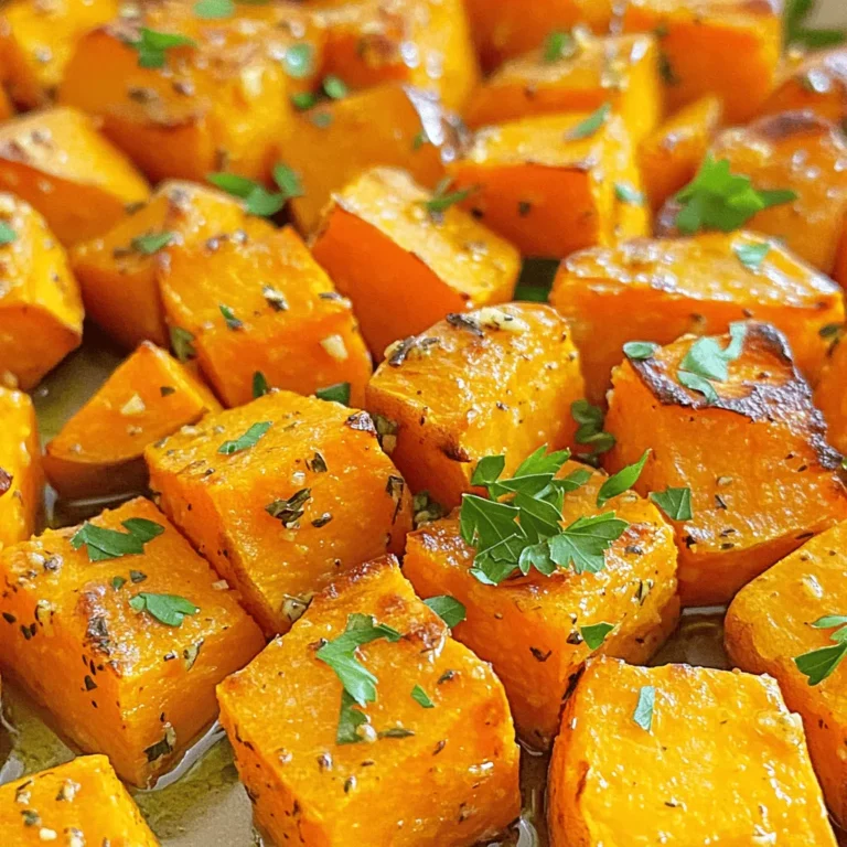- 4 medium sweet potatoes, peeled and cut into 1-inch cubes - 4 cloves garlic, minced - 2 tablespoons olive oil To start, sweet potatoes are the star of this dish. Their natural sweetness pairs perfectly with garlic. I love using four medium sweet potatoes. This amount gives you a hearty serving for four. Next, I add four cloves of minced garlic. Garlic adds a bold, savory flavor that shines through the sweet potatoes. For richness, I use two tablespoons of olive oil. This helps the sweet potatoes roast beautifully. - 1 teaspoon dried rosemary - 1 teaspoon dried thyme - 1 teaspoon smoked paprika Now, let’s talk about the herbs and seasonings. I use one teaspoon of dried rosemary and one teaspoon of dried thyme. Both herbs add an earthy note that balances the sweetness. Smoked paprika brings a warm, smoky flavor. I also use one teaspoon of this spice to enhance the dish. Together, these herbs and spices create a delightful flavor blend. - Salt and pepper to taste - Fresh parsley, chopped for garnish Finally, I season with salt and pepper to taste. These basic seasonings highlight the sweet potatoes and herbs. I recommend using fresh parsley as a garnish. It adds a pop of color and freshness. This simple touch elevates the dish, making it not just tasty but also visually appealing. 1. First, preheat your oven to 425°F (220°C). This helps the sweet potatoes cook evenly. 2. Line a baking sheet with parchment paper. This makes cleanup easy and helps prevent sticking. 3. In a large mixing bowl, add the sweet potato cubes. Then, add the minced garlic, olive oil, dried rosemary, dried thyme, smoked paprika, salt, and pepper. 1. Toss everything together well. Make sure the sweet potatoes are fully coated with the oil and herbs. This step is key for great flavor. 2. Spread the seasoned sweet potatoes in a single layer on the prepared baking sheet. Make sure they are not crowded. This helps them roast well. 1. Roast in the preheated oven for 25-30 minutes. Flip the sweet potatoes halfway through. This ensures they brown evenly. 2. Once they are golden brown and tender, remove them from the oven. Let them cool for a couple of minutes. 3. Transfer to a serving dish and garnish with freshly chopped parsley. Serve warm for the best taste. To get the best roast, start with the right oven temperature. Preheat your oven to 425°F (220°C). This high heat helps the sweet potatoes become tender and golden. Cut the sweet potatoes into 1-inch cubes for even cooking. Toss them with olive oil and spices. This mix ensures every piece gets flavor. For an extra flavor boost, add minced garlic to the mix. Garlic turns sweet and sweet potatoes become savory when roasted. Smoked paprika adds a nice depth. Try different herbs like fresh parsley or thyme for more taste. You need a few basic tools for this recipe. A sharp knife helps you cut the sweet potatoes easily. A large mixing bowl is key to mixing all the ingredients well. Use a sturdy baking sheet to hold all the sweet potatoes. Parchment paper is a must. It keeps the sweet potatoes from sticking to the baking sheet. This makes cleanup a breeze and keeps your sweet potatoes perfect. Garlic herb roasted sweet potatoes shine as a side dish. They pair well with roasted chicken or grilled fish. You can also serve them with a fresh salad for a light meal. To enhance the presentation, use a large serving dish. Sprinkle fresh parsley on top for a pop of color. Serve them warm for the best flavor experience. You can also add a squeeze of lemon for brightness. {{image_2}} You can switch up the herbs for new flavors. Try using fresh herbs like rosemary or thyme instead of dried. Fresh herbs add a bright taste that really shines. You can mix and match herbs based on what you have. Basil and oregano can be fun choices too. Experiment with your favorite herbs to find what you like best! Not just sweet potatoes work here. You can use regular potatoes or even purple ones. They will cook well and taste great too. If you want a twist, add other root veggies like carrots or parsnips. This adds color and taste to your dish. Mixing different veggies makes it exciting and fun! You can easily make this dish vegan. Just skip any butter and use olive oil, which you already do! To make it gluten-free, you don’t need to change anything. This recipe is naturally gluten-free, so enjoy without worry. For low-sodium options, just cut down on salt. You can also use herbs and spices to enhance flavor without the extra salt. Enjoy all these variations to suit your needs! After enjoying your garlic herb roasted sweet potatoes, store the leftovers. First, let them cool completely. Place them in an airtight container. Keep the container in the fridge. They will stay fresh for about three to five days. If you want to keep them longer, freezing is a great option. Spread the sweet potatoes in a single layer on a baking sheet. Freeze them for about an hour. Then, transfer them to a freezer bag. Remove as much air as you can. They can last up to three months in the freezer. To reheat your sweet potatoes, the oven is best. Preheat it to 375°F (190°C). Spread the sweet potatoes on a baking sheet. Heat for about 10-15 minutes, until warm. You can also use a microwave, but the oven keeps them crispy. To maintain crispiness, avoid covering them. You can also sauté them in a pan over medium heat for a quick warm-up. In the fridge, roasted sweet potatoes last about three to five days. If they start to smell bad, it’s time to throw them away. Look for any signs of mold or odd colors. If they feel slimy or mushy, do not eat them. Freshness is key to enjoying this flavorful dish! To make garlic herb roasted sweet potatoes, start by preheating your oven to 425°F (220°C). Line a baking sheet with parchment paper for easy cleanup. Next, peel and cut four medium sweet potatoes into 1-inch cubes. In a large bowl, mix the sweet potato cubes with four minced garlic cloves, two tablespoons of olive oil, one teaspoon of dried rosemary, one teaspoon of dried thyme, and one teaspoon of smoked paprika. Add salt and pepper to taste. Toss everything until the sweet potatoes are well coated. Spread them in a single layer on the baking sheet and roast for 25-30 minutes. Flip halfway through to ensure even cooking. Once golden brown and tender, remove them from the oven. Let them cool for a couple of minutes, then garnish with fresh parsley before serving. Yes, you can use fresh herbs instead of dried ones. Fresh herbs give a bright flavor. If you choose to use fresh herbs, remember that they are usually more potent than dried. Use about three times more fresh herbs for the best taste. For this recipe, try two to three tablespoons of fresh rosemary and thyme. Chop them finely and mix them in just like you would the dried herbs. Garlic herb roasted sweet potatoes pair well with many dishes. They complement roasted chicken or fish beautifully. You can also serve them alongside grilled vegetables for a healthy meal. If you want a vegetarian option, try them with a quinoa salad. Add a dollop of yogurt or a sprinkle of feta cheese for extra flavor. These sweet potatoes can also work well in tacos or bowls with beans and greens. Garlic herb roasted sweet potatoes are simple and delicious. We covered the key ingredients like sweet potatoes, garlic, and olive oil. The steps for roasting are straightforward, ensuring great results. I shared tips for enhancing flavor and texture, and even some fun variations. Remember, you can easily alter herbs and vegetables to suit your taste. Don't forget proper storage to keep leftovers fresh! Enjoy your cooking and impress your family with this tasty dish!