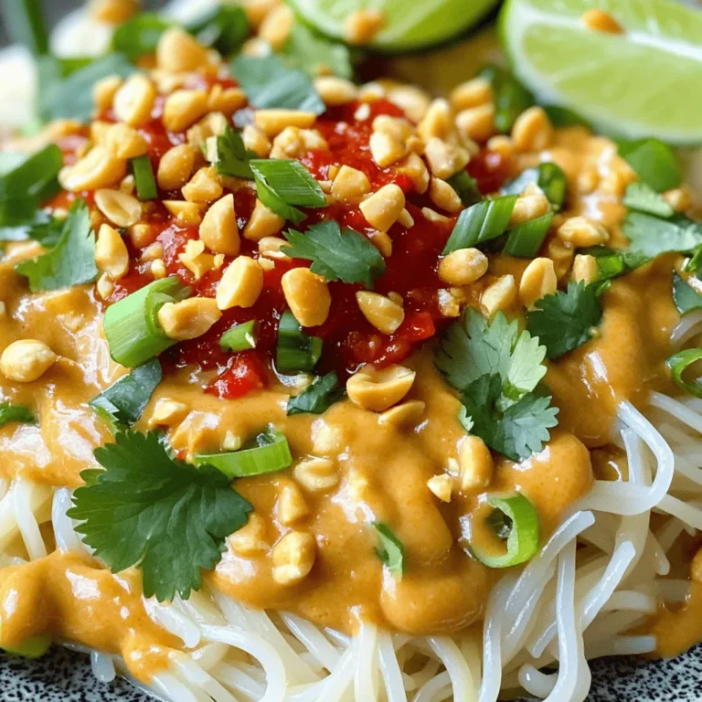 To make Garlic Chili Peanut Noodles, gather these key ingredients: - 200g rice noodles - 4 tablespoons peanut butter (creamy or crunchy) - 2 tablespoons soy sauce - 1 tablespoon sesame oil - 2 cloves garlic, minced - 1 tablespoon ginger, grated - 1 red chili, finely chopped (adjust to taste) - 1 tablespoon honey or maple syrup - 1/4 cup vegetable broth (or water) - 2 green onions, sliced - 1/4 cup roasted peanuts, chopped - Fresh cilantro, for garnish - Lime wedges, for serving These ingredients blend to create a rich, flavorful dish. The noodles soak up the sauce, while the peanuts add crunch. Each bite bursts with flavor and texture. If you don't have an ingredient, you can swap it out. Here are some ideas: - Rice noodles: Use spaghetti or another noodle type if needed. - Peanut butter: Almond butter works well if you're allergic to peanuts. - Soy sauce: Use tamari for a gluten-free option. - Honey: Maple syrup is a great vegan choice. - Vegetable broth: Water can replace broth for a milder taste. These swaps keep the dish delicious while matching your pantry. Feel free to get creative! To elevate your dish, consider these garnishes and add-ins: - Chopped peanuts: Add more for extra crunch. - Fresh cilantro: A sprinkle adds freshness. - Lime wedges: Squeeze on top for a zesty kick. - Sliced bell peppers or carrots: For added color and crunch. - Protein: Consider chicken, shrimp, or tofu to make it heartier. These options let you customize the noodles to your taste. Enjoy exploring different flavors and textures! Start by boiling water in a large pot. Add 200g of rice noodles. Cook them as per the package instructions. This usually takes about 4-6 minutes. When they are tender, drain the noodles. Rinse them under cold water to stop the cooking. This helps keep them from getting too soft. Set the noodles aside while you make the sauce. Grab a medium bowl. In it, add 4 tablespoons of peanut butter. You can use either creamy or crunchy, based on your taste. Next, pour in 2 tablespoons of soy sauce. Add 1 tablespoon of sesame oil for a nutty flavor. Mince 2 cloves of garlic and grate 1 tablespoon of ginger. Toss these in the bowl. Now, chop 1 red chili finely and add it in. If you want less heat, use less chili. Add 1 tablespoon of honey or maple syrup for sweetness. Finally, pour in 1/4 cup of vegetable broth or water. Whisk everything until it’s smooth. If it’s too thick, add more broth. Heat a large skillet over medium heat. Add the cooked rice noodles to the pan. Pour the peanut sauce over them. Toss everything well to coat the noodles. Cook for about 2-3 minutes until warm. Remove from heat. Stir in 2 sliced green onions and half of the chopped roasted peanuts. This adds crunch and flavor. Plate the noodles. Top with the rest of the peanuts and some fresh cilantro. Serve with lime wedges for an extra burst of flavor. Enjoy your quick and tasty meal! To change the spice level, start with less chili. Use half a red chili for a milder taste. If you love heat, add more chili or even some chili flakes. Always taste the sauce before mixing it with noodles. This way, you can find the right balance that suits you best. For perfect noodles, cook them just until they are soft. Rinse them under cold water to stop cooking. This helps keep the noodles from getting mushy. When tossing with the sauce, do it gently. This keeps the noodles intact and helps them absorb the flavors. Prep all your ingredients before cooking. Mince garlic and chop chili ahead of time. Use a microwave to heat your broth instead of a pot. This cuts down on cooking time. Also, use a non-stick pan for easy cleanup. You can enjoy your meal faster with these quick steps! {{image_2}} You can make these garlic chili peanut noodles even better by adding protein. Chicken is a great choice. You can grill or pan-fry it in small pieces. Tofu is also a fantastic option. Simply press it to remove water, cube it, and sauté until golden. Both options bring richness to the dish. Add them right before mixing in the sauce for warmth and flavor. Want to boost the nutrition? Add veggies! Bell peppers add crunch and sweetness. Broccoli or snap peas give a nice bite. Carrots add color and a bit of sweetness. You can steam or sauté these veggies before mixing them into the noodles. This way, you get a colorful and healthy meal that is visually appealing and tasty. If you need a gluten-free option, rice noodles are perfect! They are naturally gluten-free and work well in this recipe. Make sure to check your soy sauce. You can use tamari as a gluten-free alternative. This way, everyone can enjoy these garlic chili peanut noodles without worry! Store leftover garlic chili peanut noodles in an airtight container. This keeps them fresh. Place the container in the fridge. They’ll last for about three days. Make sure they cool down before sealing. This helps avoid excess moisture. To reheat, use a skillet over medium heat. Add a splash of water or broth. Stir well to avoid sticking. Heat until warm, about 3-5 minutes. You can also use a microwave. Just cover the bowl with a damp paper towel. Heat for about one minute. Stir and check if it's warm enough. You can freeze the noodles, but the texture may change. Place them in a freezer-safe bag. Squeeze out all the air before sealing. Label the bag with the date. They can stay in the freezer for up to two months. When ready to eat, thaw in the fridge overnight. Reheat as described above. Yes, you can make garlic chili peanut noodles ahead of time. I recommend cooking the noodles and sauce separately. Store them in airtight containers in the fridge. When you are ready to eat, simply reheat the noodles and sauce together in a pan. This way, the noodles stay fresh and tasty. If you need a peanut butter substitute, try almond butter or sunflower seed butter. Both options work well and still give a nutty flavor. You can also use tahini for a different taste. Each option adds its own twist to the dish. To make the dish spicier, add more red chili or some chili flakes. You could also try a splash of sriracha or hot sauce. If you prefer it milder, reduce the amount of chili. Adding a bit of sugar can also help balance the heat. Garlic chili peanut noodles pair well with fresh salads or steamed vegetables. You can serve them with cucumber salad for a cool crunch. For a heartier meal, try adding grilled chicken or tofu. These options make your meal more filling and delicious. This post covered the key ingredients for garlic chili peanut noodles. We discussed ingredient swaps, cooking methods, and flavor tweaks. You learned ways to add protein and veggies for more nutrition. Storing leftovers was made easy with clear steps. As you make this dish, remember to have fun with it. Adjust flavors to suit your taste. Cooking should be enjoyable, and these noodles can be your delicious canvas. Happy cooking!