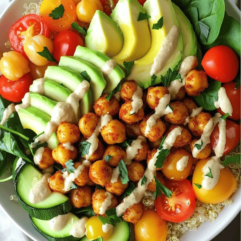 - 1 can (15 oz) chickpeas, drained and rinsed - 2 tablespoons olive oil - 1 teaspoon smoked paprika - 1/2 teaspoon cumin - 1/2 teaspoon garlic powder - 1/4 teaspoon cayenne pepper (optional for heat) - Salt and pepper to taste Roasted chickpeas are the star of this dish. I always use canned chickpeas for ease. A good rinse removes excess sodium. Olive oil gives them a nice crisp. The spices add depth and warmth. Smoked paprika is my favorite for its rich flavor. Cumin brings an earthy taste. Garlic powder adds a savory kick. Cayenne pepper is optional, but it gives heat if you like spice. Always season with salt and pepper to taste. - 1 cup quinoa, rinsed - 2 cups vegetable broth or water Quinoa is a great grain for this bowl. I rinse it to remove bitterness. Cooking it in vegetable broth adds extra flavor. This base is fluffy and filling. It pairs well with the chickpeas and veggies. - 1 bell pepper, diced - 1 zucchini, diced - 1 cup cherry tomatoes, halved - 2 cups fresh spinach or kale - 1 avocado, sliced - 2 tablespoons tahini - Juice of 1 lemon - Fresh parsley, chopped (for garnish) The veggies bring color and nutrients. I love using bell pepper and zucchini. They add crunch and sweetness. Cherry tomatoes pop with flavor. Spinach or kale adds green goodness. For toppings, I use creamy avocado. Tahini sauce gives a nutty taste. A squeeze of lemon adds brightness. Fresh parsley makes it look pretty. Each bite is packed with flavor and fresh goodness. First, preheat your oven to 400°F (200°C). Grab a baking sheet and line it with parchment paper. In a bowl, combine the drained and rinsed chickpeas with olive oil, smoked paprika, cumin, garlic powder, cayenne pepper, salt, and pepper. Toss everything together until the chickpeas are well-coated. Spread the chickpeas evenly on the baking sheet. Roast them for 25-30 minutes, stirring once halfway through, until they turn crispy and golden brown. While the chickpeas roast, you can cook the quinoa. In a medium pot, bring 2 cups of vegetable broth or water to a boil. Once boiling, add 1 cup of rinsed quinoa. Reduce the heat to low, cover the pot, and let it simmer for about 15 minutes. When done, the quinoa should absorb all the liquid and be fluffy. Now, let's sauté the vegetables. In a sauté pan over medium heat, add the diced bell pepper and zucchini. Cook for 5-7 minutes until they become tender. Next, toss in the halved cherry tomatoes and fresh spinach. Sauté everything together for another 2-3 minutes, just until the spinach wilts. Season with salt and pepper to taste. To get crispy chickpeas, start with well-dried ones. After rinsing, pat them dry with a towel. This step helps them roast better. Next, toss the chickpeas with olive oil and spices. Spread them out evenly on a baking sheet. Remember to stir them halfway through roasting. This helps them crisp up all over, not just on one side. You can boost the flavor of your roasted chickpeas. Try adding more spices like onion powder or paprika. Fresh herbs like rosemary or thyme also work well. For sauces, tahini is great, but you could use hummus or yogurt too. A drizzle of hot sauce adds a kick if you like heat. Preparing these bowls in advance saves time. Cook a big batch of quinoa and store it in the fridge. Roast extra chickpeas and keep them in an airtight container. You can chop veggies ahead of time too. Store each component separately to keep them fresh. This way, you can mix and match for quick lunches or dinners. {{image_2}} You can swap quinoa for other grains. Brown rice works great for a nutty taste. Couscous cooks quickly and adds a soft texture. Farro brings a chewy bite that is satisfying. Each grain will change the flavor and feel of your bowl. Feel free to try your favorite! Seasonal vegetables can add freshness. Try sweet corn in summer for a burst of sweetness. In fall, butternut squash adds warmth and creaminess. You can also mix in broccoli, carrots, or asparagus. Use what you love or what’s on sale. Get creative! Want more protein? Tofu makes a great choice. Just cube and bake or sauté until golden. Tempeh is another option that gives a nutty flavor. If you prefer meat, grilled chicken adds heartiness. Each option elevates your bowl and keeps you full! To store leftover roasted chickpeas and vegetables, let them cool first. Place them in an airtight container. Keep the roasted chickpeas separate from the veggies. They stay crispier this way. You can store them in the fridge for up to three days. If you mix them, the chickpeas may lose their crunch. When reheating, I suggest using an oven. Preheat it to 350°F (175°C). Spread the chickpeas on a baking sheet. Warm them for about 10 minutes. This helps them stay crunchy. For veggies, you can use the microwave. Heat them for about 1-2 minutes. Stir halfway for even warming. You can freeze roasted chickpeas and veggies, but it’s best to freeze them separately. For chickpeas, place them in a freezer bag. Remove as much air as possible. Freeze them for up to three months. For veggies, blanch them first. Cool in ice water, then drain. Store them in a freezer bag too. To thaw, leave them in the fridge overnight. You can also use them straight from the freezer in soups or stews. You can swap tahini with several options. Here are a few good choices: - Nut butters, like almond or cashew butter - Sunflower seed butter - Greek yogurt for a creamy texture - A mix of olive oil and lemon juice These alternatives keep the dish tasty. Try what you have at home! Yes, you can easily make these bowls gluten-free. Quinoa is a great gluten-free grain. If you choose to add other grains, ensure they are certified gluten-free. Check labels on any packaged ingredients to avoid gluten. Roasted chickpeas can last for up to one week. Store them in an airtight container at room temperature. To keep them crispy, avoid refrigerating them. If they lose crunch, you can re-roast them for a few minutes to refresh. In this post, we explored a tasty way to make roasted chickpea bowls. You learned about main ingredients like chickpeas, quinoa, and fresh veggies. I shared steps for baking chickpeas and cooking quinoa. We also discussed tips for crispy chickpeas and variations for your bowl. These bowls are versatile and simple to prep in advance. Enjoy personalizing them with your favorite ingredients. Now, you can create your own healthy and delicious meals with ease.