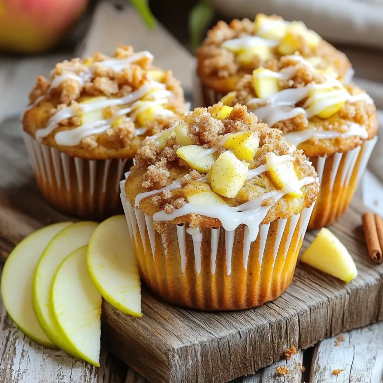- 2 cups all-purpose flour - 1 cup sugar - 1 tablespoon baking powder - 1/2 teaspoon baking soda - 1/2 teaspoon salt - 3/4 cup unsalted butter, melted - 2 large eggs - 1 cup buttermilk - 2 cups apples, peeled and diced (preferably Granny Smith) - 1 teaspoon cinnamon - 1/2 teaspoon nutmeg The base of our muffins is all-purpose flour. It gives structure and lightness. Sugar adds sweetness and helps with browning. Baking powder and baking soda are key for rising, making our muffins fluffy. Unsalted butter provides rich flavor and moisture. Eggs bind the ingredients and add fluffiness. Buttermilk makes the muffins tender and adds tang. Apples give a juicy burst with each bite. The spices, cinnamon and nutmeg, add warmth and depth. - 1/2 cup all-purpose flour - 1/4 cup brown sugar - 1/2 teaspoon cinnamon - 1/4 cup cold unsalted butter, cubed The streusel topping is a delightful crunch. All-purpose flour and brown sugar create a sweet base. Cinnamon adds that cozy flavor we love. Cold butter helps form crumbly pieces that sit atop our muffins. - 1 cup powdered sugar - 2 tablespoons milk - 1/2 teaspoon vanilla extract The glaze is the finishing touch. Powdered sugar gives sweetness and smoothness. Milk thins the glaze for easy drizzling. Vanilla adds a lovely extra flavor. Together, they create a shiny layer over warm muffins. First, preheat your oven to 375°F (190°C). This step is key for a great bake. Next, grease your muffin tin or use paper liners. This will help the muffins pop out easily. In a large bowl, whisk together the dry ingredients. You will need 2 cups of all-purpose flour, 1 cup of sugar, 1 tablespoon of baking powder, 1/2 teaspoon of baking soda, and 1/2 teaspoon of salt. In another bowl, mix the wet ingredients. Combine 3/4 cup of melted unsalted butter, 2 large eggs, and 1 cup of buttermilk. Make sure it’s well mixed. Now, it’s time to bring it all together! Gradually add the wet mixture into the dry ingredients. Stir gently until just combined. Be careful not to overmix, as this can make your muffins dense. Next, fold in the diced apples. Use 2 cups of peeled and diced Granny Smith apples for the best flavor. Also, add 1 teaspoon of cinnamon and 1/2 teaspoon of nutmeg. These spices give your muffins a warm, cozy taste. To make the streusel topping, mix together 1/2 cup of all-purpose flour, 1/4 cup of brown sugar, and 1/2 teaspoon of cinnamon in a small bowl. Then, add 1/4 cup of cold unsalted butter, cubed. Use a fork or pastry cutter to mix until it looks like coarse crumbs. This topping will add a crunchy texture to your muffins. Fill each muffin cup about 2/3 full with the apple batter. Then, sprinkle a generous amount of the streusel topping over each muffin. Place your muffin tin in the preheated oven. Bake for 18 to 20 minutes. Check for doneness by inserting a toothpick into the center of a muffin. If it comes out clean, they are ready! While the muffins bake, prepare the glaze. In a bowl, whisk together 1 cup of powdered sugar, 2 tablespoons of milk, and 1/2 teaspoon of vanilla extract until smooth. Once the muffins cool for about 5 minutes, drizzle the glaze over them. This adds a sweet finish that ties everything together. To make light and fluffy muffins, use room temperature ingredients. This helps the batter mix well and rise properly. Also, combine your dry ingredients in one bowl and wet ingredients in another. When you mix them, stop as soon as they come together. Overmixing makes muffins dense and tough. You can add fun extras to your muffins. Try mixing in nuts, like walnuts or pecans, for crunch. Dried cranberries or blueberries add a sweet twist. You can also change the sweetness. If you like it less sweet, reduce the sugar. For more spice, add a pinch of ginger or cloves. Serving your muffins well makes them more inviting. Place them on a rustic wooden board for a nice touch. Garnish with thin apple slices and a sprinkle of cinnamon. When drizzling the glaze, use a spoon or squeeze bottle for control. A light drizzle creates a beautiful finish and makes them look amazing! {{image_2}} You can switch up the flavor of your muffins easily. Try using different apples, like Honeycrisp or Fuji. These apples add a sweet twist. You can also add citrus zest to your batter. A bit of lemon or orange zest brightens the flavor. This small change makes a big difference. If you need a gluten-free option, you can make simple swaps. Use a gluten-free flour blend instead of all-purpose flour. Most blends work well in muffins. Just be sure to check that the blend includes xanthan gum for texture. This way, everyone can enjoy your tasty muffins without worry. For a vegan version, replace eggs and buttermilk easily. Instead of eggs, use flaxseed meal mixed with water. This mix binds the ingredients well. For buttermilk, try almond milk with a splash of vinegar. Let it sit for a few minutes to curdle. This makes a perfect vegan-friendly muffin that tastes just as good! To keep your apple streusel muffins fresh, store them at room temperature. Place the muffins in an airtight container. This will keep them soft. They will stay fresh for about three days. If you want to keep them longer, refrigerate them. This will extend their life to about a week. Just remember, refrigeration can make muffins a bit dry. Freezing is a great option if you want to save muffins for later. First, cool the muffins completely. Then, wrap each muffin tightly in plastic wrap. You can also use aluminum foil. Place the wrapped muffins in a freezer bag. Make sure to remove as much air as possible. This will help avoid freezer burn. Your muffins can last up to three months in the freezer. When you’re ready to eat them, take out what you need. Reheat them in the oven at 350°F (175°C) for about 10 minutes. This will warm them up nicely. The shelf life of your apple streusel muffins depends on how you store them. At room temperature, they last for about three days. In the fridge, they will stay fresh for about a week. If frozen, they can last up to three months. Always check for any signs of spoilage before eating. Look for mold or an off smell. If everything seems good, enjoy your delicious muffins! Yes, you can use other fruits! Some great options include: - Pears - Peaches - Berries - Bananas These fruits work well in muffins. Just remember to adjust the sugar based on their sweetness. To check if your muffins are done, use a toothpick. Insert it into the center of a muffin. If it comes out clean, your muffins are ready. Generally, baking takes about 18-20 minutes. Keep an eye on them to avoid overbaking! You can easily replace buttermilk. Here are some options: - Milk with a splash of vinegar or lemon juice - Yogurt (diluted with water) - Almond milk or soy milk with vinegar These substitutes give a similar tangy flavor and moisture. Yes, you can make the batter ahead of time! Mix it and store it in the fridge for up to 24 hours. Just give it a gentle stir before you bake. If you store it longer, the leavening agents may lose their power, affecting the muffins' rise. Apple streusel muffins are easy and fun to make. You need the right ingredients, like apples, flour, and spices. Following step-by-step instructions helps ensure success. You can customize these muffins with nuts or other fruits. Remember to store them properly for freshness. Overall, these muffins are not just tasty; they are versatile. Enjoy baking and sharing these delightful treats with others. Your kitchen will be filled with warm, sweet smells that everyone loves. Happy baking!