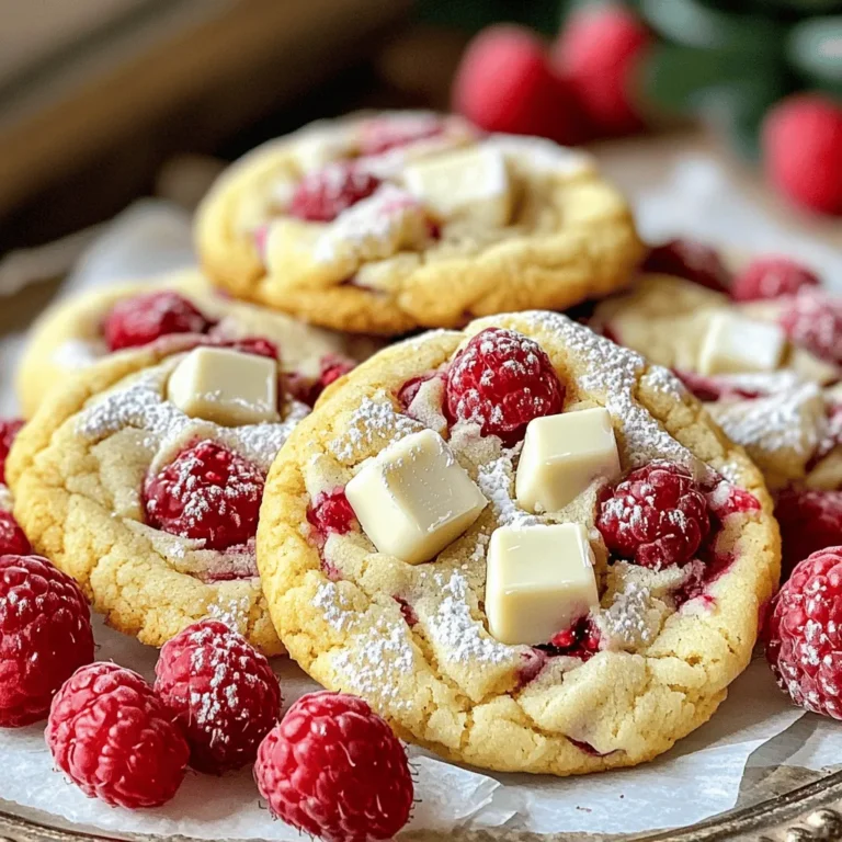 To make these white chocolate raspberry cookies, gather these key ingredients: - 1 cup unsalted butter, softened - 1 cup granulated sugar - 1 cup brown sugar, packed - 2 large eggs - 2 teaspoons vanilla extract - 3 cups all-purpose flour - 1 teaspoon baking soda - 1/2 teaspoon salt - 1 cup white chocolate chips - 1 cup fresh raspberries, halved These ingredients create a soft, chewy cookie with a sweet and tangy flavor. For an extra burst of taste, consider adding: - 1/2 cup of crushed freeze-dried raspberries These freeze-dried raspberries boost the fruit flavor and add a fun texture. You can swap some ingredients if needed: - Use coconut oil instead of butter for a dairy-free option. - Substitute brown sugar for coconut sugar for a different sweetness. - If you don’t have white chocolate chips, try milk chocolate or dark chocolate chips. These swaps can change the flavor while still keeping your cookies delicious. 1. Start by preheating your oven to 350°F (175°C). This step ensures even baking. 2. Line a baking sheet with parchment paper. This helps the cookies release easily. 3. In a large bowl, cream together the softened butter, granulated sugar, and brown sugar until the mixture is light and fluffy. This takes about 2-3 minutes. 4. Add the eggs one at a time. Mix well after each addition. Then, stir in the vanilla extract to add great flavor. 5. In a separate bowl, whisk the all-purpose flour, baking soda, and salt together. This helps to evenly distribute the dry ingredients. 6. Gradually add the dry mix to the wet mix. Mix until just combined. Do not overmix—this keeps the cookies soft. 7. Gently fold in the white chocolate chips and halved raspberries. If you want more raspberry flavor, add the crushed freeze-dried raspberries. Be careful not to break the fresh raspberries too much. 1. Use a tablespoon or cookie scoop to drop heaping spoonfuls of dough onto the prepared baking sheet. Make sure to space them about 2 inches apart. 2. Bake the cookies in the preheated oven for 10-12 minutes. Look for lightly golden edges. The centers will look soft, but they will firm up as they cool. 1. After baking, allow the cookies to cool on the baking sheet for about 5 minutes. This helps them set. 2. Transfer the cookies to a wire rack to cool completely. This keeps them from getting soggy. 3. For a beautiful presentation, arrange the cookies on a platter. Dust them with powdered sugar and add whole raspberries around for a colorful touch. To get the best cookie, start with room temperature butter. Softened butter blends well with sugar. This mix makes cookies light and fluffy. Use a kitchen scale for measuring flour. Too much flour makes cookies dry. When mixing, stop as soon as you see no dry flour. This keeps the cookies tender. Set your oven to 350°F (175°C) before you start. Preheating helps cookies bake evenly. Use parchment paper on your baking sheet. It prevents sticking and makes cleanup easy. Space dough balls 2 inches apart. This gives them room to spread. Bake for 10-12 minutes. Look for lightly golden edges. The centers should be soft. They will firm up as they cool. Once cooled, store cookies in an airtight container. This keeps them soft and fresh. You can add a slice of bread to help them stay moist. If you want to keep cookies longer, freeze them. Wrap each cookie in plastic wrap, then place them in a freezer bag. They can last up to 3 months. When you want one, just thaw at room temperature. Enjoy your treat fresh! {{image_2}} You can switch it up with dark chocolate instead of white chocolate. This adds a rich taste. You can also try other fruits! Strawberries or blueberries work well with the cookie base. Just remember to adjust the sweetness for different fruits. To make gluten-free cookies, use a gluten-free flour blend. This will keep the texture nice. For vegan options, swap butter for coconut oil and eggs for flax eggs. Use dairy-free white chocolate chips for a tasty vegan treat. When serving, make it fun! Arrange cookies on a colorful platter. Dust with powdered sugar for a pretty touch. Add fresh berries around the cookies for a pop of color. You can even serve them with a scoop of vanilla ice cream for a delightful dessert! To keep your white chocolate raspberry cookies fresh, store them in an airtight container. This helps prevent them from drying out. Place parchment paper between layers to avoid sticking. You can keep them at room temperature for up to a week. If you want to save some cookies for later, freezing is easy! First, let the cookies cool completely. Then, place them in a single layer on a baking sheet. Freeze them for about 1 hour. After that, transfer the cookies to a freezer-safe bag. They can last up to three months in the freezer. These cookies taste best within a few days. After that, they may lose some flavor. If you see any signs of moisture or changes in texture, it's time to toss them. Always check for freshness before enjoying. For the best taste, eat them within a week or freeze them for later! Yes, you can use frozen raspberries. They work well in this recipe. Just be aware they may add extra moisture. This can change the texture a bit. If you choose frozen, do not thaw them. Fold them in gently to avoid mushiness. To keep your cookies soft and chewy, avoid overbaking them. Bake until the edges are golden. The centers should look soft. Using brown sugar also helps with chewiness. Lastly, do not skip the resting time after mixing. This lets the dough hydrate. If your dough is too sticky, add a bit more flour. Start with one tablespoon at a time. Mix it in well until the dough is manageable. You can also chill the dough for 30 minutes. Chilling makes it easier to scoop and shape. In this article, we explored key ingredients for making cookies, including both essential and optional components. We walked through easy steps, from preparation to baking and serving. I shared best practices for achieving cookie consistency, along with creative variations and storage tips. Remember, baking cookies is about experimenting and having fun. Use these guides to make delicious treats that you'll love! Enjoy your baking adventure!