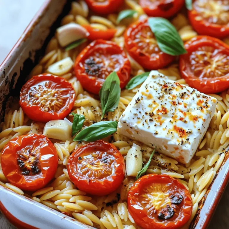 - 200g orzo pasta - 200g block of feta cheese - 400g cherry tomatoes, halved - 3 cloves garlic, minced The main ingredients give this dish its unique taste. Orzo pasta acts as a hearty base. It cooks up soft and absorbs flavors well. Feta cheese brings a creamy, tangy touch. As it bakes, it melts into a rich sauce. Cherry tomatoes add sweetness and juiciness. They burst in the oven, creating a lovely texture. Garlic enhances the dish with its bold flavor. - 1 tablespoon olive oil - 1 teaspoon dried oregano - 1 teaspoon smoked paprika - Salt and pepper to taste Seasonings make this dish shine. Olive oil adds richness and helps roast the tomatoes. Dried oregano brings a classic Mediterranean taste. Smoked paprika adds a hint of warmth and depth. Salt and pepper balance the flavors, making everything pop. - Fresh basil leaves - Zest of 1 lemon Garnishes finish the dish beautifully. Fresh basil leaves add a bright, herbal note. They also give a pop of color. Lemon zest brings freshness and a zesty kick. Together, they make the dish even more inviting. - Preheating the oven First, set your oven to 200°C (400°F). This will help cook the dish evenly. - Preparing the tomato mixture In a large oven-safe dish, mix together these ingredients: - 400g cherry tomatoes, halved - 3 cloves garlic, minced - 1 tablespoon olive oil - 1 teaspoon dried oregano - 1 teaspoon smoked paprika - Salt and pepper to taste Toss them well. Make sure each tomato is coated with the oil and spices. This step builds a great flavor base. - Creating the well for the feta Once the tomato mixture is ready, use a spoon to make a well in the center. Place a 200g block of feta cheese in this well. - Baking time and checks Drizzle a bit more olive oil on top of the feta. If you like, add some extra oregano. Bake it all in the oven for 25-30 minutes. Look for blistered tomatoes and a slightly golden feta. These signs mean it's time to take it out. - Cooking instructions for al dente orzo While the dish bakes, cook 200g of orzo pasta. Follow the package instructions until it is al dente. This means it should be firm but cooked through. - Combining with the baked mixture Once the baking is done, take the dish from the oven. Use a fork to mash the feta into the tomatoes to create a creamy sauce. Add the cooked orzo to this mixture. Stir gently to make sure the orzo is well coated. Finish with lemon zest and fresh basil leaves for a burst of flavor. Enjoy your meal! To make your Baked Feta Tomato Orzo even better, try adding spices. A pinch of red pepper flakes gives a nice kick. You can also add fresh herbs like thyme or rosemary for depth. If you want to change up the cheese, try goat cheese or ricotta. Both will add unique flavors. For even roasting of tomatoes, make sure they are all cut the same size. This helps them cook at the same rate. To get creamy feta, let it bake until golden on top. You can also add a splash of cream before mixing for an extra rich sauce. When serving, use individual bowls for a nice touch. Add a sprinkle of lemon zest on top. This adds color and brightness. For more flair, drizzle a bit of olive oil over the dish. Fresh basil leaves also make the dish look vibrant and fresh. {{image_2}} You can easily make this dish more colorful and tasty. Adding vegetables boosts nutrition and flavor. Try these ideas: - Spinach: Toss in fresh spinach right before mixing in the orzo. It wilts quickly and adds a nice pop of green. - Bell Peppers: Chop bell peppers and mix them with tomatoes. They add sweetness and crunch. - Herbs: Fresh herbs like thyme or parsley can enhance the taste. Add them after baking for a fresh bite. Want to make your meal heartier? Adding protein is simple. Here are a few great options: - Chicken: Cook diced chicken in a pan until golden. Fold it into the orzo after baking for a filling meal. - Shrimp: Sauté shrimp until pink and add them to the mix. They cook quickly and add a delicious flavor. - Chickpeas: For a vegetarian protein, toss in canned chickpeas. Rinse them first, and mix them in with the orzo for added texture. If you need a gluten-free option, don’t worry! You can still enjoy this dish. Here’s how to swap ingredients: - Gluten-Free Orzo: Look for orzo made from rice or corn. It cooks similarly and tastes great. - Other Pasta Substitutes: Use gluten-free pasta shapes like penne or fusilli instead. Just follow the package instructions to cook them. These variations keep your baked feta tomato orzo fresh and exciting. Enjoy experimenting with flavors! To keep your baked feta tomato orzo fresh, use an airtight container. Make sure it cools down before sealing. This helps prevent moisture build-up. Store it in the fridge. It will last for about 3 to 4 days. If you want to keep it longer, consider freezing it. When you’re ready to enjoy leftovers, reheat gently. Use a microwave-safe dish and cover it. Heat for 1-2 minutes, then stir. You can also use the stove. Add a splash of water or olive oil to keep it moist. This keeps the dish flavorful and creamy. Yes, you can freeze baked feta tomato orzo! For best results, let it cool completely. Portion it into freezer-safe bags or containers. Squeeze out the air to avoid freezer burn. It can last up to 3 months in the freezer. When ready to eat, thaw overnight in the fridge before reheating. Can I use a different type of cheese? Yes, you can use other cheeses like goat cheese or ricotta. These cheeses will change the taste but still taste great. Goat cheese adds a tangy flavor, while ricotta gives a creamy texture. Choose the cheese you enjoy most. Is this recipe suitable for meal prep? Yes! Baked feta tomato orzo is perfect for meal prep. You can store it in the fridge for up to three days. Just make sure to let it cool before putting it in containers. It reheats well, so you can enjoy it later. What should I do if the feta didn't melt? If the feta did not melt, it may need more time in the oven. Check if the tomatoes are blistered and the feta is golden. If not, bake for a few more minutes. You can also try covering the dish with foil to trap heat. How can I tell when the dish is done baking? The dish is done when the tomatoes are blistered and the feta is soft. It should look slightly golden on top. You can also poke the tomatoes with a fork. If they are tender and juicy, it's time to take it out. What to serve alongside baked feta tomato orzo? This dish pairs well with a simple green salad. A fresh cucumber or arugula salad adds a nice crunch. You can also serve it with crusty bread to soak up the delicious sauce. Pairing recommendations for wine or salads A crisp white wine like Sauvignon Blanc goes well with this dish. It balances the creamy feta and sweet tomatoes. For salads, use light dressings with lemon juice or olive oil to keep it fresh and bright. In this article, we explored a vibrant baked feta tomato orzo dish. We covered the main ingredients, key seasonings, and tasty garnishes. I shared step-by-step instructions for preparation, baking, and cooking the orzo. You learned tips to enhance flavor and presentation and discovered delicious variations and storage advice. This dish is simple yet full of flavor, perfect for any meal. Enjoy experimenting with flavors and share your results!