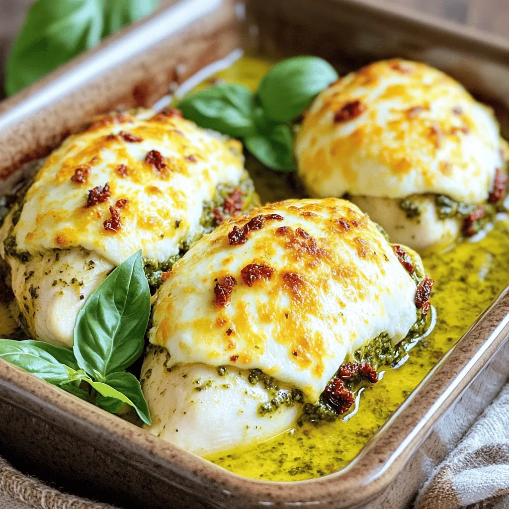 - 4 boneless, skinless chicken breasts - 1 cup sun-dried tomatoes, either packed in oil or dry (rehydrated) - 1 cup fresh basil leaves - 1/2 cup grated Parmesan cheese - 1/2 cup walnuts, toasted - 3 cloves garlic, minced - 1/4 cup olive oil - Salt and pepper to taste - 1 cup shredded mozzarella cheese - Fresh basil leaves for garnish The main ingredients in this dish provide rich flavors. The chicken breasts serve as a tender base. Sun-dried tomatoes add a sweet and savory punch. Fresh basil brings a bright taste. Walnuts give a lovely crunch, while Parmesan cheese enhances the umami flavor. Garlic adds depth, and mozzarella gives a creamy finish. - Red pepper flakes for heat - Lemon zest for brightness - Spinach for added nutrition - Balsamic reduction for a sweet drizzle You can amp up the flavor with red pepper flakes for spice. Lemon zest adds a fresh note. For more greens, spinach can be included. A balsamic reduction can give your dish a sweet touch. - Chicken breasts: Lean protein source, low in fat. - Sun-dried tomatoes: High in vitamins A and C, great for skin health. - Basil: Packed with antioxidants, helps reduce inflammation. - Walnuts: Good source of Omega-3 fatty acids, supports heart health. - Parmesan cheese: Offers calcium, protein, and flavor. - Olive oil: Healthy fats, great for heart health. - Garlic: Known for health benefits, boosts the immune system. - Mozzarella cheese: Provides calcium and protein, adds creaminess. Each ingredient brings nutritional benefits. The chicken delivers protein, while walnuts provide healthy fats. Sun-dried tomatoes and basil offer vitamins. This dish is not only tasty but also nutritious. First, set your oven to 375°F (190°C). This heat cooks the chicken just right. While it warms, let’s make the pesto. Grab a food processor. Add one cup of sun-dried tomatoes, one cup of fresh basil, and half a cup of grated Parmesan cheese. Next, toss in half a cup of toasted walnuts and three cloves of minced garlic. Pour in a quarter cup of olive oil. Pulse until it’s smooth. If it’s too thick, add a tad more olive oil. Taste and add salt and pepper. Next, take four boneless, skinless chicken breasts. Place them in a baking dish. Season both sides with salt and pepper. Grab a knife and cut a pocket in each breast. Be careful not to cut all the way through. Now, fill each pocket with your sun-dried tomato pesto. Use a spoon if needed for help. Time to bake! Cover the dish with aluminum foil. Place it in the oven for twenty minutes. After that, take off the foil. Bake for another fifteen to twenty minutes. You want the chicken to reach an internal temperature of 165°F (75°C). The cheese should be bubbly and golden too. Once it’s done, let the chicken rest for a few minutes. Garnish with fresh basil leaves before serving. Enjoy the savory delight! To keep your chicken juicy, start with good quality meat. I prefer boneless, skinless chicken breasts. Next, season the chicken well with salt and pepper. This step helps bring out its natural flavor. Create pockets in the chicken for the pesto. Stuffing the chicken helps keep moisture inside. Bake it covered for the first part of cooking. This traps steam and keeps the chicken juicy. Remove the foil later to brown the cheese. Cooking to an internal temperature of 165°F ensures it's safe to eat. Store leftovers in an airtight container. This keeps the chicken fresh and prevents odors. Let the chicken cool before sealing it. Refrigerate leftovers within two hours of cooking for safety. Enjoy refrigerated leftovers within three to four days. For longer storage, freeze the chicken. Wrap it tightly in plastic wrap and foil. Frozen chicken can last up to three months. Thaw it in the fridge before reheating. This keeps the chicken tender and tasty. Serve your sun-dried tomato pesto chicken bake with a fresh salad. A simple green salad pairs well. You could also add a side of roasted vegetables. Garlic bread is a tasty addition too. If you want a refreshing drink, try iced tea or lemonade. For a special touch, sprinkle extra fresh basil on top when serving. This adds a pop of color and flavor. Don't forget the grated Parmesan for an extra cheesy delight! {{image_2}} You can switch up the pesto for this dish. Instead of sun-dried tomatoes, use fresh basil pesto. This gives a bright taste. You might try a roasted red pepper pesto too. It adds a sweet and smoky flavor. Don't forget about spinach pesto! It adds a healthy twist and lovely color. Feel free to get creative with the fillings. Try adding sliced olives or artichokes for a briny kick. If you love heat, add some red pepper flakes to the pesto. For a twist, stuff the chicken with goat cheese or feta. Top the chicken with a sprinkle of breadcrumbs for extra crunch. You can also mix in some sautéed mushrooms or spinach for added nutrition. Pair this chicken bake with simple sides. A fresh garden salad adds a nice crunch. Garlic bread complements the dish perfectly. You could also serve it with roasted veggies for a colorful plate. If you want something hearty, try mashed potatoes or quinoa. These sides will help soak up that delicious pesto sauce. To keep your Sun Dried Tomato Pesto Chicken Bake fresh, store it in an airtight container. Let the chicken cool down to room temperature first. Then, place it in the fridge. Make sure to seal the container tightly to avoid moisture loss and odor absorption. You can freeze leftovers for up to three months. Wrap each piece in plastic wrap, then place it in a freezer bag. When you're ready to eat, thaw it overnight in the fridge. To reheat, bake in the oven at 350°F (175°C) until hot. This usually takes about 20 to 25 minutes. Check for a few signs to know if your chicken has gone bad. Look for a sour smell or a change in color. If the texture feels slimy, it’s best to toss it. Always trust your senses; when in doubt, throw it out! Yes, you can use fresh tomatoes, but the taste will change. Fresh tomatoes add more moisture. Sun-dried tomatoes have a rich, sweet flavor. If you choose fresh, roast them first to deepen their taste. The best way to reheat this dish is in the oven. Preheat your oven to 350°F (175°C). Place the chicken in a baking dish, cover it with foil, and heat for 15-20 minutes. This keeps the chicken moist and the cheese gooey. Yes, you can prepare this dish ahead of time. Stuff the chicken, cover, and store it in the fridge. It can stay there for up to 24 hours. When ready to cook, just bake it straight from the fridge. To make this dish low-carb, skip the breadcrumbs and focus on cheese and nuts. Use more cheese for richness. You can replace the walnuts with pecans or almonds. Use zucchini noodles or a salad as a side for a complete meal. We explored the key ingredients for Sun Dried Tomato Pesto Chicken Bake, from essential to optional. I shared step-by-step instructions, tips for juicy chicken, and fun variations. You learned how to store leftovers and the signs of spoilage. This dish is not just tasty; it’s easy to make ahead. Enjoy making this recipe with your own creative twists. With practice, you'll impress everyone at your table. Keep cooking and experimenting!