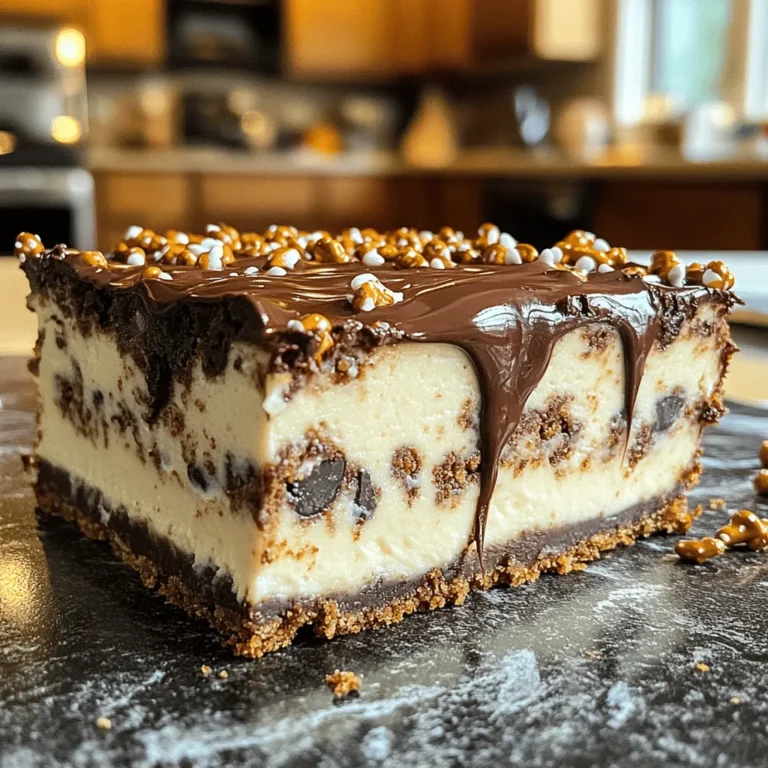 To make Chocolate Pretzel Cheesecake Bars, you need a few core ingredients: - 2 cups crushed pretzels - 1/2 cup unsalted butter, melted - 1/4 cup brown sugar - 16 oz cream cheese, softened - 1 cup granulated sugar - 1 teaspoon vanilla extract - 3 large eggs - 1 cup semisweet chocolate chips - 1/2 cup sour cream - 1/4 cup heavy cream These ingredients create a perfect blend of salty and sweet. If you have dietary needs, here are some alternatives: - Use gluten-free pretzels for a gluten-free option. - Replace cream cheese with dairy-free cream cheese for a dairy-free treat. - Use coconut cream instead of heavy cream for a lighter option. These substitutions help everyone enjoy this dessert. Selecting high-quality ingredients makes a big difference. Here are my tips: - Choose full-fat cream cheese for creaminess. - Look for high-quality semisweet chocolate chips. They should have a rich flavor. - Use real vanilla extract instead of imitation for better taste. Investing in good ingredients elevates your bars. 1. Preheat your oven to 325°F (160°C). This temperature is key for perfect baking. 2. Grease a 9x13-inch baking dish or use parchment paper. This helps with easy removal later. 3. In a medium bowl, mix 2 cups of crushed pretzels, 1/2 cup melted butter, and 1/4 cup brown sugar. Combine until it looks like wet sand. 4. Press this mixture firmly into the bottom of your prepared dish. Make sure it's even. 5. Bake the crust for 8 minutes. This gives it a nice crisp. Remove it from the oven and let it cool slightly. 1. In a large mixing bowl, beat 16 oz of softened cream cheese with an electric mixer. Mix until it is smooth. 2. Gradually add 1 cup of granulated sugar while beating. This makes the mixture creamy. 3. Mix in 1 teaspoon of vanilla extract for flavor. 4. Now, add 3 large eggs, one at a time. Beat well after each egg until fully mixed. 5. Melt 1 cup of semisweet chocolate chips and 1/4 cup of heavy cream together. You can do this in the microwave or over a double boiler until smooth. 6. Let the melted mix cool slightly. Then, mix it into the cheesecake batter. Add 1/2 cup of sour cream and stir until smooth. 1. Pour the cheesecake batter over your cooled pretzel crust. Spread it evenly with a spatula. 2. Tap the pan gently on the counter. This helps remove any trapped air bubbles. 3. Bake in your preheated oven for about 35-40 minutes. The center should be set but still a bit jiggly. 4. After baking, turn off the oven. Leave the cheesecake inside for 30 minutes. This allows for gentle cooling. 5. Remove the cheesecake from the oven. Let it cool completely at room temperature. 6. Once cooled, refrigerate for at least 4 hours, or overnight is best. This helps set the cheesecake perfectly. When making Chocolate Pretzel Cheesecake Bars, avoid these common mistakes: - Not cooling the crust: If you skip cooling the crust, the cheesecake can get too warm. This makes it hard to set. - Overmixing the batter: Mixing too much can add extra air. This may cause cracks in your bars. - Not tapping the pan: Failing to tap the pan can leave air bubbles. These bubbles can ruin the smooth texture. To prevent these issues, let the crust cool completely and mix just until smooth. To make your bars even better, consider these tips: - Use room temperature ingredients: Make sure your cream cheese and eggs are at room temp. This helps create a smooth batter. - Melt chocolate carefully: If the chocolate gets too hot, it can seize. Melt slowly using a microwave or a double boiler. - Add a pinch of salt: A small pinch of salt can enhance the sweet flavor. It balances the taste perfectly. These simple steps can greatly improve both texture and flavor. For a beautiful finish, try these presentation ideas: - Drizzle with chocolate sauce: A quick drizzle adds a nice touch. It looks fancy and tastes great. - Sprinkle crushed pretzels on top: This adds crunch and visual appeal. It ties back to the pretzel crust. - Serve with whipped cream: A dollop of whipped cream can elevate the dish. It adds creaminess and makes it feel special. These ideas make your bars not only tasty but also visually stunning. {{image_2}} You can easily change the flavor of your cheesecake bars. Want a sweeter touch? Add caramel to the batter. Just melt some caramel and swirl it in before baking. For a nutty taste, mix in peanut butter. It pairs great with chocolate! Another fun idea is to add a hint of espresso powder. This will enhance the chocolate flavor and give you a rich taste. Toppings can make your bars even better. You can sprinkle crushed nuts on top. Almonds or walnuts work well. Fresh fruits like strawberries or raspberries add color and taste. If you like sauces, drizzle chocolate or caramel sauce over each bar. Whipped cream is also a nice, fluffy option for serving. Get creative and mix and match your favorites! While pretzels make a great crust, you can try other options too. Graham cracker crumbs create a sweet base. You could also use crushed cookies like Oreos for a richer flavor. If you want a nutty crust, ground almonds or pecans are tasty choices. Just remember to mix them with butter and sugar for the best texture. To keep your chocolate pretzel cheesecake bars fresh, wrap them well. I like to use plastic wrap or aluminum foil. Place them in an airtight container. This way, they stay moist and tasty. Always store them in the fridge. Avoid leaving them out too long to keep them safe to eat. If you want to save some bars for later, freezing works great. First, cut the bars into squares. Then, wrap each square tightly in plastic wrap. Place the wrapped bars in a freezer-safe bag. Be sure to label the bag with the date. They can last up to three months in the freezer. To enjoy, just take out a bar and let it thaw in the fridge overnight. At room temperature, these bars can last for about two hours. If it is warm, it’s best to keep them cold. In the fridge, they are good for about five days. Just make sure to keep them covered to avoid drying out. Enjoying them within this time ensures they taste their best! Yes, you can make these bars ahead of time. I often prepare them a day before. This lets the flavors meld and the texture set nicely. After baking, cool them completely, then chill in the fridge. Cover them well to keep them fresh. When it's time to serve, they will taste even better! If you want a dairy-free option, try using vegan cream cheese. Brands like Tofutti and Kite Hill work well. You can also use silken tofu blended until smooth. This will give a creamy texture, too. Another option is cashew cream, made from soaked cashews and blended with a bit of lemon juice. To check if the bars are done, look for the center to be set but still jiggly. It should not look wet or runny. After baking, turn off the oven and leave them inside for 30 minutes. This helps them finish cooking gently. Then cool at room temperature before chilling. You learned how to make Chocolate Pretzel Cheesecake Bars step by step. We discussed the key ingredients and substitutions for different diets. Quality tips helped you choose the best items. I shared common mistakes and success tips to make sure your bars shine. You also found fun ways to add flavors and toppings. Finally, I covered storage and freezing methods to keep your bars fresh. Enjoy making these treats, and impress everyone with your skills!