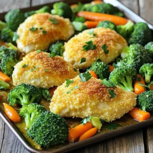 - Chicken and Marinade Ingredients - 4 boneless, skinless chicken breasts - 1 cup buttermilk - Coating Ingredients - 1 cup panko breadcrumbs - 1/2 cup grated Parmesan cheese - 2 tablespoons ranch seasoning mix - 1 teaspoon garlic powder - 1 teaspoon onion powder - 1 teaspoon smoked paprika - 1/2 teaspoon salt - 1/2 teaspoon black pepper - Vegetables and Seasonings - 2 cups broccoli florets - 2 cups baby carrots - 2 tablespoons olive oil - Fresh parsley, chopped (for garnish) To make this dish, start with fresh, high-quality chicken. The buttermilk makes the chicken tender and flavorful. The panko breadcrumbs add a nice crunch. Using grated Parmesan gives a rich taste. For the veggies, I love using broccoli and baby carrots. They hold up well in the oven and get nicely roasted. Olive oil helps them cook perfectly. You can also add fresh parsley at the end for a pop of color and freshness. This recipe is easy to adapt. You can swap in other veggies or proteins based on your taste. Just remember to keep the cooking times in mind for each ingredient. Enjoy your cooking journey! Marinating Process Start by marinating the chicken breasts in buttermilk. This step makes the chicken tender and juicy. Use a deep bowl and make sure the chicken is fully submerged. Let it sit for at least 30 minutes. For best results, marinate overnight in the fridge. This extra time allows more flavor to soak in. Coating the Chicken with Breadcrumb Mixture Once marinated, take the chicken out. Let the excess buttermilk drip off. In another bowl, mix panko breadcrumbs, grated Parmesan, ranch seasoning, garlic powder, onion powder, smoked paprika, salt, and black pepper. Stir well to combine everything. Dredge each chicken piece in the breadcrumb mix. Ensure every part is coated well. This coating will create a nice crispy crust when baked. Tossing Veggies with Olive Oil and Seasonings Next, grab your broccoli and baby carrots. In a separate bowl, toss these veggies with olive oil, salt, and pepper. Make sure they are evenly coated. This step adds flavor and helps them roast nicely. Arranging on Sheet Pan Now it's time to arrange the chicken and veggies on the sheet pan. Place the breaded chicken on one side. Spread the tossed veggies on the other side. This keeps them from overlapping, ensuring even cooking. Oven Temperature and Timing Preheat your oven to 425°F (220°C). Once preheated, place the sheet pan in the oven and bake for 25-30 minutes. The high heat will help everything cook fast and evenly. Checking for Doneness To check if the chicken is done, use a meat thermometer. The internal temperature should reach 165°F (74°C). The chicken should look golden brown. The veggies will be tender and slightly caramelized. If everything looks good, it’s time to take it out! Overnight vs. Quick Marinade Marinating chicken is key for taste. You can marinate for 30 minutes, but overnight gives best flavor. The longer soak helps chicken absorb the buttermilk. This makes it juicy and tender. Flavor Enhancements Want more flavor? Add fresh herbs like thyme or rosemary to your marinade. You can also squeeze in lemon juice. This adds a zesty kick. Ensuring Even Coating For a crisp crust, coat chicken well. Dip in buttermilk first, then cover it in the breadcrumb mix. Press the crumbs gently to stick. This way, every bite is crunchy. Substitutions for Breadcrumbs Out of panko? Use crushed crackers or cornflakes instead. They give a nice crunch too. Gluten-free? Try almond flour or gluten-free breadcrumbs. Ideal Vegetable Combinations Broccoli and carrots work great together. You can add bell peppers or zucchini for more color and taste. Just remember to cut them evenly for even cooking. Tips for Tenderness and Flavor Toss veggies in olive oil well. This helps them roast nicely. Season with salt and pepper for flavor. If you want more, sprinkle garlic powder or Italian herbs. This makes them taste amazing! {{image_2}} You can switch chicken breasts for thighs. Thighs stay moist and add rich flavor. You can also use tofu for a plant-based choice. Press and cube the tofu before marinating. For seafood lovers, fish like salmon works well. It cooks fast and pairs great with ranch flavors. Feel free to change the veggies based on what’s in season. Zucchini, bell peppers, or asparagus can add color and taste. You can also mix in sweet potatoes for a sweet touch. For extra flavor, add garlic cloves or cherry tomatoes. They roast well and bring brightness to the dish. Experiment with different seasonings to change the flavor. Try taco seasoning for a spicy kick. You can also swap the ranch mix for Italian herbs. For a twist, brush the chicken with a teriyaki sauce. This adds a sweet and savory taste. Each variation brings new life to this easy sheet-pan meal. - Refrigeration Guidelines Allow the chicken and veggies to cool. Place them in an airtight container. Store in the fridge. They will stay fresh for up to three days. - Best Practices for Freezing To freeze, let the dish cool completely. Use freezer-safe bags or containers. Label them with the date. They can last up to three months in the freezer. Thaw in the fridge before reheating. - Oven vs. Microwave The oven gives the best results. Preheat to 350°F (175°C). Place the chicken and veggies on a baking sheet. Heat for about 15-20 minutes. The microwave is quicker but may not keep the texture. Heat on medium for 2-3 minutes. Check to make sure it’s warm throughout. - How Long It Lasts in the Fridge In the fridge, the dish lasts for three days. Always check for freshness before eating. If it smells off, throw it away. - Signs of Spoilage Look for changes in color or texture. If the chicken feels slimy or the veggies are mushy, discard them. Always trust your senses; if in doubt, don’t eat it. To check if your chicken is done, use a meat thermometer. The chicken should reach an internal temperature of 165°F (74°C). This ensures it is safe to eat. Look for clear juices when you cut into the chicken. If the juices run clear, your chicken is cooked. Yes, you can prepare this recipe ahead. Marinate the chicken in buttermilk the night before. This adds great flavor and tenderness. Keep the marinated chicken in the fridge until you are ready to bake. For veggies, you can chop and toss them with oil and spices ahead of time too. You can serve this dish with various sides. Some tasty options include: - Rice or quinoa - Mashed potatoes - Garlic bread - A fresh salad For sauces, consider ranch dressing or a tangy vinaigrette. These pair nicely with the flavors. Now you know how to make Sheet-Pan Parmesan Ranch Chicken with Veggies. We covered all the key ingredients, steps, and helpful tips. From the marinating process to the right baking time, you have the tools you need. Don't forget the variations and storage info to keep meals fresh. You can explore different proteins, veggies, and flavors. Whether for a busy night or meal prep, this recipe fits perfectly. Enjoy your cooking journey and create delicious meals with ease.