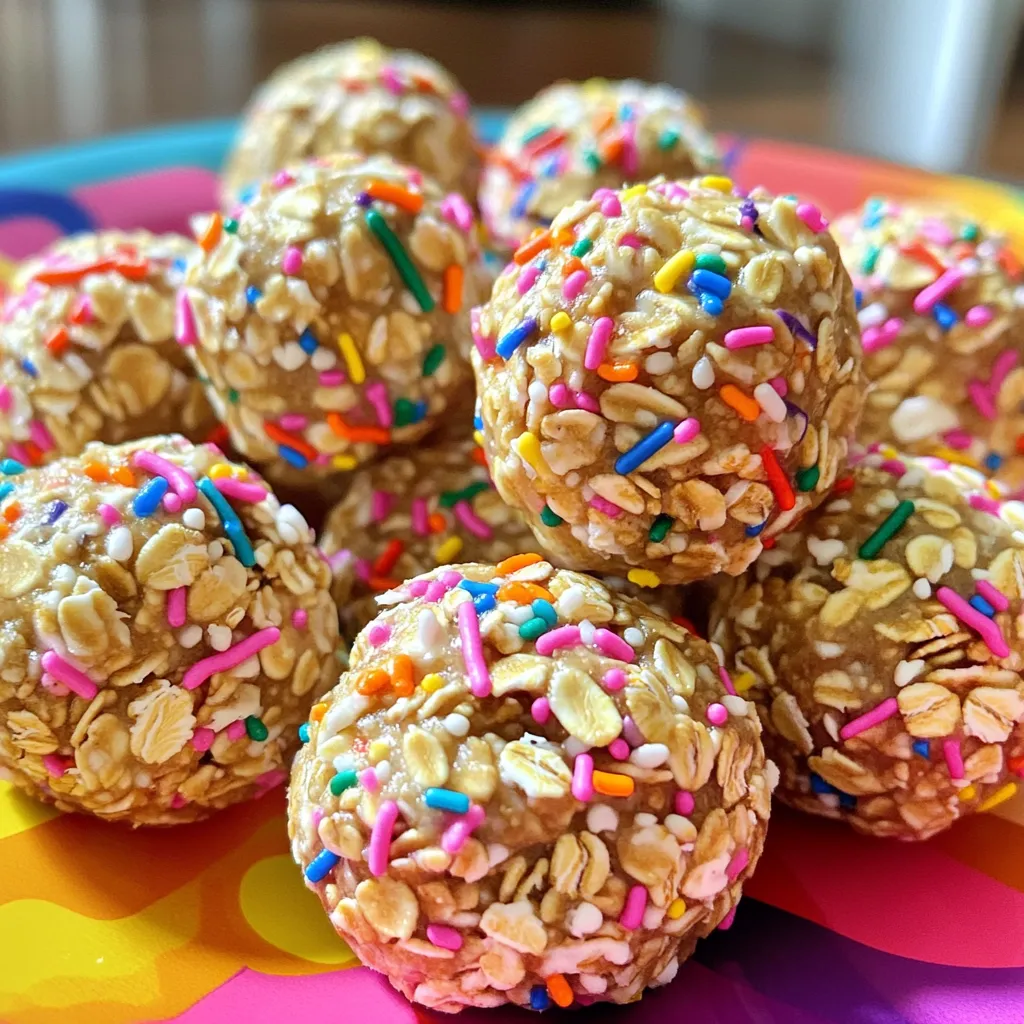 Here are the ingredients you will need to make No-Bake Birthday Cake Energy Bites: - 1 cup rolled oats - 1/2 cup almond butter (or nut butter of choice) - 1/4 cup honey or maple syrup - 1/2 cup vanilla protein powder (optional) - 1/4 cup sprinkles (natural options suggested) - 1 teaspoon vanilla extract - 1/4 cup almond flour (or coconut flour) - Pinch of salt These ingredients create a fun and tasty treat. The oats provide fiber, while the nut butter adds healthy fats. Honey or maple syrup sweetens the bites naturally. If you want more protein, add the protein powder. Sprinkles make the bites festive and colorful. Vanilla extract gives a lovely flavor, and the almond or coconut flour helps bind everything together. Lastly, the pinch of salt balances the sweetness. Enjoy gathering these items for a fun kitchen adventure! Start by gathering a large mixing bowl. Add 1 cup of rolled oats. Next, scoop in 1/2 cup of almond butter. You can use any nut butter you like. Then, pour in 1/4 cup of honey or maple syrup. If you want extra protein, add 1/2 cup of vanilla protein powder. Toss in 1/4 cup of sprinkles for fun and 1 teaspoon of vanilla extract for flavor. Finally, sprinkle in a pinch of salt. Use a spatula or your hands to mix everything well. The mix should feel sticky but hold together when squeezed. If your mix feels too sticky, add a little more almond flour. You can also use coconut flour if you prefer. If it seems too dry, just add a bit more almond butter or honey. This step is key for making perfect bites that hold their shape. Once everything is mixed and the consistency is right, chill the mixture for about 15 minutes. This helps it firm up. After chilling, scoop out tablespoon-sized portions. Roll these portions into bite-sized balls using your hands. If you want, roll some of the bites in extra sprinkles for a festive touch. Place the energy bites on a baking sheet lined with parchment paper. Finally, refrigerate them again for about 30 minutes to set. To get the best texture for your energy bites, use almond flour or nut butter. If the mix feels too sticky, add more almond flour. If it is too dry, add a bit more nut butter or honey. This small change can make a big difference. The goal is a sticky mix that holds together well. Serving these energy bites can be fun! Use a colorful platter or cute cups to display them. Add small birthday flags for a festive touch. You can also use theme decorations based on the party. This makes your snacks look as good as they taste! Feel free to customize your bites! You can add chocolate chips, dried fruit, or seeds. If you have dietary needs, use nut-free butter or agave syrup instead of honey. This way, everyone can enjoy these tasty treats! {{image_2}} You can switch up the flavors in these energy bites. For a chocolate chip birthday cake version, just add mini chocolate chips to the mix. The sweet chocolate pairs well with the vanilla flavors. You can also make peanut butter energy bites. Just use peanut butter instead of almond butter and add chocolate sprinkles for a fun twist. If you need vegan options, swap honey for agave nectar. This keeps the bites sweet and plant-based. For gluten-free energy bites, choose certified gluten-free oats. This way, everyone can enjoy these tasty treats without worry. You can make these bites festive for any season. During the holidays, add peppermint extract for a minty flavor. In fall, use pumpkin spice to give a warm, cozy taste. These small changes can make your energy bites fit any celebration! To keep your no-bake birthday cake energy bites fresh, store them in an airtight container. Place the container in the refrigerator. This method keeps them tasty for longer. Make sure to layer parchment paper between the bites if you stack them. This prevents sticking and makes for easy grabbing. You can freeze these energy bites for even longer storage. First, place the bites on a baking sheet lined with parchment paper. Freeze them for about an hour. Once firm, transfer them to a freezer-safe bag or container. When you want to enjoy them, thaw them in the fridge overnight. This keeps their texture and flavor intact. These energy bites are best enjoyed fresh, but they can last. In the fridge, they stay good for about one week. If frozen, they can last up to three months. Just remember to check for any signs of spoilage, like an off smell or change in texture. Enjoy your tasty treats! Yes, you can use other nut butters. Peanut butter is a popular choice. Sunflower seed butter works well too, especially for nut-free options. Cashew butter adds a creamy texture and flavor. Each nut butter brings its own taste, so feel free to experiment. Just keep the same amount when swapping. To boost protein, add more protein powder. You can use whey or plant-based protein. Greek yogurt is another great addition if you want a creamy texture. Chia seeds or hemp seeds can also increase protein while adding healthy fats. Mix them in to help keep these bites filling. Yes, you can make these bites allergen-free. Use sunflower seed butter in place of nut butter. Substitute honey with maple syrup for a vegan option. For dairy-free needs, skip the protein powder or choose a plant-based one. Make sure the sprinkles are free from allergens too. These energy bites are easy to make and fun to eat. You just need simple ingredients like oats, almond butter, and honey. Mix everything up, scoop, and roll them into balls. You can customize them with different flavors and toppings. Store them in the fridge or freeze for later. Try these ideas for a tasty snack or treat! Enjoy making your energy bites and share them with friends. You’ll love how they fit any occasion. Get creative and make them your own!