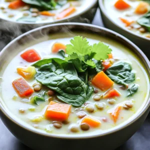 To make Slow Cooker Coconut Curry Lentil Soup, gather these ingredients: - 1 cup dried green or brown lentils, rinsed - 1 can (14 oz) coconut milk - 4 cups vegetable broth - 1 medium onion, diced - 2 cloves garlic, minced - 1 inch fresh ginger, grated - 1 red bell pepper, diced - 1 medium carrot, diced - 1 tablespoon red curry paste - 1 teaspoon turmeric powder - 1 teaspoon cumin - 1 teaspoon coriander - 1 tablespoon soy sauce (or tamari for gluten-free) - Salt and pepper to taste - 2 cups fresh spinach, roughly chopped - Juice of 1 lime - Fresh cilantro for garnish When picking fresh ingredients, look for bright colors and firm textures. - Choose lentils that are whole and free of cracks. - Select onions that feel heavy and have dry skins. - Pick bell peppers that are firm and shiny. - Look for carrots that are crisp and smooth. - Use fresh ginger that is firm and has a strong scent. You can easily swap some ingredients for allergies or preferences. - For soy sauce, use coconut aminos for a soy-free option. - If you have a nut allergy, ensure the coconut milk is safe for you. - For gluten-free, use tamari instead of regular soy sauce. - You can also replace spinach with kale or Swiss chard if needed. Start by rinsing 1 cup of lentils. This step helps remove any dust. Next, chop 1 medium onion and dice 1 red bell pepper. Mince 2 cloves of garlic and grate a 1-inch piece of fresh ginger. Dice 1 medium carrot as well. Gather all these ingredients to make the process smooth. In your slow cooker, combine the rinsed lentils, onion, garlic, ginger, bell pepper, and carrot. Add 1 can of coconut milk and 4 cups of vegetable broth. Then, mix in 1 tablespoon of red curry paste, 1 teaspoon of turmeric, 1 teaspoon of cumin, and 1 teaspoon of coriander. Pour in 1 tablespoon of soy sauce and sprinkle some salt and pepper. Stir everything well. Cover the slow cooker and set it to low for 6-7 hours or high for 3-4 hours. You want the lentils to be tender. This slow cooking makes the flavors rich and deep. After the cooking time, stir in 2 cups of fresh spinach. Let it wilt for a few minutes. This adds a bright color and fresh taste. Before serving, squeeze the juice of 1 lime into the pot. Taste the soup and adjust the salt and pepper if needed. Serve hot, garnished with fresh cilantro on top for a lovely finish. To enhance the flavor of your soup, always use fresh spices. Fresh spices have more aroma and taste. Start with the red curry paste; it adds a warm kick. You can mix in a bit more or less, based on your spice level. Adding lime juice at the end brightens the dish. It gives a fresh and zesty finish. Taste as you go, and adjust with salt or pepper if needed. Feel free to add a splash of soy sauce for umami depth. If your soup is too thick, add more vegetable broth. A little at a time helps reach your desired texture. Stir well after each addition. For a thicker soup, mash some lentils with a fork. This creates a creamy base without needing cream. You can also blend a portion for a smooth feel. Just remember to keep some lentils whole for texture. Rinse lentils before cooking to remove dust and debris. This simple step can improve the taste. Lentils do not need soaking, making them quick to use. Monitor cooking time; overcooked lentils turn mushy. Aim for tender, yet firm lentils. Always check for doneness after a few hours. Adding spinach at the end keeps it bright and fresh. You want it wilted, not overcooked. {{image_2}} You can make this soup your own by adding different vegetables. Try adding zucchini, sweet potatoes, or peas. Each veggie brings a new taste and texture. For example, zucchini softens well and adds a light flavor. Sweet potatoes add a sweet, creamy element. Peas can give a pop of color and sweetness. Feel free to mix and match your favorites to keep it fresh. If you want more protein, add tofu or chickpeas. Tofu is great for a soft texture. You can use firm tofu, diced and added near the end of cooking. Chickpeas add a nice bite and heartiness. You can use canned chickpeas for ease. Simply rinse and toss them in during the last hour of cooking. Both options make the soup filling and nutritious. You can easily adjust the spice level to suit your taste. If you like heat, add more red curry paste. You can also include fresh chili peppers for a kick. On the other hand, if you prefer mild flavors, reduce the curry paste. Taste as you go to find your perfect balance. Remember, it’s all about what you enjoy! To store leftovers, let the soup cool to room temperature. Then, pour it into an airtight container. You can keep it in the fridge for up to five days. Make sure to label the container with the date. This way, you will know when to eat it. If you want to freeze the soup, use freezer-safe containers. Leave some space at the top for expansion. The soup can last up to three months in the freezer. When you're ready to eat it, just take it out and let it thaw in the fridge overnight. To reheat the soup, you can use the microwave or stovetop. If using the microwave, heat it in short bursts. Stir it in between to ensure even heating. For the stovetop, heat it on low and stir often. You can add a splash of water or broth to help it warm up. Enjoy your comforting soup! Yes, you can make this soup on the stovetop. First, sauté the onion, garlic, and ginger in a pot. Then, add the diced red bell pepper and carrot. Stir for a few minutes. Next, add the rinsed lentils, coconut milk, vegetable broth, and spices. Bring the mix to a boil, then reduce the heat. Let it simmer for 25-30 minutes until the lentils are tender. Stir in the spinach and lime juice before serving. If you want to replace coconut milk, try using almond milk or cashew cream. Both options give a creamy texture, but the flavor will change. You can also use regular milk, but it will not be dairy-free. Adjust seasonings to balance the flavors. This soup lasts about 4-5 days in the fridge. Store it in an airtight container to keep it fresh. If you want to keep it longer, consider freezing it. When frozen, it can last up to 3 months. Just thaw it overnight in the fridge before reheating. This blog post covered how to make a tasty, healthy soup. We discussed essential ingredients, including tips for choosing fresh ones and allergen substitutions. The step-by-step guide made preparation easy, and the cooking tips helped improve flavor and texture. We explored fun variations, from adding veggies to adjusting spice levels. Lastly, proper storage and reheating instructions ensure your soup stays fresh. Now, you have the knowledge to create a delicious soup anytime. Enjoy your cooking adventure and make it your own!