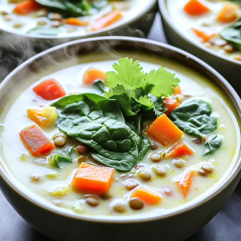 To make Slow Cooker Coconut Curry Lentil Soup, gather these ingredients: - 1 cup dried green or brown lentils, rinsed - 1 can (14 oz) coconut milk - 4 cups vegetable broth - 1 medium onion, diced - 2 cloves garlic, minced - 1 inch fresh ginger, grated - 1 red bell pepper, diced - 1 medium carrot, diced - 1 tablespoon red curry paste - 1 teaspoon turmeric powder - 1 teaspoon cumin - 1 teaspoon coriander - 1 tablespoon soy sauce (or tamari for gluten-free) - Salt and pepper to taste - 2 cups fresh spinach, roughly chopped - Juice of 1 lime - Fresh cilantro for garnish When picking fresh ingredients, look for bright colors and firm textures. - Choose lentils that are whole and free of cracks. - Select onions that feel heavy and have dry skins. - Pick bell peppers that are firm and shiny. - Look for carrots that are crisp and smooth. - Use fresh ginger that is firm and has a strong scent. You can easily swap some ingredients for allergies or preferences. - For soy sauce, use coconut aminos for a soy-free option. - If you have a nut allergy, ensure the coconut milk is safe for you. - For gluten-free, use tamari instead of regular soy sauce. - You can also replace spinach with kale or Swiss chard if needed. Start by rinsing 1 cup of lentils. This step helps remove any dust. Next, chop 1 medium onion and dice 1 red bell pepper. Mince 2 cloves of garlic and grate a 1-inch piece of fresh ginger. Dice 1 medium carrot as well. Gather all these ingredients to make the process smooth. In your slow cooker, combine the rinsed lentils, onion, garlic, ginger, bell pepper, and carrot. Add 1 can of coconut milk and 4 cups of vegetable broth. Then, mix in 1 tablespoon of red curry paste, 1 teaspoon of turmeric, 1 teaspoon of cumin, and 1 teaspoon of coriander. Pour in 1 tablespoon of soy sauce and sprinkle some salt and pepper. Stir everything well. Cover the slow cooker and set it to low for 6-7 hours or high for 3-4 hours. You want the lentils to be tender. This slow cooking makes the flavors rich and deep. After the cooking time, stir in 2 cups of fresh spinach. Let it wilt for a few minutes. This adds a bright color and fresh taste. Before serving, squeeze the juice of 1 lime into the pot. Taste the soup and adjust the salt and pepper if needed. Serve hot, garnished with fresh cilantro on top for a lovely finish. To enhance the flavor of your soup, always use fresh spices. Fresh spices have more aroma and taste. Start with the red curry paste; it adds a warm kick. You can mix in a bit more or less, based on your spice level. Adding lime juice at the end brightens the dish. It gives a fresh and zesty finish. Taste as you go, and adjust with salt or pepper if needed. Feel free to add a splash of soy sauce for umami depth. If your soup is too thick, add more vegetable broth. A little at a time helps reach your desired texture. Stir well after each addition. For a thicker soup, mash some lentils with a fork. This creates a creamy base without needing cream. You can also blend a portion for a smooth feel. Just remember to keep some lentils whole for texture. Rinse lentils before cooking to remove dust and debris. This simple step can improve the taste. Lentils do not need soaking, making them quick to use. Monitor cooking time; overcooked lentils turn mushy. Aim for tender, yet firm lentils. Always check for doneness after a few hours. Adding spinach at the end keeps it bright and fresh. You want it wilted, not overcooked. {{image_2}} You can make this soup your own by adding different vegetables. Try adding zucchini, sweet potatoes, or peas. Each veggie brings a new taste and texture. For example, zucchini softens well and adds a light flavor. Sweet potatoes add a sweet, creamy element. Peas can give a pop of color and sweetness. Feel free to mix and match your favorites to keep it fresh. If you want more protein, add tofu or chickpeas. Tofu is great for a soft texture. You can use firm tofu, diced and added near the end of cooking. Chickpeas add a nice bite and heartiness. You can use canned chickpeas for ease. Simply rinse and toss them in during the last hour of cooking. Both options make the soup filling and nutritious. You can easily adjust the spice level to suit your taste. If you like heat, add more red curry paste. You can also include fresh chili peppers for a kick. On the other hand, if you prefer mild flavors, reduce the curry paste. Taste as you go to find your perfect balance. Remember, it’s all about what you enjoy! To store leftovers, let the soup cool to room temperature. Then, pour it into an airtight container. You can keep it in the fridge for up to five days. Make sure to label the container with the date. This way, you will know when to eat it. If you want to freeze the soup, use freezer-safe containers. Leave some space at the top for expansion. The soup can last up to three months in the freezer. When you're ready to eat it, just take it out and let it thaw in the fridge overnight. To reheat the soup, you can use the microwave or stovetop. If using the microwave, heat it in short bursts. Stir it in between to ensure even heating. For the stovetop, heat it on low and stir often. You can add a splash of water or broth to help it warm up. Enjoy your comforting soup! Yes, you can make this soup on the stovetop. First, sauté the onion, garlic, and ginger in a pot. Then, add the diced red bell pepper and carrot. Stir for a few minutes. Next, add the rinsed lentils, coconut milk, vegetable broth, and spices. Bring the mix to a boil, then reduce the heat. Let it simmer for 25-30 minutes until the lentils are tender. Stir in the spinach and lime juice before serving. If you want to replace coconut milk, try using almond milk or cashew cream. Both options give a creamy texture, but the flavor will change. You can also use regular milk, but it will not be dairy-free. Adjust seasonings to balance the flavors. This soup lasts about 4-5 days in the fridge. Store it in an airtight container to keep it fresh. If you want to keep it longer, consider freezing it. When frozen, it can last up to 3 months. Just thaw it overnight in the fridge before reheating. This blog post covered how to make a tasty, healthy soup. We discussed essential ingredients, including tips for choosing fresh ones and allergen substitutions. The step-by-step guide made preparation easy, and the cooking tips helped improve flavor and texture. We explored fun variations, from adding veggies to adjusting spice levels. Lastly, proper storage and reheating instructions ensure your soup stays fresh. Now, you have the knowledge to create a delicious soup anytime. Enjoy your cooking adventure and make it your own!