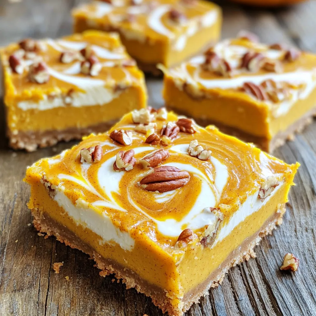 - 1 ½ cups all-purpose flour - 1 cup canned pumpkin puree - 8 oz cream cheese, softened For this recipe, accurate measurements matter. Here are some cup conversions: - 1 cup = 8 ounces - ½ cup = 4 ounces - ⅓ cup = about 2.67 ounces You can add optional toppings like chopped pecans for extra crunch. They add great flavor and texture. If you need gluten-free options, use almond flour or a gluten-free blend. Both work well in this recipe. For dairy-free alternatives, try vegan cream cheese. It gives a similar taste and texture without the dairy. First, you need to prep your baking pan. Grease a 9x13 inch pan with butter or cooking spray. This helps the bars come out easily. Next, line the bottom with parchment paper. Leave some paper hanging over the edges. This makes it easy to lift the bars out later. Now, take a medium bowl. Whisk together the following dry ingredients: - 1 ½ cups all-purpose flour - 1 teaspoon baking powder - ½ teaspoon baking soda - 1 teaspoon ground cinnamon - 1 teaspoon ground nutmeg - ½ teaspoon ground ginger - ¼ teaspoon salt Mix them well. This step helps the flavors blend and ensures even baking. In a large bowl, combine the wet ingredients. You will need: - 1 cup canned pumpkin puree - 1 cup granulated sugar - ½ cup brown sugar - ½ cup vegetable oil - 3 large eggs - 1 teaspoon vanilla extract Mix until everything is smooth. This pumpkin mixture gives your bars that delicious flavor. In a separate bowl, beat 8 oz of softened cream cheese until creamy. Add ⅓ cup powdered sugar and 1 teaspoon vanilla extract. Mix until smooth. Now, drop spoonfuls of this cream cheese mixture over the pumpkin batter. Use a knife to swirl the cream cheese into the pumpkin layer. This creates a pretty marble effect. Preheat your oven to 350°F (175°C). Pour the pumpkin batter into your prepared pan. Bake for 30-35 minutes. To check if they are done, insert a toothpick into the center. If it comes out clean, they are ready. Let the bars cool for at least 30 minutes before lifting them out. Then, cut into squares and enjoy! To get the right texture, avoid a few common mistakes. First, do not overmix the batter. Mix until just combined to keep the bars light. If you mix too much, they can become dense. Second, make sure your cream cheese is at room temperature. This helps it blend smoothly into the batter. Lastly, check your oven temperature. An oven that is too hot can burn the edges before the center cooks. These bars taste great on their own, but they shine with a few pairings. Serve them warm with a scoop of vanilla ice cream for extra delight. A dollop of whipped cream adds a nice touch, too. You can also drizzle caramel sauce over the top. For a nutty crunch, sprinkle more chopped pecans on each piece. Each option adds fun flavors and textures. To keep your bars fresh, store them in an airtight container. Place a piece of parchment paper between layers to prevent sticking. They will stay good in the fridge for about five days. For longer storage, freeze them in individual pieces. Wrap each piece tightly in plastic wrap, then place them in a freezer bag. You can enjoy them later without losing flavor. {{image_2}} You can change the spices to suit your taste. Try using allspice for a warm kick. Cardamom adds a unique twist too. You can even mix in some vanilla bean for added flavor depth. Consider using pumpkin pie spice if you want an easy option. This spice mix gives a classic pumpkin taste in one scoop. If you want a vegan version, swap the cream cheese. Use a plant-based cream cheese instead. Look for brands that are rich and creamy. For eggs, use flaxseed meal. Just mix one tablespoon of flaxseed meal with three tablespoons of water. Let it sit until it thickens, and use it in place of each egg. Fall is about more than just pumpkin. You can add apple or pear to your bars for a fresh taste. Chopped apples bring sweetness and crunch. Adding a touch of maple syrup can give a nice autumn flavor. Try mixing in some cranberries for a tart burst. These changes can take your dessert from good to great! To keep your Pumpkin Spice Cream Cheese Bars fresh, store them in the fridge. Use an airtight container. This helps keep moisture in and prevents them from drying out. You can also wrap them tightly in plastic wrap. They stay fresh for about 4 to 5 days in the fridge. If you notice any odd smells, it’s time to toss them. If you want to save your bars for later, freezing is a great option. Start by cutting them into squares. Wrap each piece well in plastic wrap, then place them in a freezer-safe bag. This prevents freezer burn. You can store them for up to 3 months. When you want to enjoy them, just thaw them in the fridge overnight. To enjoy your bars warm, preheat your oven to 350°F (175°C). Place the bars on a baking sheet. Heat them for about 10-15 minutes. This helps maintain their soft texture. You can also use the microwave. Heat each square for about 15-20 seconds. Enjoy them warm for the best flavor and texture! To check if your bars are done, use the toothpick test. Insert a toothpick into the center of the bars. If it comes out clean or with a few crumbs, the bars are ready. It’s important not to overbake them, as this can make them dry. You want them soft and moist, with a slight bounce. Yes, you can make these bars ahead of time. Bake and cool them completely. After that, wrap them tightly in plastic wrap. Store them in the fridge for up to three days. If you need to keep them longer, consider freezing. Just thaw them in the fridge when you are ready to serve. This makes them perfect for parties or gatherings. If you don't have pumpkin puree, you can use other options. Mashed sweet potatoes or butternut squash work well. You can also use applesauce for a different flavor. Just make sure the texture is similar to pumpkin puree. This keeps your bars soft and moist. In this blog post, we explored the ingredients, instructions, and tips for making Pumpkin Spice Cream Cheese Bars. You learned about key ingredients, measurement details, and how to consider allergies. We also walked through step-by-step instructions and shared ways to achieve the perfect texture. Remember, these bars are flexible with flavor variations and easy to store. Enjoy creating your delicious pumpkin treats, and don’t hesitate to experiment!
