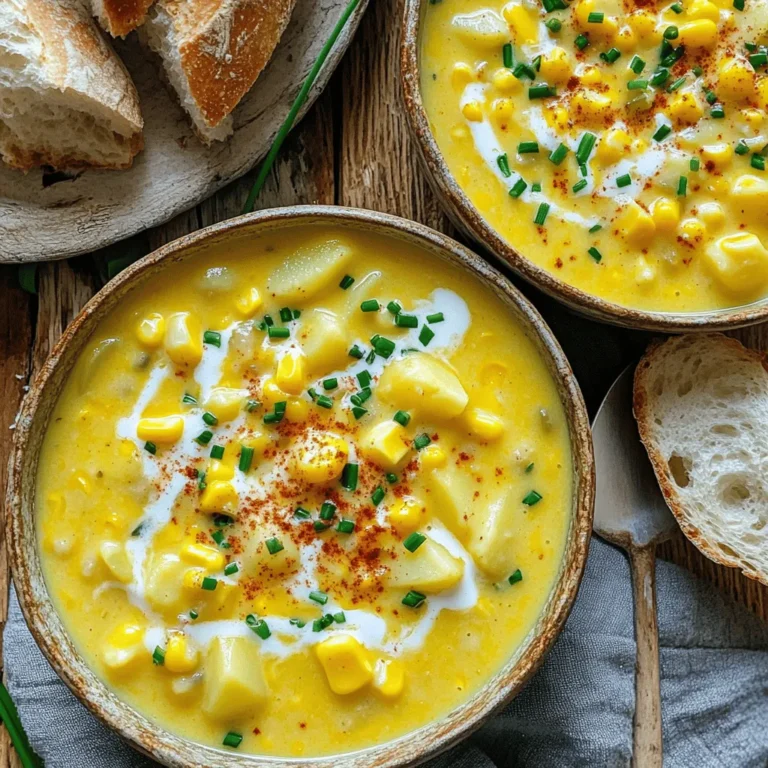 For this creamy corn chowder, you will need: - 4 cups frozen sweet corn (or 6 fresh corn cobs, kernels removed) - 1 large onion, diced - 2 cloves garlic, minced - 3 medium potatoes, peeled and diced - 3 cups vegetable broth - 1 cup heavy cream (or coconut milk for a dairy-free option) - 1 teaspoon dried thyme - 1 teaspoon smoked paprika - Salt and black pepper to taste - 2 tablespoons olive oil These ingredients create a base full of flavor and texture. You can also add some tasty extras: - Fresh chives or parsley for garnish - A sprinkle of cheese on top - Crunchy bacon bits for a savory touch Each of these can make your chowder even more special. If you have dietary needs, here are some options: - For dairy-free, use coconut milk instead of heavy cream. - For gluten-free, ensure your vegetable broth is certified gluten-free. - If you want it vegan, skip the cream and use coconut milk. These swaps let everyone enjoy this dish without worry. Start by gathering your ingredients. You will need: - 4 cups frozen sweet corn (or 6 fresh corn cobs, kernels removed) - 1 large onion, diced - 2 cloves garlic, minced - 3 medium potatoes, peeled and diced - 3 cups vegetable broth - 1 cup heavy cream (or coconut milk for a dairy-free option) - 1 teaspoon dried thyme - 1 teaspoon smoked paprika - Salt and black pepper to taste - 2 tablespoons olive oil - Fresh chives or parsley for garnish In a medium skillet, heat the olive oil over medium heat. Add the diced onion. Cook it for about 5 minutes until it looks clear. Then, add the minced garlic and cook for 1 more minute until it smells great. Now, transfer the onion and garlic mix to your slow cooker. Add the frozen corn or fresh corn, the diced potatoes, and the vegetable broth. Next, add the dried thyme, smoked paprika, salt, and pepper. Give everything a good stir to mix well. Cover the slow cooker and cook on low for 6-7 hours or on high for 3-4 hours. You want the potatoes to be soft and tender. After cooking, use a potato masher to mash some of the corn and potatoes. This gives the chowder a creamy feel but still leaves some chunks for texture. Stir in the heavy cream or coconut milk until it blends well. Heat the chowder for another 15-20 minutes on low. Taste it and add more salt and pepper if you want. To serve, ladle the chowder into bowls. You can add a drizzle of cream on top and garnish with chopped chives or parsley. Enjoy with some crusty bread for dipping! To make your corn chowder creamy, use heavy cream or coconut milk. These options give a rich texture. When the chowder is done cooking, mash some corn and potatoes with a potato masher. This helps create a smooth base while leaving some chunks for texture. You can also blend a portion of the chowder in a blender for extra creaminess. Just be careful not to blend all of it. Flavor is key in making a great chowder. Start by sautéing the onion and garlic in olive oil. This step adds depth and warmth. Use smoked paprika for a subtle smoky taste. Dried thyme complements the corn well. Adjust salt and pepper to fit your taste. For an extra kick, try adding a splash of hot sauce or a sprinkle of cayenne pepper. Busy days call for easy meal prep. Chop your onions and dice potatoes the night before. Store them in the fridge until you’re ready to cook. You can also sauté the onions and garlic ahead of time. Just keep them in an airtight container, and add them to the slow cooker in the morning. If you use frozen corn, there’s no need to thaw it. Just toss it in the slow cooker straight from the freezer. This saves time and keeps the meal simple. {{image_2}} You can make your corn chowder even better with fun add-ins. Try adding diced bell peppers for crunch. Chopped carrots bring sweetness and color too. You can also mix in cooked bacon or ham for a savory twist. If you like beans, white beans add protein and texture. You can get creative and use what you have at home! To make this chowder dairy-free, just swap heavy cream for coconut milk. Coconut milk adds a rich taste. You can also use almond milk for a lighter option. If you want to keep it vegan, make sure your broth is vegetable-based. This way, everyone can enjoy a warm bowl of chowder! If you love heat, you can spice up your chowder. Add diced jalapeños or a pinch of cayenne pepper. For a smoky flavor, try adding chipotle peppers. You can also use hot sauce to taste. Start with a little, then add more if you dare! Enjoy the kick in every spoonful. After making your creamy corn chowder, let it cool. Transfer any leftovers to an airtight container. Store it in the fridge for up to 4 days. When you’re ready to eat, check for any signs of spoilage before diving in. If you want to save some for later, freezing is a great option. Allow the chowder to cool completely first. Pour it into freezer-safe bags or containers. Label them with the date. You can freeze it for up to 3 months. When you’re ready to enjoy it again, thaw it overnight in the fridge. To reheat, pour the chowder into a pot over medium heat. Stir often to prevent sticking. Heat until it is warm throughout. You can also reheat it in the microwave. Place it in a microwave-safe bowl and cover it. Heat in short bursts, stirring in between. This ensures even heating and keeps it creamy. Adjust the seasoning if needed before serving. Yes, you can use fresh corn! If you prefer fresh corn, take 6 corn cobs. Remove the kernels from the cobs and add them to your slow cooker. Fresh corn gives a sweet and bright flavor that really shines in chowder. Just remember, fresh corn may cook a bit faster than frozen corn, so keep an eye on it. Making this chowder gluten-free is easy! All you need to do is use gluten-free vegetable broth. Check the label to ensure there are no hidden gluten ingredients. The rest of the ingredients, like corn, potatoes, and cream, are already gluten-free. So, you can enjoy this tasty dish without worry! Absolutely! You can prep this chowder the night before. Just chop your veggies and mix everything in the slow cooker. Store it in the fridge overnight. In the morning, take it out and set it to cook. It’s a great way to save time on busy days! We explored key ingredients for corn chowder, including ideas for variations and dietary swaps. I shared step-by-step instructions for prep, slow cooking, and finishing touches. You also learned tips for creaminess, flavor, and time management. We discussed storage options, plus answered common questions. Corn chowder is simple to make and fun to customize. With these insights, you can enjoy a delicious bowl any time!