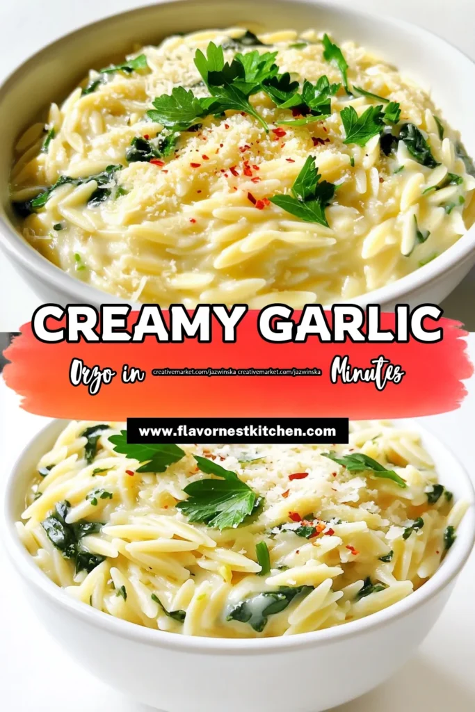 Indulge in a creamy garlic Parmesan orzo with spinach that's sure to delight your taste buds! This easy recipe combines tender orzo pasta, fresh spinach, and rich Parmesan cheese in a savory sauce, making it the perfect comfort dish for any meal. Ready in just 25 minutes, it's both simple and satisfying. Click through to discover how to make this delicious dish! #CreamyGarlicParmesan #OrzoRecipes #ComfortFood #SpinachRecipes