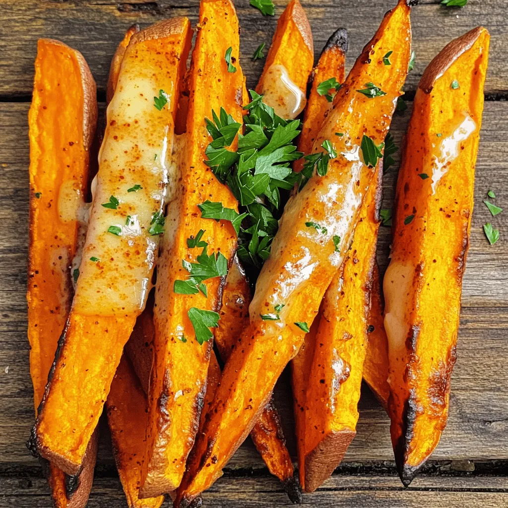- 2 large sweet potatoes - 4 tablespoons unsalted butter - 4 garlic cloves - 1 teaspoon smoked paprika - 1 teaspoon salt - ½ teaspoon black pepper - 2 tablespoons fresh parsley The heart of this recipe is the sweet potatoes. They provide a soft, sweet base. The garlic butter adds rich flavor and depth. You’ll love how the smoked paprika gives a nice warmth. The salt and pepper balance the dish perfectly. Fresh parsley brings a splash of color and freshness. - Additional spices to enhance flavor - Suggested dips for serving Feel free to experiment! You can add cayenne for some heat. A sprinkle of cinnamon can bring a sweet twist. Try serving with ranch, aioli, or even a spicy ketchup. - Air fryer - Mixing bowl - Small bowl for garlic butter mixture - Cutting board and knife Using an air fryer makes cooking these fries quick and easy. A mixing bowl helps combine ingredients well. You’ll need a small bowl for the garlic butter mix. A cutting board and knife are essential for slicing the sweet potatoes. Gather these ingredients and tools, and you’re ready to create a delicious dish! To make sweet potato fries, start with two large sweet potatoes. Wash them well and peel if you prefer. Cut them into long, thin strips. Aim for about ¼ inch thick. This size helps them cook evenly. Place the cut fries in a bowl and rinse them in cold water. This step removes some starch and helps them become crispier. Tips for even cooking: - Pat the fries dry with a towel after rinsing. - Make sure they are all the same size for even cooking. - Avoid overcrowding the air fryer basket. Fry in batches if needed. In a small bowl, melt four tablespoons of unsalted butter. Once melted, add four minced garlic cloves. Then, mix in a teaspoon of smoked paprika, a teaspoon of salt, and half a teaspoon of black pepper. Stir until everything blends well. This mixture will coat the fries and add great flavor. Ensuring proper seasoning balance: - Taste the mixture. Adjust salt or garlic to your liking. - You can add more spices like cayenne if you want heat. First, preheat your air fryer to 400°F (200°C). This step is key for crispy fries. Preheat for about five minutes. Place the sweet potato fries in a large bowl and pour the garlic butter mixture over them. Toss the fries until all are coated. Arrange the fries in a single layer in the air fryer basket. Ensure they don’t overlap. Cook them for 15-18 minutes. Shake the basket halfway through. This movement helps them crisp up evenly. The fries are done when they turn golden brown. Remove them carefully and enjoy! To get your fries crispy, set your air fryer to 400°F (200°C). This temperature cooks the fries fast, making them crunchy outside and soft inside. Avoid overcrowding the basket. If fries touch, they may turn soggy. Fry in batches if needed, giving each fry space to breathe. For a richer garlic taste, try using roasted garlic instead of fresh. Roasted garlic has a sweet and mellow flavor. If you love garlic, feel free to add more. Start with four cloves, then adjust to match your taste. Always taste the garlic butter mixture before coating the fries. Serve your fries with a sprinkle of fresh parsley for color. You can also add a dash of smoked paprika on top. For dips, try a tangy yogurt sauce or a spicy ketchup. Pair these fries with grilled meats or a fresh salad for a complete meal. {{image_2}} For a spicy kick, try adding cayenne or chili powder. These spices give your fries heat and flavor. You can start with 1/4 teaspoon and adjust to your taste. If you prefer sweet flavors, mix in a bit of cinnamon or brown sugar. Cinnamon adds warmth, while brown sugar offers a nice caramel note. Both can make your fries a fun treat. If you follow a vegan diet, you can swap the butter for plant-based butter. This change keeps the garlic flavor strong without dairy. For those needing gluten-free options, rest assured that sweet potatoes are naturally gluten-free. Just ensure any seasonings or dips are also gluten-free. This way, everyone can enjoy these tasty fries. You can also bake sweet potato fries in the oven. Preheat your oven to 425°F (220°C). Spread the fries on a baking sheet with parchment paper. Bake for 20-25 minutes, flipping halfway for even cooking. If you want a different method, pan-frying works too. Heat oil in a skillet over medium heat. Fry the sweet potato fries until golden brown and crispy. Each method offers a unique texture and flavor to enjoy. To keep your garlic butter sweet potato fries fresh, refrigerate them in an airtight container. This method prevents moisture loss and keeps them tasty. I recommend eating the fries within three days for the best flavor. When reheating, the air fryer works best. Set it to 350°F (175°C) and heat for about 5–7 minutes. This makes them crispy again. Avoid using the microwave, as it can make the fries soggy. If you want to save some fries for later, freezing is a great option. First, let the fries cool completely. Next, spread them in a single layer on a baking sheet. Freeze for a few hours until solid. This way, they won't stick together. Once frozen, transfer the fries to a freezer bag. Remove as much air as you can to prevent freezer burn. They can last up to three months in the freezer. When you're ready to cook from frozen, preheat your air fryer to 400°F (200°C). Cook for 18–20 minutes, shaking the basket halfway through. This helps them cook evenly and stay crispy. In the fridge, your sweet potato fries will last about 3 to 5 days. After that, they may begin to lose their flavor and texture. Look out for signs of spoilage. If the fries smell off or look discolored, it’s best to toss them. Keeping an eye on your leftovers ensures you enjoy them at their best. Yes, you can use regular potatoes. Russet or Yukon Gold potatoes work well. They will have a different taste but will still be tasty. Cut them into similar fry shapes for even cooking. To get extra crispy fries, try these tips: - Use a thin layer of oil on the fries. - Do not overcrowd the basket; cook in batches. - Shake the basket halfway during cooking. - Cook for a bit longer if needed, watching closely. Many sauces complement these fries well. Try: - Garlic aioli for a rich flavor. - Chipotle mayo for a spicy kick. - Ketchup for a classic combo. - Ranch dressing for a creamy dip. Yes, you can prepare the garlic butter mix ahead. Just store it in the fridge. Warm it up before using it on the fries. This saves time when you are ready to cook. Soaking sweet potatoes is not required. However, if you soak them in water for 30 minutes, it can help them crisp up more. Make sure to dry them well before cooking. This post covered how to make delicious garlic butter sweet potato fries. I shared the main ingredients, optional seasonings, and needed kitchen tools. You learned step-by-step instructions for preparation, cooking tips for crispiness, and creative presentation ideas. Finally, I discussed variations, storage tips, and answered common questions. Enjoy using these tips to create a tasty snack. You’ll impress everyone and make cooking fun!