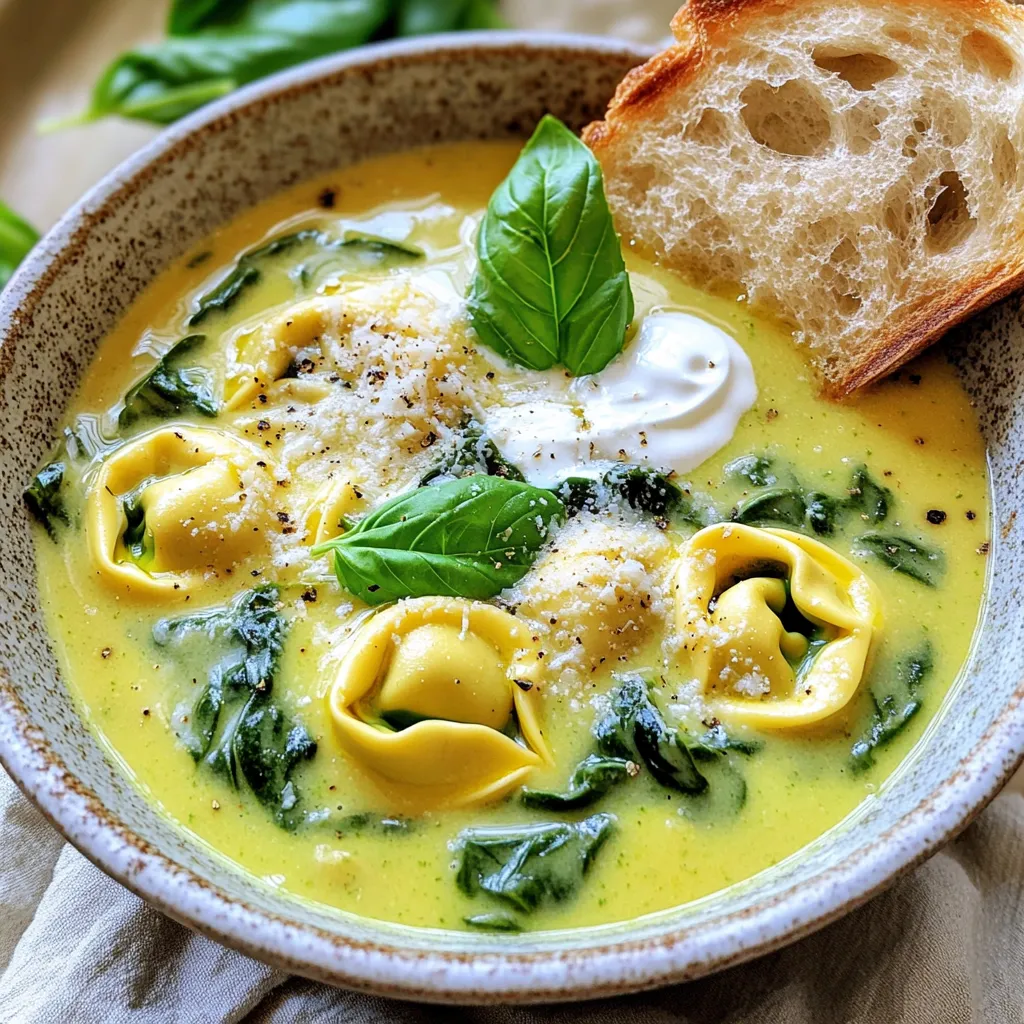 To make Slow Cooker Creamy Tortellini Spinach Soup, gather these simple ingredients: - 3 cups vegetable broth - 1 medium onion, diced - 2 cloves garlic, minced - 1 carrot, diced - 2 cups fresh spinach, chopped - 1 package (12 oz) refrigerated cheese tortellini - 1 can (14.5 oz) diced tomatoes, with juices - 1 cup heavy cream or coconut milk - 1 teaspoon dried Italian herbs - Salt and pepper to taste - Grated Parmesan cheese, for serving (optional) - Fresh basil leaves, for garnish (optional) You can elevate the soup with these optional ingredients: - A pinch of red pepper flakes for heat - A squeeze of fresh lemon juice for brightness - A dash of Worcestershire sauce for depth - Sliced mushrooms for earthiness - Fresh herbs like thyme or parsley for added freshness If you can't find an ingredient, here are some substitutes: - Use chicken broth instead of vegetable broth for a richer taste. - For a dairy-free version, coconut milk works well in place of cream. - Swap out cheese tortellini for spinach or mushroom tortellini. - If you prefer, canned crushed tomatoes can replace diced tomatoes. - Use frozen spinach if fresh is not available; just thaw and drain it first. These ingredients come together to create a warm, creamy soup that warms the soul. Enjoy the cooking process and let the flavors meld beautifully in your slow cooker! First, gather all your ingredients. You need: - 3 cups vegetable broth - 1 medium onion, diced - 2 cloves garlic, minced - 1 carrot, diced - 2 cups fresh spinach, chopped - 1 package (12 oz) refrigerated cheese tortellini - 1 can (14.5 oz) diced tomatoes, with juices - 1 cup heavy cream or coconut milk - 1 teaspoon dried Italian herbs - Salt and pepper to taste - Grated Parmesan cheese, for serving (optional) - Fresh basil leaves, for garnish (optional) Next, take your slow cooker. Add the vegetable broth, onion, garlic, and carrot. Stir everything together. This mix will form the soup's base. Now, open the can of diced tomatoes. Pour it into the slow cooker with its juices. Sprinkle in the dried Italian herbs. Season with salt and pepper to taste. Cover the slow cooker. Set it to cook on low for four hours or on high for two hours. The goal is to make the vegetables tender. After the time is up, it's time for the tortellini. Add the package of tortellini to the slow cooker. Stir it in gently. Cook for another 30 minutes on high. The tortellini should be cooked through and tender. Now, it's time to add the spinach and cream. Stir in the chopped spinach and heavy cream or coconut milk. These ingredients make the soup creamy and rich. Let it cook for another ten minutes. The spinach should wilt nicely in the warm soup. Before you serve, taste the soup. Adjust the seasoning if needed, adding more salt and pepper. When serving, ladle the soup into bowls. For a nice touch, sprinkle grated Parmesan cheese on top. Add fresh basil leaves for a pop of color and flavor. Enjoy! To get the best texture for your soup, follow these steps: - Use fresh tortellini. They cook better and stay tender. - Stir gently when adding the tortellini. This keeps them intact. - Add spinach at the end to keep it vibrant and fresh. - If you prefer a thicker soup, let it cook longer. This allows it to reduce. Many people make mistakes when cooking soup. Here are some to watch out for: - Don't skip the sauté step. Cooking the onion and garlic first adds great flavor. - Avoid overcooking the tortellini. They can become mushy if left too long. - Resist the urge to add too much salt early. Taste as you go for best results. You can easily boost the soup's flavor with these tips: - Add a splash of lemon juice for brightness. - Mix in some red pepper flakes for heat. - Consider fresh herbs like thyme or parsley for extra depth. - For a richer taste, try adding a bit of white wine with the broth. These tips will help you make a delightful Slow Cooker Creamy Tortellini Spinach Soup that everyone will love! {{image_2}} You can easily make this soup vegetarian or vegan. To do this, just skip the heavy cream. Use coconut milk for a vegan twist. For extra flavor, try adding a splash of lemon juice. You can also swap the cheese tortellini for a brand that is dairy-free. This way, everyone can enjoy a delicious bowl! If you want to add protein, you have options. You can stir in cooked chicken or turkey for a hearty meal. For a meatless choice, try chickpeas or lentils. They add protein and fiber, making this soup even more filling. Just add them during the last 30 minutes of cooking. Spinach is great, but you can mix it up! Kale or Swiss chard work well in this soup. These greens give a different texture and taste. Add them in the last 10 minutes of cooking. This way, they stay bright and fresh. You can even toss in frozen peas for a sweet touch! To store your Slow Cooker Creamy Tortellini Spinach Soup, let it cool first. Use airtight containers for best results. You can keep it in the fridge for up to three days. Make sure you label the containers with the date. This will help you track how fresh it is! When you're ready to enjoy your leftovers, reheat the soup on the stove. Pour the soup into a pot and warm it over medium heat. Stir often to keep it from sticking. You can also use a microwave. Place the soup in a microwave-safe bowl and heat it in 30-second intervals. Stir in between until it’s hot. If you want to freeze the soup, use freezer-safe containers. Leave some space at the top, as the soup will expand when frozen. It will stay good for up to three months. To thaw, place it in the fridge overnight. Reheat it on the stove, adding a splash of broth if needed. This helps bring back its creamy texture. It takes about 30 minutes to cook tortellini in a slow cooker. After your soup is ready, add the tortellini. Cook them on high for 30 minutes. They should be tender and delicious. Yes, you can use frozen tortellini! Just add them in the last 30 minutes of cooking. They will cook well and taste great. Frozen tortellini are a quick option when you are short on time. This soup pairs well with crusty bread. A fresh salad can also be a nice side. For a heartier meal, serve it with grilled cheese sandwiches. You can make it fun by adding different toppings like grated cheese or fresh herbs. This blog post covered how to make Slow Cooker Creamy Tortellini Spinach Soup. We explored the key ingredients and optional flavors to boost taste. I shared step-by-step instructions and tips for perfect texture and flavor. We also discussed variations for different diets and how to store leftovers efficiently. As you cook, remember to adjust flavors and have fun. Enjoy your soup journey!