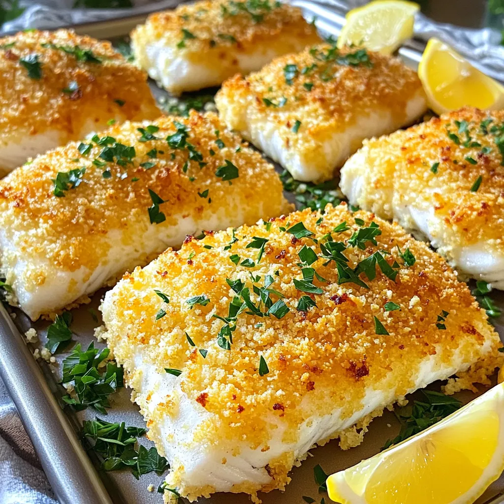 - 4 fillets of white fish (cod or tilapia) - 1 cup panko breadcrumbs - 1/2 cup grated Parmesan cheese - 2 tablespoons fresh parsley, chopped - 1 teaspoon garlic powder - 1 teaspoon onion powder - 1 teaspoon lemon zest - Salt and pepper to taste - 2 tablespoons olive oil - 1 lemon, cut into wedges For this recipe, I love using cod or tilapia. These fishes are mild and flaky. They really soak up the flavors of the crust. The panko breadcrumbs give a nice crunch. The grated Parmesan cheese adds a rich taste. Together, these ingredients create a delightful meal. The seasoning is important for flavor. Fresh parsley not only looks great but adds freshness. Garlic powder and onion powder bring warmth. Lemon zest brightens the dish. Don't forget to salt and pepper to taste. Olive oil helps the crust stick and adds richness. Lemon wedges are key for serving. They add a fresh burst of flavor when squeezed over the fish. This simple addition makes the dish even more enjoyable. Gather these ingredients, and you’re ready for a tasty adventure! 1. Preheat oven and prepare the sheet pan Set your oven to 400°F (200°C). Line a sheet pan with parchment paper. This makes cleanup easy. 2. Mix breadcrumb and seasoning mixture In a bowl, stir together the panko breadcrumbs, Parmesan cheese, chopped parsley, garlic powder, onion powder, lemon zest, salt, and pepper. This mix gives the fish a great flavor. 1. Place and season fish fillets Pat the fish fillets dry with a paper towel. Place them on the prepared sheet pan. Drizzle olive oil over each fillet for moisture and flavor. 2. Apply breadcrumb mixture and bake Sprinkle the breadcrumb mixture evenly over the fish. Press down gently to help the crust stick. Bake for 15-20 minutes. The fish should flake easily with a fork and the crust should be golden brown. 1. Let cool and arrange for presentation Once baked, remove the pan from the oven. Let the fish cool for a couple of minutes. This helps the crust stay crisp. 2. Garnish with lemon wedges and parsley Serve the fish on a large platter. Add extra parsley on top for color. Arrange lemon wedges around the fish. This adds a fresh look and a zesty flavor. What are the best types of fish for this recipe? White fish like cod or tilapia are perfect for this dish. They are mild in flavor and cook well. Look for fillets that are firm and moist. What freshness indicators should I look for? Fresh fish should smell like the ocean, not fishy. The flesh should be clear and shiny. If the fish has bright eyes and red gills, it is fresh. What techniques can I use for a crispy topping? Using panko breadcrumbs gives a great crunch. Mix the breadcrumbs with Parmesan cheese and herbs for extra flavor. Press the mixture onto the fish to help it stick. How can I avoid soggy crusts? Make sure the fish is dry before applying the crust. Use a paper towel to pat it dry. Drizzle olive oil on top for added crispiness. What sides pair well with this dish? Serve the fish with a light salad or roasted veggies. Lemon rice complements the flavors nicely. What sauces and dips do you recommend? A light tartar sauce or a garlic aioli works well. You can also use a squeeze of fresh lemon juice for brightness. {{image_2}} You can change up the Parmesan coating to enhance the flavor. - Adding herbs and spices for extra flavor: Mix in some dried oregano, thyme, or paprika. These herbs will give more depth to the crust. You can also add a pinch of red pepper flakes for some heat. Experiment with your favorite herbs to find what suits your taste. - Using different types of cheese: Instead of just Parmesan, try using pecorino or cheddar. Each cheese brings a unique flavor. You can even mix cheeses for a richer taste. Just remember to balance the flavors so the fish shines through. Pairing sides and drinks can elevate your meal. - Complementary sides and salads: A fresh green salad, roasted vegetables, or garlic bread work well. These sides add color and texture. Try a lemon vinaigrette for the salad to match the fish’s zest. - Suggested wine pairings: A crisp white wine like Sauvignon Blanc complements the fish nicely. The wine’s acidity matches the fish's flavor. If you prefer red, a light Pinot Noir can also work. You can make this dish fit different diets without losing flavor. - Gluten-free breadcrumb alternatives: Use crushed rice crackers or gluten-free panko. These options still give a nice crunch. Look for gluten-free brands to ensure they fit your needs. - Dairy-free options for the crust: Swap out the cheese for nutritional yeast. It gives a cheesy flavor without dairy. You can also use vegan cheese if you prefer a creamier texture. Just make sure it melts well in the oven. To keep your Parmesan crusted fish fresh, store it right. Wrap each fillet in plastic wrap or place it in an airtight container. This helps keep moisture in and air out. Store it in the fridge for up to three days. You can also freeze it for later use. To freeze, place the wrapped fillets in a freezer-safe bag. Remove as much air as you can before sealing. The fish can last in the freezer for up to three months. When it’s time to enjoy leftovers, reheat them gently. The best way is to use an oven. Preheat it to 350°F (175°C) and place the fish on a baking sheet. Heat for about 10 minutes. This method warms the fish evenly. It also keeps the crust crispy. Avoid using the microwave, as it can make the fish rubbery. Check that the fish is hot all the way through without overcooking it. Enjoy your delicious meal again! Bake the fish for 15 to 20 minutes at 400°F (200°C). This temperature gives the fish a nice, flaky texture. The crust will turn golden brown, which is perfect for a crunchy bite. If you want the best results, check the fish at the 15-minute mark. Cooking time may vary based on fillet thickness. Yes, you can use frozen fish fillets. Just keep a few things in mind. Thaw the fish in the fridge before cooking. This helps it cook evenly. If you bake them straight from the freezer, add a few extra minutes to your cooking time. Be sure to check for doneness. If you do not have panko, you can use regular breadcrumbs. Crushed crackers or even cornflakes work too. These will give you a nice crunch. Just make sure to season them well. This will keep the flavor strong. You can tell the fish is done when it flakes easily with a fork. The flesh should look opaque and not translucent. If you have a food thermometer, the internal temperature should be 145°F (63°C). These signs ensure your fish is cooked perfectly. This post covered a tasty Parmesan crusted fish recipe, including key ingredients and steps. You learned how to select the right fish, perfect a crispy topping, and pair sides with this dish. For those with dietary needs, we discussed helpful substitutions. Remember to store leftovers properly and reheat them effectively. Now, you're ready to enjoy this delicious meal or share it with others. Dive into cooking, and make this dish your own!