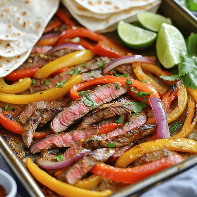 - 1 pound flank steak, sliced into thin strips - 1 red bell pepper, sliced - 1 yellow bell pepper, sliced - 1 red onion, sliced - 3 cloves garlic, minced Flank steak is key for this dish. It cooks fast and stays juicy. The sweet red and yellow bell peppers add color and crunch. The red onion brings a nice bite, while garlic fills the air with a lovely aroma. - 2 tablespoons olive oil - 1 teaspoon ground cumin - 1 teaspoon smoked paprika - 1 teaspoon dried oregano - 1 teaspoon chili powder - Salt and black pepper to taste Olive oil helps the spices stick to the meat and veggies. Cumin adds warmth, while smoked paprika gives a deeper flavor. Oregano and chili powder add some kick. Salt and pepper boost all the tastes. - Fresh cilantro, chopped (for garnish) - Lime wedges (for serving) - Flour or corn tortillas (for serving) Fresh cilantro adds a pop of green and freshness. Lime wedges let you squeeze in some zest. Use warm tortillas to wrap up the tasty filling. It all comes together for a fun meal! - Preheat your oven to 400°F (200°C). This heat will cook the steak and veggies just right. - Line a large sheet pan with parchment paper. This helps with easy cleanup later. - In a large bowl, combine the sliced flank steak, red and yellow bell peppers, red onion, and minced garlic. This mix adds great flavor. - Drizzle the olive oil over the mix. Then sprinkle the ground cumin, smoked paprika, oregano, chili powder, salt, and black pepper. Toss everything well until it is all coated. This step is key for tasty fajitas. - Spread the mixture evenly on the pan. Make sure it is in a single layer. This ensures even cooking. - Bake in the oven for 20-25 minutes. Stir halfway through for even cooking. Check that the steak is cooked and the veggies are tender. Use a meat thermometer if needed. How to achieve tender steak: To get tender steak, cut it against the grain. This makes each bite softer. Marinate your flank steak for at least an hour. You can use olive oil, garlic, and lime juice for a tasty mix. This helps the meat soak up flavor and stay juicy. Best way to cut vegetables: For the best texture, slice your vegetables evenly. This helps them cook at the same rate. Cut bell peppers and onions into thin strips. Aim for about half an inch thick. This way, they will get nice and tender while baking. Marinating options: You can get creative with your marinade. Try adding soy sauce, lime juice, or honey for a sweet and salty mix. If you like spice, add some hot sauce or chipotle powder. Let the steak marinate for a few hours for deeper flavor. Other seasoning ideas: Mix up your spices! Try adding fresh herbs like cilantro or parsley. You can also use taco seasoning for an extra kick. Experiment with different flavors to find your favorite blend. Ideal tortilla types: Both flour and corn tortillas work well. Flour tortillas are soft and pliable, while corn tortillas have a nice crunch. Choose what you like best! Warm them up before serving for a better taste. Pairing suggestions (sides, dips): Serve your fajitas with fresh guacamole or salsa. A side of rice or beans pairs nicely too. Consider adding a simple salad for some crunch. These sides make your meal even more delicious! {{image_2}} You can switch the steak for chicken in your fajitas. Chicken fajitas are juicy and tasty. Just slice chicken breast into strips. Then, follow the same steps as you would for steak. You can also make vegetarian fajitas using mushrooms. Use sliced portobello or cremini mushrooms for a rich flavor. They soak up the spices well and add great texture. Feel free to mix up the veggies. Adding zucchini or asparagus can bring fresh flavors. Just slice them thin like the bell peppers. This adds color and crunch to your dish. You can also use different colored bell peppers. Try green, orange, or even purple peppers. Each color has its own taste and adds a fun look. Want a kick? Make a spicy version with jalapeños. Slice them thin and mix them in with the steak and veggies. This adds heat and depth. For a sweeter taste, try a chipotle glaze. Mix chipotle sauce with a bit of honey. Drizzle it over the fajitas before serving. This sweet chipotle glaze gives a nice balance to the dish. Store your garlic herb steak fajitas in the fridge for up to three days. Use an airtight container to keep them fresh. If you want to keep the flavors strong, separate the meat and veggies from the tortillas. This way, the tortillas stay soft and do not get soggy. Yes, you can freeze fajitas! Wrap them tightly in foil or plastic wrap. Place them in a freezer bag to save space. They can last for about three months in the freezer. To thaw, leave them in the fridge overnight. Reheat in the oven or microwave until hot. This keeps the flavors and texture nice. When handling leftover meats, always wash your hands and surfaces. Look for signs of spoilage, like a bad smell or a change in color. If it looks or smells off, do not eat it. Enjoy your fajitas safe and sound! How long to bake steak fajitas? Bake your steak fajitas for 20 to 25 minutes at 400°F (200°C). This time gives the steak a nice cook while veggies get tender. Stir halfway through for even results. Can I make this recipe ahead of time? Yes, you can prep the ingredients a day before. Just store them in the fridge. When ready, bake them fresh for the best taste and texture. What can replace flank steak? You can use skirt steak or sirloin instead of flank steak. Both options work well and give great flavor. If you want a lighter option, try chicken breast or tofu. Alternatives for fresh cilantro If you don’t like cilantro, try parsley or green onions. They add a fresh taste too. You can also skip it entirely if you prefer. Can I cook fajitas on the grill? Yes, grilling fajitas is a great option. Marinate the steak and veggies first, then grill them over medium heat. This adds a nice smoky flavor. How to make fajitas in a skillet? To use a skillet, heat oil in a pan over medium-high heat. Cook the steak first, then add the veggies. Stir often for about 10 minutes until everything is cooked through. This blog post covered tasty flank steak fajitas, helping you create a great meal. You learned about the main ingredients, seasoning, and step-by-step instructions. I shared a few tips for perfecting your dish and offered variations for different tastes. Storing leftovers properly will keep your fajitas fresh. Remember, you can try new proteins or veggies for fun. Enjoy making your fajitas and impressing your friends or family!