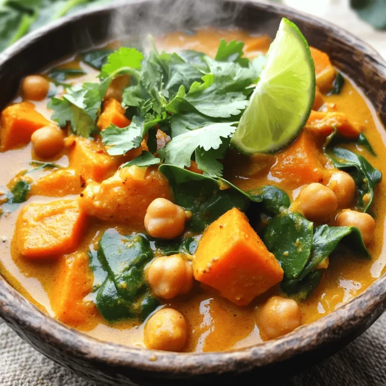 - 1 large sweet potato, peeled and diced - 1 can (15 oz) chickpeas, drained and rinsed - 1 medium onion, chopped - 3 cloves garlic, minced - 1-inch piece of ginger, grated - 2 tablespoons curry powder - 1 teaspoon ground cumin - 1 can (14 oz) coconut milk - 1 cup vegetable broth - 2 cups fresh spinach, roughly chopped - 2 tablespoons olive oil - Salt and pepper to taste - Fresh cilantro, for garnish - Lime wedges, for serving - Sweet Potato: Full of vitamins A and C. It helps with eye health and boosts your immune system. - Chickpeas: Packed with protein and fiber. They support muscle growth and gut health. - Onion: Good for heart health. It adds flavor and has antioxidant properties. - Garlic: Known for its immune-boosting effects. It also adds a savory taste to your dish. - Ginger: Aids digestion. It gives warmth and spice to the curry. - Curry Powder: Contains turmeric, which has anti-inflammatory benefits. It adds depth to the flavor. - Cumin: Good for digestion and adds a warm, earthy flavor. - Coconut Milk: Rich in healthy fats. It adds creaminess and helps balance spices. - Vegetable Broth: Enhances flavor without adding extra calories. It's a great base for soups and curries. - Spinach: High in iron and calcium. It boosts nutrient levels in the dish. - Olive Oil: Full of healthy fats. It aids in nutrient absorption and adds richness. - Salt and Pepper: Essential for enhancing all the flavors in your curry. - Cilantro: Adds freshness and a pop of flavor. It also looks great as a garnish. - Lime: Brightens up the dish. Its acidity balances the rich flavors. - Choose sweet potatoes that are firm and smooth. Avoid any with soft spots or blemishes. - For chickpeas, select canned ones with no added sugars or preservatives. - Pick onions that are dry and firm. Avoid any with soft or sprouting areas. - Use fresh garlic and ginger for the best flavor. Look for firm roots with no mold. - Buy curry powder from a reputable source. Check the date to ensure freshness. - Use full-fat coconut milk for a creamier texture. Look for BPA-free cans when possible. - Select fresh spinach that is vibrant green and crisp. Avoid any with yellow leaves. - Choose extra virgin olive oil for the best taste and health benefits. - Fresh cilantro should be bright green and not wilted when you buy it. - Pick limes that feel heavy for their size. They should be firm, with smooth skin. This dish is not just a meal; it’s a celebration of healthy, fresh ingredients! Start by heating two tablespoons of olive oil in a large pot over medium heat. Once the oil is hot, add one chopped onion. Sauté it for about five minutes until it turns soft and clear. Next, add three cloves of minced garlic and one-inch grated ginger. Cook this mix for one to two minutes. You'll love the aroma that fills your kitchen! Sprinkle in two tablespoons of curry powder and one teaspoon of ground cumin. Stir these spices for about one minute. This step wakes up the flavors and makes the dish really pop. Now, it’s time to add the main ingredients. Toss in one large sweet potato, peeled and diced, along with one can of drained and rinsed chickpeas. Pour in one can of coconut milk and one cup of vegetable broth. Stir everything together to combine the flavors. Bring this mixture to a gentle simmer. Reduce the heat to low and cover the pot. Let it cook for about 20 to 25 minutes. You want the sweet potatoes to be tender. Check them with a fork; if they are soft, you are ready for the next step. Once the sweet potatoes are tender, add two cups of roughly chopped fresh spinach. Stir it in until it wilts. This adds a nice color and nutrition. Season the curry with salt and pepper to your taste. When you're ready to serve, let the curry cool slightly. Dish it up in bowls and garnish with fresh cilantro. Serve lime wedges on the side for an extra zing. Enjoy this flavorful meal with steamed rice or warm naan for a complete feast! To make your vegan sweet potato chickpea curry pop, focus on fresh ingredients. Use ripe sweet potatoes and organic spinach for the best taste. Toast your spices well to bring out their flavors. After adding the curry powder and cumin, let them cook for a minute. This step makes a big difference. Garnish with fresh cilantro and lime wedges. They add brightness and depth. Lime juice, added just before serving, will enhance the dish's overall flavor. One common mistake is not cooking the onions long enough. Sauté them until they are soft and clear. This adds sweetness and depth to your curry. Another mistake is adding too much liquid too soon. Start with the coconut milk and broth, then adjust based on how thick you want it. Too much broth can make it soupy. Finally, don’t forget to season. Taste as you go. Salt and pepper help balance the sweet potato and chickpeas. If you like heat, add cayenne pepper or red chili flakes. Start with a small amount and adjust to your taste. For a thicker curry, let it simmer longer with the lid off. Stir occasionally to keep it from sticking. If you want a thinner curry, simply add more vegetable broth or coconut milk. Remember, cooking is personal. Trust your taste buds and make it your own! {{image_2}} You can easily change the recipe to fit your needs. If you have a nut allergy, use a different milk. Almond or soy milk works well. Want to skip chickpeas? Use black beans or lentils instead. For those avoiding coconut, try using vegetable broth instead of coconut milk. If you prefer a different root veggie, carrots or butternut squash are great swaps. To make the curry heartier, add more protein. Tofu or tempeh works well. Just cube them and add when you cook the sweet potato. You can also toss in any vegetables you like. Bell peppers, zucchini, or cauliflower add great flavor and color. Just make sure to cut them into small pieces so they cook evenly. You can use different methods to cook this curry. In a slow cooker, combine all ingredients and cook on low for 6-8 hours. This method brings out deep flavors. If you own an Instant Pot, cook the curry on high pressure for 8 minutes. Quick and easy! Just remember to let the steam release naturally for the best results. Each method will give you a delicious meal, so choose what works for you. After you make this curry, let it cool first. Once it is cool, put it in an airtight container. This keeps the flavor fresh. Store it in the fridge for up to five days. Always make sure your container closes tightly. This helps prevent any spills or smells. You can freeze this curry if you want to keep it longer. Use freezer-safe containers or bags. Make sure to leave some space for the curry to expand. It will last up to three months in the freezer. When you're ready to eat, thaw it overnight in the fridge. Reheat it on the stove or in the microwave until hot. The leftovers of this vegan sweet potato chickpea curry are best eaten within five days. If you freeze it, remember to check for freezer burn when you take it out. If you see any signs of spoilage, it is best to throw it away. Always trust your senses; if it smells off, don't eat it. Yes, this recipe is naturally gluten-free. Just use gluten-free curry powder. Always check labels for any hidden gluten in packaged items. To store leftovers, let the curry cool first. Place it in an airtight container. Store it in the fridge for up to 4 days. You can also freeze it for up to 3 months. Just thaw it in the fridge before reheating. Serve this curry with steamed rice or warm naan. You can also pair it with quinoa for added protein. A fresh salad or roasted vegetables make great sides too. We covered how to make a delicious Vegan Sweet Potato Chickpea Curry, from ingredients to cooking tips. You learned about each ingredient's benefits and received important quality tips. I shared step-by-step instructions to prepare the dish. Remember to avoid common mistakes for the best flavor. Feel free to adapt toppings and cooking methods to fit your needs. With proper storage, this meal stays fresh and tasty. Enjoy your cooking adventure and make this curry your own!