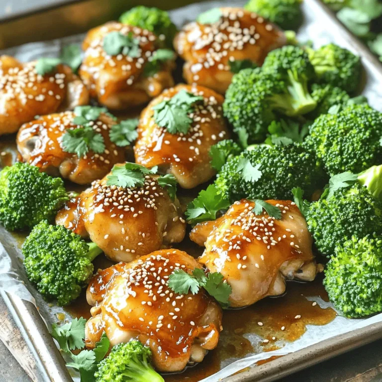 - 1.5 lbs boneless, skinless chicken thighs - 2 cups broccoli florets - Marinade components The main star of this dish is the chicken thighs. They are juicy and tender, making them perfect for roasting. Broccoli florets add a nice crunch and bright color to the meal. For the marinade, we mix together simple yet flavorful ingredients that bring everything to life. - 2 tablespoons sesame oil - 4 tablespoons soy sauce - 3 cloves garlic, minced - 1 tablespoon fresh ginger, grated Sesame oil adds a nutty flavor. Soy sauce gives the dish a savory depth. Garlic and ginger are key players, too. They add warmth and zest, making this meal truly special. - 2 tablespoons honey - 1 tablespoon rice vinegar - 1 teaspoon red pepper flakes (optional) - Fresh cilantro Honey balances the savory and adds a hint of sweetness. Rice vinegar brightens up the flavors, giving a fresh twist. Red pepper flakes can add heat if you like spice. Finally, fresh cilantro finishes the dish with a pop of color and flavor. - First, preheat your oven to 425°F (220°C). This helps the chicken cook evenly. - In a large bowl, combine 2 tablespoons of sesame oil, 4 tablespoons of soy sauce, 3 minced garlic cloves, 1 tablespoon of grated ginger, 2 tablespoons of honey, and 1 tablespoon of rice vinegar. If you like heat, add 1 teaspoon of red pepper flakes. - Next, add 1.5 lbs of boneless, skinless chicken thighs to the marinade. Season with salt and pepper. Toss well to coat the chicken. - Let the chicken marinate for at least 15 minutes. For more flavor, let it sit in the fridge for up to 2 hours. - While the chicken marinates, prepare 2 cups of broccoli florets. - Toss the broccoli in a bowl with a drizzle of sesame oil, salt, and a sprinkle of sesame seeds. This adds flavor and a nice crunch. - Arrange the marinated chicken on one side of the sheet pan. Place the seasoned broccoli on the other side. - Bake the sheet pan in your preheated oven for 20-25 minutes. Check that the chicken reaches an internal temperature of 165°F (75°C). The broccoli should be tender and slightly crispy. - In the last 5 minutes of cooking, drizzle the remaining marinade over the chicken and broccoli. This boosts the flavor and moisture. - After baking, let the pan rest for a few minutes. Garnish with more sesame seeds and fresh cilantro before serving. Marinate your chicken for at least 15 minutes. This helps the chicken soak up all the tasty flavors. For extra flavor, you can marinate it for up to 2 hours in the fridge. Using fresh ginger and minced garlic boosts the taste even more. If you want a bit of heat, add red pepper flakes. This will make the dish more exciting. Always check the chicken's doneness. Use a meat thermometer to make sure it reaches 165°F (75°C). This keeps the chicken juicy and safe to eat. For the broccoli, you want it to be tender yet slightly crisp. This gives you a nice texture that pairs well with the chicken. Line your sheet pan with parchment paper. This makes cleanup a breeze. After baking, you can easily remove the leftovers without sticking. When serving, consider pairing this meal with rice or quinoa. They soak up the sauce well. You can also add a side salad for a fresh touch. Garnish with fresh cilantro and sesame seeds for a beautiful finish. {{image_2}} You can easily change the protein in this dish. Chicken thighs work well, but you could use chicken breasts or even salmon. Salmon adds a nice richness. For vegetables, broccoli is great, but feel free to swap it with carrots or bell peppers. Both add color and crunch. Want to kick up the heat? Adjust the spice levels by adding more red pepper flakes. If you prefer a sweeter taste, try using teriyaki sauce instead of soy sauce. Sweet chili sauce also makes a delightful alternative. This meal is perfect for meal prep. You can freeze leftovers for later. Just store them in airtight containers. If you want to prep in advance, marinate the chicken and cut veggies a day ahead. This makes cooking quick and easy on busy nights. To keep your sesame garlic chicken and broccoli fresh, follow these tips: - Refrigeration: Allow the dish to cool to room temperature before storing. - Containers: Use airtight containers to prevent moisture loss. Glass containers work great. When it's time to enjoy leftovers, reheating is key: - Oven Method: Preheat your oven to 350°F (175°C) and cover the dish with foil. Heat for about 15-20 minutes. - Microwave Method: Place the chicken and broccoli on a microwave-safe plate. Heat on medium power for 2-3 minutes, checking often. - Texture Tips: To keep the broccoli crisp, avoid overcooking. Heat just until warm. Add a dash of sesame oil for extra flavor when reheating. Yes, you can use frozen chicken or broccoli. When using frozen chicken, thaw it completely before marinating. This ensures even cooking and better flavor. For frozen broccoli, you can roast it directly from frozen. Just add a few extra minutes to the cooking time. This will help keep it crisp and bright. You can serve sesame garlic chicken with a variety of sides. Here are some ideas: - Steamed rice: White or brown rice works well. - Quinoa: A healthy grain that pairs nicely. - Noodles: Try soba or rice noodles for a twist. - Salad: A fresh green salad adds crunch. - Stir-fried vegetables: Extra veggies boost flavor and color. This dish lasts about 3 to 4 days in the fridge. Store it in an airtight container to keep it fresh. Make sure the chicken and broccoli are cooled before sealing. If you want to keep it longer, consider freezing it for up to 3 months. Just remember to thaw it overnight in the fridge before reheating. This blog post highlighted the key ingredients for a tasty sesame garlic chicken dish. You learned about choosing quality chicken thighs and bright broccoli florets. I shared tips for marinating and cooking, ensuring the best flavor and texture. Variations let you customize the recipe, and storage tips keep leftovers fresh. Cooking can be fun and simple. With the right tools and techniques, you can create meals that impress and satisfy. Enjoy experimenting and making this dish your own!