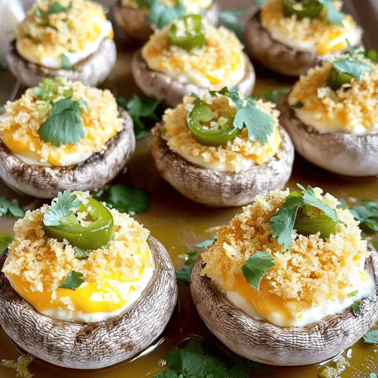 - 12 large cremini or button mushrooms - 4 oz cream cheese, softened - 1/2 cup shredded sharp cheddar cheese - 1/4 cup diced jalapeños - 1/4 cup breadcrumbs - 1/4 tsp garlic powder - 1/4 tsp onion powder - Salt and pepper to taste - Olive oil for drizzling - 2 tbsp chopped fresh cilantro (optional) Jalapeño Popper Stuffed Mushrooms need fresh and simple ingredients. Start with 12 large mushrooms. You can use cremini or button mushrooms. The choice is yours. Next, you need 4 ounces of softened cream cheese. This helps create a creamy filling. Then, add 1/2 cup of shredded sharp cheddar cheese. It gives a nice flavor kick. Don't forget the jalapeños! Use 1/4 cup of diced jalapeños. You can choose fresh or pickled. Adjust the amount to fit your taste. For texture, include 1/4 cup of breadcrumbs. This will add crunch to your dish. You will also need some spices like 1/4 teaspoon of garlic powder and 1/4 teaspoon of onion powder. Add salt and pepper to taste for more flavor. Finally, drizzle some olive oil over the mushrooms. This adds richness. Optionally, you can garnish with 2 tablespoons of chopped fresh cilantro. It adds a fresh pop of color and taste. These ingredients come together to create a tasty party snack. They are sure to impress your guests! 1. Preheat your oven to 375°F (190°C). This step is key for even cooking. 2. Clean the mushrooms gently with a damp paper towel. This helps remove dirt without waterlogging them. After cleaning, remove the stems and set the caps aside. 1. In a mixing bowl, combine the softened cream cheese with the shredded cheddar cheese. Make sure the cream cheese is soft for easy mixing. 2. Add diced jalapeños to the cheese mixture. You can use fresh or pickled jalapeños based on your taste. 3. Sprinkle in garlic powder, onion powder, salt, and pepper. Mix until everything blends well. 1. Fill each mushroom cap with the cream cheese mixture. Make sure to heap it slightly for a generous bite. 2. In another bowl, mix breadcrumbs with a drizzle of olive oil. This makes the topping crispy. 3. Top each stuffed mushroom with the breadcrumb mixture. This adds a nice crunch. 4. Place the stuffed mushrooms on a baking sheet lined with parchment paper. Drizzle a little olive oil over the tops to enhance flavor. 1. Bake in the preheated oven for 20-25 minutes. The mushrooms should be tender, and the tops should turn golden brown. 2. Once done, remove them from the oven and let them cool for a few minutes. If desired, garnish with chopped fresh cilantro for a pop of color and flavor. To make the filling just right, start by checking your cream cheese. It should be soft but not too runny. If it is too thick, the mix will be hard to spread. Let it sit out for a bit to soften, or microwave it for five seconds. Next, adjust the jalapeño heat. If you like it spicy, use fresh jalapeños. For a milder taste, pickled jalapeños work well. You can even remove the seeds from fresh jalapeños for less heat. Choosing the right breadcrumbs matters for a crispy topping. I like using panko breadcrumbs because they create a nice crunch. Regular breadcrumbs can work too, but they may not be as crispy. When you drizzle olive oil on the breadcrumbs, it helps them brown better. Just a little oil goes a long way. Make sure to mix it well so every crumb gets coated. This tasty snack pairs well with many things. I love serving them with a side of ranch or blue cheese dressing. Fresh cilantro adds a nice touch too. Serve these stuffed mushrooms warm. They taste best right out of the oven. If you let them sit too long, they lose their crispiness. Enjoy them fresh for the best flavor! {{image_2}} You can change the cheese in this recipe for fun. Try using pepper jack for extra heat. This cheese melts well and adds a creamy texture. You can also use mozzarella for a mild flavor. If you want to go dairy-free, use vegan cream cheese. Many brands offer great taste and texture. Nutritional yeast also adds a cheesy flavor without dairy. Feel free to add more veggies to the filling. Chopped bell peppers or green onions add color and crunch. You can also mix in cooked spinach for a healthy twist. If you enjoy meat, crumbled bacon makes a tasty addition. It adds a smoky flavor that pairs well with the creaminess. Just be sure to cook it fully before mixing it in. For gluten-free options, use gluten-free breadcrumbs. Many brands offer tasty choices made from rice or oats. You can also grind gluten-free crackers to use as a substitute. If you need a binder, try using ground flaxseed mixed with water. This works well to hold everything together. Another option is to use mashed beans for added protein and fiber. Once you finish your tasty Jalapeño Popper Stuffed Mushrooms, store the leftovers in the fridge. Place them in a sealed container to keep them fresh. You can use glass or plastic containers. Make sure to eat them within three days for the best taste. To keep your stuffed mushrooms crispy when reheating, use the oven. Preheat it to 350°F (175°C). Place the mushrooms on a baking tray. Bake for about 10-15 minutes until they are warm and crispy again. If you are short on time, you can reheat them in the microwave. Just put them on a microwave-safe plate. Heat them for about 30-60 seconds. However, they may not be as crispy. Enjoy your leftovers! Yes, you can prepare these stuffed mushrooms ahead. Here’s how to do it: - Prep the filling: Make the cream cheese mixture and fill the mushroom caps. - Storage: Place them on a baking sheet. Cover with plastic wrap. - Fridge time: You can store them in the fridge for up to 24 hours. - Baking: When ready, bake them straight from the fridge. Add an extra 5 minutes to the baking time. If you don’t have cream cheese, don’t worry! Here are some great substitutes: - Sour cream: It adds a tangy flavor and creamy texture. - Greek yogurt: This option is healthy and keeps it smooth. - Ricotta cheese: It has a light texture and works well in this dish. - Vegan cream cheese: For a plant-based option, look for this in stores. Want more heat? Here are my tips: - Add more jalapeños: Use fresh or pickled jalapeños for extra spice. - Spicy cheese: Swap sharp cheddar for pepper jack cheese. - Hot sauce: Mix in your favorite hot sauce into the filling. - Chili powder: Add a little chili powder to the mixture for a kick. Stuffed mushrooms are a tasty and fun dish. We covered ingredients, step-by-step instructions, and helpful tips. You can mix ingredients, adjust spices, and store leftovers easily. Various cheeses and extra veggies can enhance the flavor. For heating, the oven works best to keep them crispy. Try these ideas to impress your friends. Enjoy making stuffed mushrooms your way!