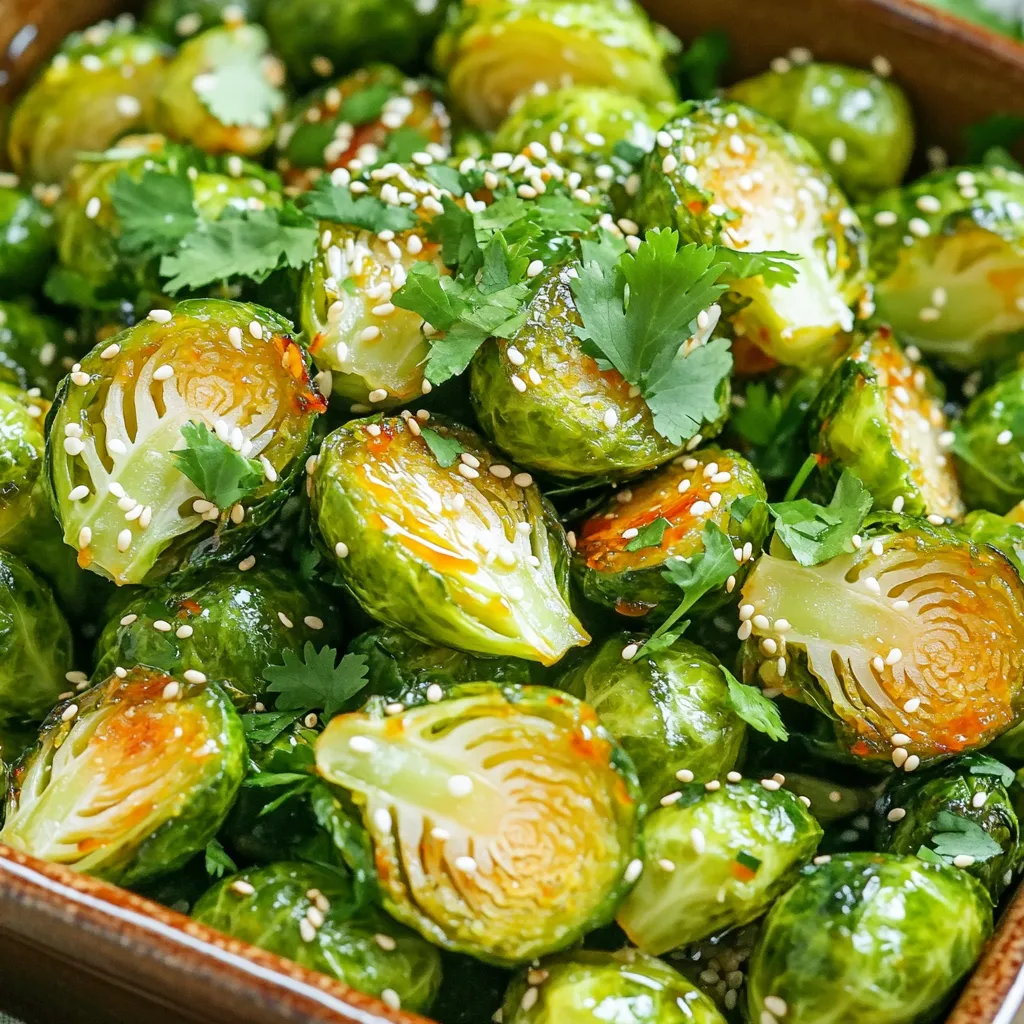 - 1 pound Brussels sprouts, trimmed and halved - 2 tablespoons olive oil - 3 tablespoons honey - 2 tablespoons Sriracha sauce - 1 tablespoon soy sauce - 1 teaspoon garlic powder - Salt and pepper to taste - Sesame seeds - Fresh cilantro To make Air Fryer Honey Sriracha Brussels Sprouts, you need fresh Brussels sprouts. Choose sprouts that are firm and bright green. Trim the ends and cut them in half for even cooking. You will also need olive oil. This oil helps the sprouts crisp up nicely in the air fryer. Next, let’s create a tasty glaze. Mix honey for sweetness, Sriracha sauce for heat, soy sauce for umami, garlic powder for flavor, and salt and pepper to enhance everything. For garnish, consider using sesame seeds and fresh cilantro. They add a nice touch to the dish. Gather these ingredients, and you are ready to cook! Enjoy the process and the great flavors! Preheat your air fryer to 375°F (190°C). This step is key for even cooking. A hot fryer makes your Brussels sprouts crispier and more delicious. In a large bowl, combine these ingredients: - 2 tablespoons olive oil - 3 tablespoons honey - 2 tablespoons Sriracha sauce - 1 tablespoon soy sauce - 1 teaspoon garlic powder - Salt and pepper to taste Stir until everything blends well. This glaze gives the sprouts a sweet and spicy kick. Take 1 pound of Brussels sprouts, trimmed and halved. Add them to the glaze bowl. Toss them well. Make sure every sprout gets coated. This is where the magic begins! Arrange the coated sprouts in a single layer in the air fryer basket. Don't overcrowd them; this helps them cook evenly. Air fry for 12-15 minutes. Shake the basket halfway through. This ensures all sides get crispy and golden brown. Once done, carefully remove the sprouts. Transfer them to a serving dish. For a nice touch, garnish with sesame seeds and fresh cilantro. They look great and taste even better! To get that perfect crunch, set your air fryer to 375°F (190°C). Preheat it for about 5 minutes. This step ensures that your Brussels sprouts cook evenly and get that nice, crispy texture. Arrange them in a single layer in the basket. Crowding the sprouts will make them steam instead of crisping up. Want to take your sprouts to the next level? Try adding a pinch of smoked paprika or cayenne pepper for extra heat. You can also mix in some lemon zest for a fresh zing. If you enjoy a nutty flavor, toss in some crushed peanuts or walnuts. Each of these additions can enhance the flavor and make your dish even more exciting. If your Brussels sprouts turn out undercooked, try air frying them a few minutes longer. Check them halfway through and give the basket a good shake. If they seem overcooked, reduce the cooking time next time. Keep a close eye on them. Remember, every air fryer cooks a bit differently, so adjust as needed for your appliance. {{image_2}} You can turn these Brussels sprouts into a full meal by adding protein. Chicken works great here. Just cut it into small pieces and toss it with the sprouts in the glaze. You can also use tofu for a plant-based option. Press the tofu to remove excess water, then cut it into cubes. Toss it into the honey Sriracha mix for flavor. If you don’t have an air fryer, you can still enjoy these Brussels sprouts. Preheat your oven to 400°F (200°C). Spread the sprouts on a baking sheet in a single layer. Roast them for about 20-25 minutes. Shake the pan halfway through to get even cooking. You can also pan-fry the sprouts in a skillet with olive oil until they are crispy. Don't feel limited to just honey and Sriracha. You can try different sauces for a new twist. For a sweet taste, use maple syrup instead of honey. If you like it spicy, add more Sriracha or try chili garlic sauce. For a tangy kick, mix in some lime juice or rice vinegar. These changes can make the dish your own. After cooking, let the Brussels sprouts cool down. Place them in an airtight container. Store this container in your fridge. They stay fresh for about three days. If you want to keep them crispy, don't cover them tightly. This helps air circulate and keeps them from getting soggy. For long-term storage, freezing is a great option. First, let the Brussels sprouts cool completely. Next, spread them on a baking sheet. Freeze them for about two hours until they are solid. Then, transfer the sprouts into a freezer bag. Squeeze out the air and seal it. They can last up to three months in the freezer. The honey Sriracha glaze can also be frozen. Store it in a separate container. To reheat your Brussels sprouts, use your air fryer. Set it to 350°F (175°C). Heat the sprouts for about 5-7 minutes. This method helps them regain their crispiness. You can also use an oven. Preheat to 350°F and spread them on a baking sheet. Bake for 10-15 minutes. Avoid using the microwave, as it makes them soggy. Enjoy your crispy treats! Yes, you can use frozen Brussels sprouts. Here’s how to do it right: - Thawing: First, take them out of the freezer. Let them sit at room temperature for about 30 minutes. You can also microwave them for a few minutes to speed this up. - Cooking: After thawing, make sure to pat them dry with a paper towel. This keeps them from getting soggy. Then, follow the same steps in the recipe. You may need to air fry them a bit longer, about 15-18 minutes. It’s easy to make this dish vegan. Here are some substitutions: - Honey: Use agave syrup or maple syrup instead of honey. Both add sweetness without animal products. - Soy sauce: Most soy sauces are already vegan, but check for brands that are certified vegan. You can also use tamari for a gluten-free option. These Brussels sprouts pair well with many dishes. Here are some great options: - Grains: Serve with brown rice or quinoa for a hearty meal. - Proteins: Add grilled chicken, tofu, or chickpeas for extra protein. - Salads: A fresh green salad complements the spicy-sweet flavor nicely. Feel free to mix and match these ideas for a balanced meal! This blog post showed how to make tasty Air Fryer Honey Sriracha Brussels Sprouts. We covered the main and flavoring ingredients, step-by-step cooking, and helpful tips for the best results. These crispy sprouts can fit into various meals. Try adding protein or different sauces for a twist. With easy storage and reheating tips, you can enjoy leftovers too. Dive in and enjoy!