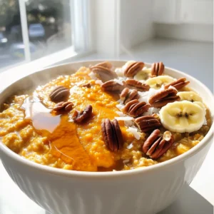- 1 cup rolled oats - 2 cups almond milk (or your preferred milk) - 1/2 cup pure pumpkin puree - 1/4 cup maple syrup - 1 teaspoon cinnamon - 1/2 teaspoon nutmeg - 1/4 teaspoon salt - 1/2 cup pecans, chopped - 1/2 teaspoon vanilla extract - Optional toppings: sliced bananas, additional pecans, coconut flakes, or a dollop of yogurt Each ingredient plays a key role in making this oatmeal cozy and delicious. The oats provide a warm base. The pumpkin adds creaminess and flavor. Maple syrup gives it a hint of sweetness. Cinnamon and nutmeg bring warmth, making it perfect for chilly days. If you need swaps, don’t worry! Here are some great options: - Instead of almond milk, you can use oat milk, coconut milk, or regular milk. - For pumpkin puree, you can use mashed sweet potatoes or butternut squash. - Honey can replace maple syrup if you prefer. - If you don’t have pecans, walnuts or almonds work well too. These substitutes can keep the heart of the dish while adding your own twist. Each serving of Cozy Maple Pecan Pumpkin Oatmeal is packed with nutrients. Here’s a rough breakdown: - Calories: 320 - Protein: 8g - Fat: 10g - Carbohydrates: 54g - Fiber: 7g - Sugars: 10g This oatmeal is not just tasty; it’s also filling. It provides energy and keeps you satisfied. Enjoy it as a wholesome breakfast that feels like a warm hug! To make the Cozy Maple Pecan Pumpkin Oatmeal, follow these easy steps: 1. Combine ingredients: In a medium saucepan, mix the rolled oats, almond milk, pure pumpkin puree, maple syrup, cinnamon, nutmeg, and salt. Stir well. This step helps blend the flavors. 2. Heat the mixture: Bring it to a gentle simmer over medium heat. Watching carefully prevents burning. 3. Cook the oats: Once simmering, reduce the heat to low. Stir occasionally for about 5-7 minutes. The oats will absorb most of the liquid and become creamy. 4. Add pecans and vanilla: When the oats are cooked, take the pan off the heat. Stir in the chopped pecans and vanilla extract. This adds a nice crunch and flavor. 5. Let it thicken: Allow the oatmeal to sit for a minute. This thickens it a bit more. Taste it and adjust the sweetness or seasoning if you want. 6. Serve: Scoop the warm oatmeal into bowls. Top with sliced bananas, extra pecans, coconut flakes, or yogurt. Enjoy each spoonful! - Use rolled oats: They cook faster and give a good texture. Avoid quick oats for this recipe. - Stir often: This helps prevent sticking and burning. Keep an eye on it while it cooks. - Adjust the milk: If you want a creamier texture, use more almond milk. - Check for doneness: Taste the oats before finishing. They should be soft but not mushy. - Prep time: 5 minutes. This includes measuring and mixing the ingredients. - Cooking time: 10 minutes. This includes bringing the mixture to a simmer and cooking. - Total time: 15 minutes. In just a quarter of an hour, you can enjoy a warm bowl of this delightful oatmeal. Remember, the key is to enjoy the process as much as the final dish! To boost the flavor of Cozy Maple Pecan Pumpkin Oatmeal, try adding a pinch of sea salt. This small touch brings out the natural sweetness in the maple syrup and pumpkin. You can also experiment with different spices. A dash of ginger or allspice can add a warm kick. For texture, use quick-cooking oats for a creamier base. If you prefer more chewiness, stick with rolled oats. One common mistake is cooking oats at too high a heat. This can cause them to stick to the pot. Always start on medium heat, then lower it to maintain a gentle simmer. Another mistake is not stirring enough. Stirring helps prevent clumping and ensures even cooking. Also, be mindful of the liquid-to-oat ratio. Too much liquid makes your oatmeal soupy, while too little can lead to dryness. Stick to the recipe for the best results. Serve your oatmeal warm in bowls. Top it with sliced bananas or extra pecans for crunch. Coconut flakes add a lovely texture, too. For a creamy finish, a dollop of yogurt works wonders. Pair your oatmeal with a warm drink like spiced chai or hot apple cider. These drinks complement the cozy flavors of the oatmeal perfectly. You can also enjoy it with a side of toast or muffins for a hearty breakfast. {{image_2}} You can easily make this oatmeal dairy-free. Simply use any plant-based milk. Almond milk works great, but oat or soy milk are good options too. If you want to skip nuts, try sunflower seeds or pumpkin seeds. They add a nice crunch without the allergens. To keep things fresh, swap in seasonal fruits! In fall, add diced apples or pears. They bring a sweet and juicy bite. You can cook them with the oats or add them raw on top. This adds color and flavor to your cozy bowl. If you like your oatmeal sweeter, add more maple syrup. A drizzle on top gives a nice finish. You can also mix in a splash of vanilla extract for extra flavor. Try adding dried fruit, like cranberries or raisins, for a chewy texture. These small changes can make a big difference! Store any leftover oatmeal in an airtight container. Let it cool to room temperature first. Place it in the fridge for up to three days. This keeps it fresh and tasty. When you are ready to eat, scoop out your portion. Add a splash of almond milk or water. This helps bring back the creamy texture. Heat it in the microwave for about one to two minutes. Stir halfway through to warm it evenly. You can also use a saucepan on low heat, stirring often. You can freeze leftover oatmeal for longer storage. Use freezer-safe containers or bags. Spread it flat in a bag for easy stacking. Label it with the date. It will stay good for up to three months. To thaw, move it to the fridge overnight. Reheat it the next day using the instructions above. You can also microwave it straight from frozen, adding extra milk or water. Yes, you can prepare Cozy Maple Pecan Pumpkin Oatmeal ahead. Just cook the oatmeal, let it cool, and store it in the fridge. Use an airtight container to keep it fresh. You can make it up to three days in advance. When ready to eat, reheat it on the stove or in the microwave. Add a splash of milk to restore the creaminess. You can top your oatmeal with many delicious options. Here are some great ideas: - Sliced bananas - Extra chopped pecans - Coconut flakes - A dollop of yogurt These toppings add flavor, texture, and nutrition. Feel free to mix and match to find your favorite combination! To make more servings, simply double or triple the ingredients. For example, use 2 cups of rolled oats and 4 cups of almond milk for four servings. Keep the other ingredients in proportion. Adjust the cooking time slightly if needed. Just make sure to stir well as you cook to avoid clumping. Enjoy your cozy oatmeal with friends or family! Cozy Maple Pecan Pumpkin Oatmeal is a great dish you can make. We covered the ingredients, detailed steps, and tips to cook it just right. You can even customize it with different flavors or adjust it for dietary needs. Remember, storing and reheating well keeps your oatmeal delicious. With these insights and tricks, you can make a warm bowl of comfort any time. Enjoy this cozy treat, and have fun experimenting with your favorite ingredients for a unique twist!