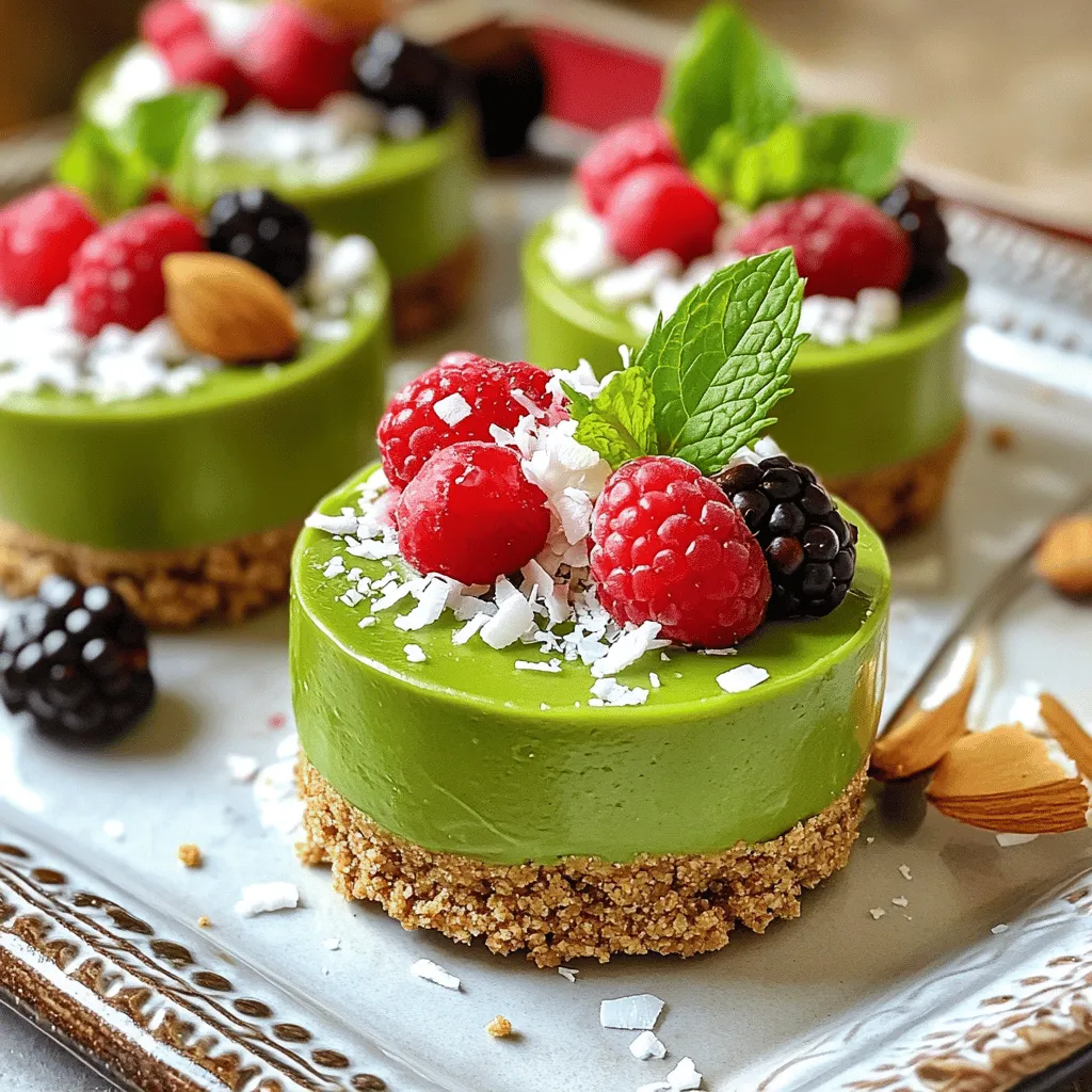 - 1 cup almond flour - 8 oz cream cheese, softened - 2 tablespoons matcha green tea powder - 1/2 cup Greek yogurt - Shredded coconut (for garnish) - 3 tablespoons melted coconut oil - 2 tablespoons maple syrup - 1/4 cup powdered sugar - 1 teaspoon vanilla extract - Fresh berries (for topping) - Mixing bowls - Serving cups - Spatula - Plastic wrap These ingredients come together to create a creamy, dreamy dessert. The almond flour forms a nutty base that gives texture. Softened cream cheese adds richness, while Greek yogurt makes it smooth and light. Matcha green tea powder gives the cups a vibrant green color and a unique taste. The shredded coconut is perfect for a fun garnish. Make sure to gather all your tools. Mixing bowls help you combine ingredients easily. Use serving cups that are pretty enough for your friends. A spatula helps you spread the filling smoothly. Lastly, plastic wrap keeps your treats fresh while they chill. You can find many of these ingredients in your local grocery store. Look for quality matcha powder for the best flavor. Enjoy making these delightful no-bake cheesecake cups! To start, gather your mixing bowl. Combine 1 cup of almond flour, 3 tablespoons of melted coconut oil, and 2 tablespoons of maple syrup. Mix these until they look crumbly. This helps form a solid crust. Next, press the mixture firmly into the bottom of each serving cup. Use the back of a spoon to compact it well. This step is key for a good base. In another bowl, beat 8 oz of softened cream cheese until smooth. This makes the filling creamy. Then, add 1/2 cup of Greek yogurt, 1/4 cup of powdered sugar, 2 tablespoons of matcha green tea powder, 1 teaspoon of vanilla extract, and a pinch of salt. Mix everything well. You want a creamy texture with no lumps. The matcha gives this dessert a lovely green hue and a unique flavor. Now, spoon the matcha cheesecake mixture over the crust in each cup. Smooth the top with a spatula for a nice finish. After that, cover the cups with plastic wrap. Refrigerate for at least 4 hours to let them set. Once set, remove from the fridge and add fresh berries on top. A sprinkle of shredded coconut adds a nice touch. Serve chilled and enjoy this delightful treat! To get a smooth and creamy cheesecake, follow these tips: - Ensure your cream cheese is well softened. This helps it blend easily. - Use room temperature ingredients. This creates a smoother mixture and avoids lumps. Presentation makes your cheesecake cups even more special. Here are some ideas: - Garnish with fresh berries. Blueberries, raspberries, or strawberries work wonderfully. - Add shredded coconut for a fun texture. Sprinkle it right before serving. - Serve on a decorative tray. It adds a nice touch to your dessert table. Avoid these mistakes to ensure your cheesecake cups are perfect: - Do not overmix the cheesecake filling. This can make it too airy. - Press the crust firmly into the cups. A good crust holds everything together. {{image_2}} You can change the flavor of your no-bake cheesecake cups easily. For a chocolate twist, use chocolate cream cheese instead of plain cream cheese. This adds a rich taste that chocolate lovers will enjoy. You can also blend in cocoa powder for an extra chocolate kick. For a fruit-flavored option, try strawberry or mango. Just puree fresh strawberries or mangoes and fold them into your cheesecake mixture. This adds a fresh and fruity flavor that is perfect for summer. If you want a vegan version, use plant-based cream cheese. There are many great brands available now. Substitute the Greek yogurt with a non-dairy yogurt for a creamy texture. For those with gluten issues, this recipe is easy to adapt. Ensure you use gluten-free almond flour. This way, you can enjoy the cheesecake without worry. When serving your cheesecake cups, consider fun toppings. Chopped nuts add crunch and flavor. A drizzle of chocolate sauce is always a hit too. You can also create themed dessert platters. Pair your matcha cheesecake cups with other desserts, like mini fruit tarts or chocolate mousse cups. This makes for a delightful presentation that will impress your guests. Store leftover no-bake matcha cheesecake cups in the fridge. Use airtight containers to keep them fresh. I suggest using clear glass jars or plastic cups with lids. This way, you can see how many are left. Make sure to cover the tops with plastic wrap if you use regular cups. You can freeze no-bake cheesecake cups. Just make sure they are well covered. Use plastic wrap or a freezer-safe container. When ready to eat, thaw them in the fridge overnight. This keeps the texture smooth and the taste fresh. These cheesecake cups last about 4 to 5 days in the fridge. Always check for spoilage before eating. Look for signs like a change in color or an off smell. If they seem watery or have a strange texture, it's best to throw them away. Yes, you can make these cheesecake cups ahead of time. I suggest preparing them a day before you plan to serve them. This gives the flavors time to meld together beautifully. Just remember to cover them well in the fridge. They taste better when they chill longer. You can use regular yogurt or sour cream instead of Greek yogurt. Both options work well. Regular yogurt will make the cheesecake a bit lighter. Sour cream adds a nice tangy flavor. Choose what you like best! To make your cheesecake cups sweeter, add more powdered sugar. Start with one tablespoon at a time. If you want less sweetness, reduce the powdered sugar. Taste as you go to find your perfect balance! You learned how to make delicious no-bake matcha cheesecake cups. We covered main ingredients like almond flour, cream cheese, and matcha powder. I shared tips for perfect texture and ways to avoid common mistakes. You can customize flavors or make dietary swaps, too. Don't forget to store leftovers properly. Try these fun cheesecake cups at your next gathering. They’re tasty, easy, and sure to impress your guests.