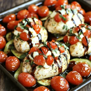 - 4 boneless, skinless chicken breasts - 1 cup fresh mozzarella cheese, diced - 2 large tomatoes, diced - 1 cup fresh basil leaves, chopped The main ingredients create a wonderful taste. The chicken serves as a tasty pocket. The mozzarella gives a creamy touch. Fresh tomatoes add juiciness. Basil brings a burst of flavor and freshness. This mix is the heart of the dish. - 3 tablespoons olive oil - 1 teaspoon garlic powder - 1 teaspoon onion powder - 1 teaspoon Italian seasoning - Salt and pepper to taste Seasoning is key for the best taste. Olive oil helps everything cook well. Garlic and onion powder add depth. Italian seasoning brings a mix of herbs. Don’t forget salt and pepper! These simple seasonings make all the difference. - 1 cup cherry tomatoes, halved (for roasting) - 1 zucchini, sliced into rounds - 2 tablespoons balsamic glaze The cherry tomatoes roast beautifully. They add sweetness and color. Sliced zucchini gives a nice crunch. Balsamic glaze adds a tangy finish. All these ingredients work together to create a vibrant dish. - Preheat your oven to 400°F (200°C). - In a bowl, mix 1 cup of diced mozzarella, 2 large diced tomatoes, and 1 cup of chopped basil. - Season with salt, pepper, and a splash of balsamic glaze. This mix will be your filling. - Take a sharp knife and create pockets in each chicken breast. - Slice into the thickest part without cutting all the way through. - Stuff each pocket with the mozzarella, tomato, and basil mix. - Use toothpicks if needed to secure the stuffing. - On a large sheet pan, arrange the stuffed chicken breasts in the center. - Toss 1 cup of halved cherry tomatoes and 1 sliced zucchini with 3 tablespoons of olive oil, 1 teaspoon of Italian seasoning, 1 teaspoon of garlic powder, onion powder, salt, and pepper. - Scatter the cherry tomatoes and zucchini around the chicken. - Drizzle the remaining olive oil and balsamic glaze over everything. - Bake the pan in the oven for about 25-30 minutes. - Check that the chicken is cooked through; it should reach 165°F (74°C) inside. - If you like a crispy top, broil the dish for 2-3 minutes at the end. - Once done, let it rest for 5 minutes before serving. To stuff chicken breasts without breaking them, use a sharp knife. Cut a pocket in the thickest part, but don't cut all the way through. This keeps your filling inside. For even cooking, make sure all chicken breasts are similar in size. This helps them cook at the same rate. To ensure your veggies cook well, cut the zucchini into even rounds. This way, they bake evenly with the chicken. Stir the cherry tomatoes and zucchini in olive oil and seasonings before placing them on the pan. This adds great flavor. You can add other seasonings to enhance the taste. Try crushed red pepper for heat or lemon zest for freshness. If you have leftover ingredients, make a quick salad. Toss mixed greens with the remaining balsamic glaze for a nice side dish. Herbs like oregano or thyme can also add depth to the dish. Sprinkle them on the veggies or chicken for extra flavor. For best results, use a heavy-duty sheet pan. This ensures even baking and prevents warping. A rimmed pan is ideal to keep juices from spilling over. You’ll need a sharp knife for pocketing the chicken. A cutting board is also essential for safe chopping. If you have kitchen twine, it can help secure the chicken if needed. {{image_2}} You can switch up the ingredients in this dish to suit your needs. For a dairy-free option, use vegan cheese instead of mozzarella. You can also try tofu for a protein boost without dairy. If you are following a low-carb diet, skip the zucchini or replace it with cauliflower rice. You might want to use different vegetables too. Bell peppers or asparagus can add great flavor and color. Carrots and green beans work well too! Just make sure to cut them into similar sizes for even cooking. To change the taste, consider adding pesto inside the chicken. This gives a fresh twist. Sun-dried tomatoes also add a lovely tang. You can mix these with the cheese and basil for a richer flavor. For a Mediterranean vibe, swap the basil with fresh oregano or thyme. You can also add olives or capers to the veggie mix for a salty kick. This will make the dish feel more gourmet while still being easy to make. This dish pairs well with fresh salads or grains. A light arugula salad with lemon dressing complements the chicken. Quinoa or couscous can also be great sides, adding texture and nutrition. For sauces, a drizzle of extra balsamic glaze or a simple garlic sauce works wonders. You can also serve it with a side of marinara sauce for dipping. This makes your meal even more exciting and flavorful! To keep your stuffed chicken fresh, store it in the fridge. Place it in an airtight container. This helps lock in flavor and moisture. The chicken stays good for about three to four days. If you want to save it longer, consider freezing. Cut the chicken into portions for easier thawing later. Wrap each piece tightly in plastic wrap. Then, place them in a freezer bag. This way, you can enjoy it for up to three months. When it's time to eat your leftovers, reheating is key. The best methods are the oven or the stovetop. For the oven, set it to 350°F (175°C). Place the chicken in a baking dish. Add a splash of water or broth to keep it moist. Cover it with foil to prevent drying out. Heat for about 15-20 minutes. If using the stovetop, heat a skillet over medium heat. Add a little oil and gently warm the chicken for about 5-7 minutes. To keep the flavors intact, avoid microwaving if you can. This method may dry out the chicken or make it chewy. Whether you choose the oven or stovetop, your stuffed chicken will taste just as great as the first time! How long should I bake the chicken? Bake the chicken for about 25 to 30 minutes. The chicken is done when it reaches 165°F (74°C). This ensures it is safe to eat and juicy. Can I use other types of cheese for stuffing? Yes, you can use different cheeses. Try ricotta, goat cheese, or even cheddar. Each cheese adds a unique flavor to the dish. What to do if the chicken is not cooked through? If the chicken is undercooked, return it to the oven. Bake it for another 5 to 10 minutes. Always check the thickest part with a meat thermometer. Can I make this recipe ahead of time? You can prepare the chicken and stuff it ahead of time. Just cover it and store it in the fridge for up to 24 hours. When ready, bake as instructed. What if I can't find fresh basil? If fresh basil is not available, you can use dried basil. Use about one-third of the amount. Alternatively, try fresh parsley or spinach for a different flavor. How can I adjust the recipe for more servings? To serve more people, simply double the ingredients. Use two sheet pans if needed. Make sure the chicken pieces are not crowded for even cooking. This blog covers the tasty Sheet Pan Caprese Stuffed Chicken. You learned about key ingredients, like chicken, mozzarella, and tomatoes. The step-by-step guide helped you prepare and cook this dish right. With tips to perfect the stuffing and storage advice, you can enjoy leftovers later. Finally, variations let you customize each meal. Use your creativity to make this dish yours. Cooking is fun, and this recipe shines with flavor and ease. Now it’s time to cook and impress your family and friends!