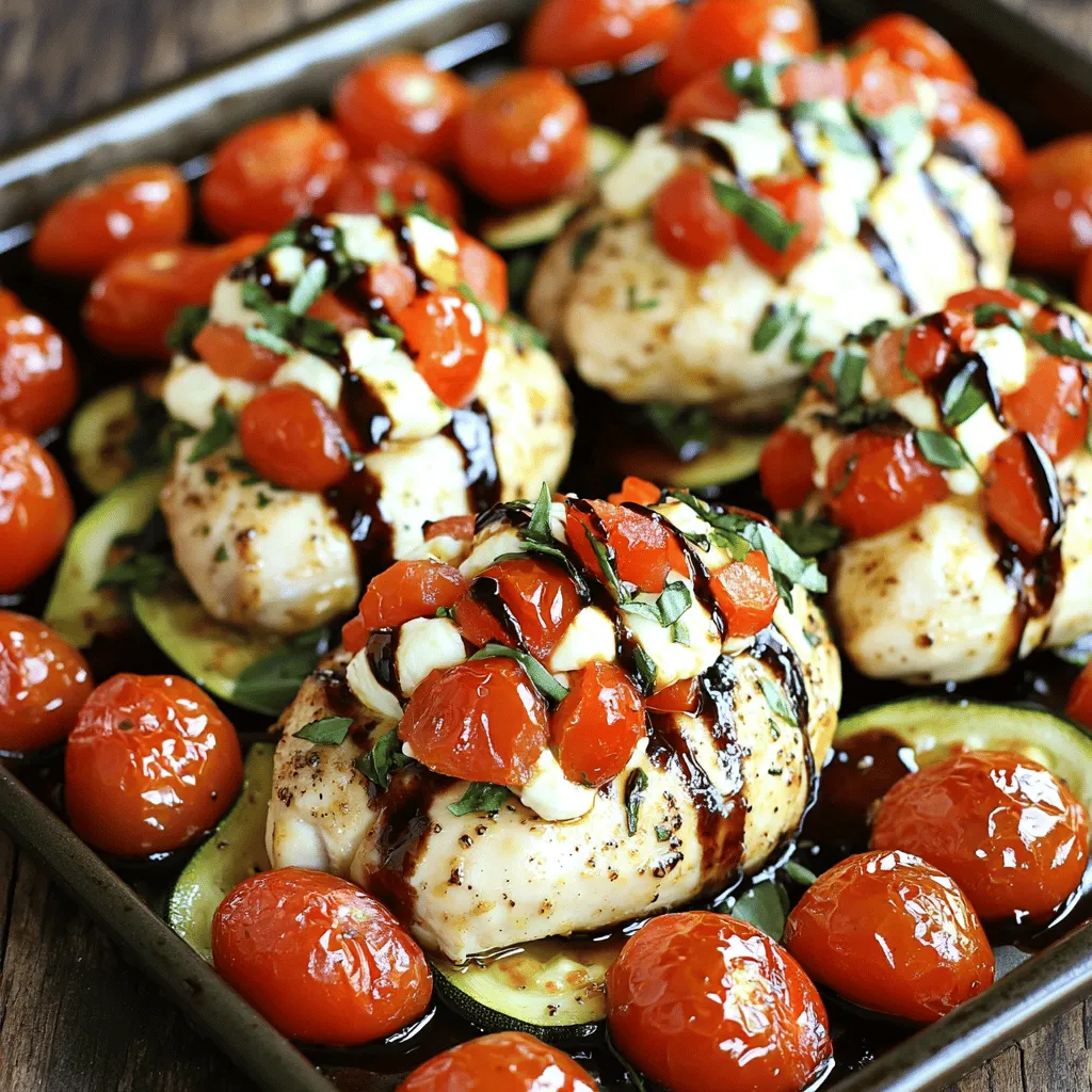 - 4 boneless, skinless chicken breasts - 1 cup fresh mozzarella cheese, diced - 2 large tomatoes, diced - 1 cup fresh basil leaves, chopped The main ingredients create a wonderful taste. The chicken serves as a tasty pocket. The mozzarella gives a creamy touch. Fresh tomatoes add juiciness. Basil brings a burst of flavor and freshness. This mix is the heart of the dish. - 3 tablespoons olive oil - 1 teaspoon garlic powder - 1 teaspoon onion powder - 1 teaspoon Italian seasoning - Salt and pepper to taste Seasoning is key for the best taste. Olive oil helps everything cook well. Garlic and onion powder add depth. Italian seasoning brings a mix of herbs. Don’t forget salt and pepper! These simple seasonings make all the difference. - 1 cup cherry tomatoes, halved (for roasting) - 1 zucchini, sliced into rounds - 2 tablespoons balsamic glaze The cherry tomatoes roast beautifully. They add sweetness and color. Sliced zucchini gives a nice crunch. Balsamic glaze adds a tangy finish. All these ingredients work together to create a vibrant dish. - Preheat your oven to 400°F (200°C). - In a bowl, mix 1 cup of diced mozzarella, 2 large diced tomatoes, and 1 cup of chopped basil. - Season with salt, pepper, and a splash of balsamic glaze. This mix will be your filling. - Take a sharp knife and create pockets in each chicken breast. - Slice into the thickest part without cutting all the way through. - Stuff each pocket with the mozzarella, tomato, and basil mix. - Use toothpicks if needed to secure the stuffing. - On a large sheet pan, arrange the stuffed chicken breasts in the center. - Toss 1 cup of halved cherry tomatoes and 1 sliced zucchini with 3 tablespoons of olive oil, 1 teaspoon of Italian seasoning, 1 teaspoon of garlic powder, onion powder, salt, and pepper. - Scatter the cherry tomatoes and zucchini around the chicken. - Drizzle the remaining olive oil and balsamic glaze over everything. - Bake the pan in the oven for about 25-30 minutes. - Check that the chicken is cooked through; it should reach 165°F (74°C) inside. - If you like a crispy top, broil the dish for 2-3 minutes at the end. - Once done, let it rest for 5 minutes before serving. To stuff chicken breasts without breaking them, use a sharp knife. Cut a pocket in the thickest part, but don't cut all the way through. This keeps your filling inside. For even cooking, make sure all chicken breasts are similar in size. This helps them cook at the same rate. To ensure your veggies cook well, cut the zucchini into even rounds. This way, they bake evenly with the chicken. Stir the cherry tomatoes and zucchini in olive oil and seasonings before placing them on the pan. This adds great flavor. You can add other seasonings to enhance the taste. Try crushed red pepper for heat or lemon zest for freshness. If you have leftover ingredients, make a quick salad. Toss mixed greens with the remaining balsamic glaze for a nice side dish. Herbs like oregano or thyme can also add depth to the dish. Sprinkle them on the veggies or chicken for extra flavor. For best results, use a heavy-duty sheet pan. This ensures even baking and prevents warping. A rimmed pan is ideal to keep juices from spilling over. You’ll need a sharp knife for pocketing the chicken. A cutting board is also essential for safe chopping. If you have kitchen twine, it can help secure the chicken if needed. {{image_2}} You can switch up the ingredients in this dish to suit your needs. For a dairy-free option, use vegan cheese instead of mozzarella. You can also try tofu for a protein boost without dairy. If you are following a low-carb diet, skip the zucchini or replace it with cauliflower rice. You might want to use different vegetables too. Bell peppers or asparagus can add great flavor and color. Carrots and green beans work well too! Just make sure to cut them into similar sizes for even cooking. To change the taste, consider adding pesto inside the chicken. This gives a fresh twist. Sun-dried tomatoes also add a lovely tang. You can mix these with the cheese and basil for a richer flavor. For a Mediterranean vibe, swap the basil with fresh oregano or thyme. You can also add olives or capers to the veggie mix for a salty kick. This will make the dish feel more gourmet while still being easy to make. This dish pairs well with fresh salads or grains. A light arugula salad with lemon dressing complements the chicken. Quinoa or couscous can also be great sides, adding texture and nutrition. For sauces, a drizzle of extra balsamic glaze or a simple garlic sauce works wonders. You can also serve it with a side of marinara sauce for dipping. This makes your meal even more exciting and flavorful! To keep your stuffed chicken fresh, store it in the fridge. Place it in an airtight container. This helps lock in flavor and moisture. The chicken stays good for about three to four days. If you want to save it longer, consider freezing. Cut the chicken into portions for easier thawing later. Wrap each piece tightly in plastic wrap. Then, place them in a freezer bag. This way, you can enjoy it for up to three months. When it's time to eat your leftovers, reheating is key. The best methods are the oven or the stovetop. For the oven, set it to 350°F (175°C). Place the chicken in a baking dish. Add a splash of water or broth to keep it moist. Cover it with foil to prevent drying out. Heat for about 15-20 minutes. If using the stovetop, heat a skillet over medium heat. Add a little oil and gently warm the chicken for about 5-7 minutes. To keep the flavors intact, avoid microwaving if you can. This method may dry out the chicken or make it chewy. Whether you choose the oven or stovetop, your stuffed chicken will taste just as great as the first time! How long should I bake the chicken? Bake the chicken for about 25 to 30 minutes. The chicken is done when it reaches 165°F (74°C). This ensures it is safe to eat and juicy. Can I use other types of cheese for stuffing? Yes, you can use different cheeses. Try ricotta, goat cheese, or even cheddar. Each cheese adds a unique flavor to the dish. What to do if the chicken is not cooked through? If the chicken is undercooked, return it to the oven. Bake it for another 5 to 10 minutes. Always check the thickest part with a meat thermometer. Can I make this recipe ahead of time? You can prepare the chicken and stuff it ahead of time. Just cover it and store it in the fridge for up to 24 hours. When ready, bake as instructed. What if I can't find fresh basil? If fresh basil is not available, you can use dried basil. Use about one-third of the amount. Alternatively, try fresh parsley or spinach for a different flavor. How can I adjust the recipe for more servings? To serve more people, simply double the ingredients. Use two sheet pans if needed. Make sure the chicken pieces are not crowded for even cooking. This blog covers the tasty Sheet Pan Caprese Stuffed Chicken. You learned about key ingredients, like chicken, mozzarella, and tomatoes. The step-by-step guide helped you prepare and cook this dish right. With tips to perfect the stuffing and storage advice, you can enjoy leftovers later. Finally, variations let you customize each meal. Use your creativity to make this dish yours. Cooking is fun, and this recipe shines with flavor and ease. Now it’s time to cook and impress your family and friends!