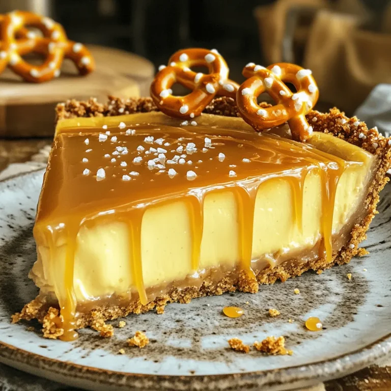 To make the No-Bake Salted Caramel Pretzel Pie, you will need: - 2 cups pretzel sticks - ½ cup unsalted butter, melted - ¼ cup granulated sugar - 1 cup cream cheese, softened - 1 cup powdered sugar - 1 teaspoon vanilla extract - 1 cup heavy whipping cream - 1 cup caramel sauce (store-bought or homemade) - Sea salt for garnish Each of these ingredients plays a key role. The pretzels give a nice crunch, while the cream cheese adds creaminess. The caramel brings sweet flavor, and sea salt balances it all. Always choose fresh ingredients for the best flavor. Look for soft cream cheese, not the kind that feels hard or crumbly. Use high-quality caramel sauce. Store-bought is fine, but homemade can take the pie to another level. For the whipped cream, go for heavy cream with a high fat content. This helps it whip up nicely. If you need a gluten-free version, swap pretzel sticks for gluten-free pretzel options. For a dairy-free pie, use vegan cream cheese and coconut cream instead of heavy cream. You can also find dairy-free butter for the crust. These swaps keep the pie delicious while meeting your dietary needs. To start, crush 2 cups of pretzel sticks into small pieces. You can use a food processor or a rolling pin. Once crushed, mix them with ½ cup of melted unsalted butter and ¼ cup of granulated sugar. Stir until the mixture is well combined and looks like wet sand. Next, press this mixture into the bottom and up the sides of a 9-inch pie dish. Make sure it’s tightly packed to hold the filling. Refrigerate for 30 minutes to set. While the crust chills, prepare the cream cheese filling. In a large bowl, beat 1 cup of softened cream cheese with an electric mixer. Mix until it’s creamy and smooth. Gradually add in 1 cup of powdered sugar and 1 teaspoon of vanilla extract. Keep mixing until the filling is fluffy. In another bowl, whip 1 cup of heavy cream until stiff peaks form. Gently fold this whipped cream into the cream cheese mixture until it’s fully combined. Be careful not to deflate the whipped cream. Now, it’s time to assemble the pie. Remove the crust from the refrigerator. Spoon half of the cream cheese filling into the crust. Smooth it out evenly. Drizzle half of the caramel sauce over this layer. Then, add the remaining cream cheese filling and smooth out the top. Cover the pie with plastic wrap and refrigerate for at least 4 hours. For the best results, chill it overnight. When ready to serve, drizzle the remaining caramel sauce on top and sprinkle with sea salt. Enjoy this sweet and salty treat! When making No-Bake Salted Caramel Pretzel Pie, a few mistakes can spoil your fun. First, don’t rush the crust. Crushing the pretzels too finely can make it hard to hold together. Aim for small chunks. Next, don’t skip the chilling time after pressing the crust. It needs to set well to hold the filling. Lastly, be gentle when folding in the whipped cream. Overmixing can lead to a flat filling. To get the best texture, focus on the cream cheese. It should be very soft. I let it sit out for about 30 minutes before mixing. This helps it blend better. When whipping the cream, ensure it's cold for stiff peaks. Fold it gently into the cream cheese mixture. This keeps the filling light and fluffy. A smooth pie filling will give you that perfect bite. Chilling time is key for this pie. I suggest chilling it for at least four hours. However, overnight is even better. This extra time allows the flavors to meld and the filling to set perfectly. If you are in a hurry, you can chill it for a shorter time, but the texture may not be as creamy. {{image_2}} You can easily make this pie vegan. Start by using vegan butter instead of regular butter. For the filling, use dairy-free cream cheese. Coconut cream is a great substitute for heavy cream. Just chill a can of full-fat coconut milk, scoop out the solid cream, and whip it. This will give you a rich, creamy texture. Use maple syrup or a vegan caramel sauce to keep it sweet and delicious. If you want a gluten-free pie, swap the pretzel sticks for gluten-free pretzels. Many brands offer gluten-free options that taste just as good. Make sure your other ingredients, like the cream cheese and caramel sauce, are also gluten-free. Always check labels to avoid hidden gluten. Feel free to play with flavors! For a chocolate twist, mix cocoa powder into the cream cheese filling. You can also drizzle chocolate sauce on top before serving. If you love peanut butter, mix in some peanut butter into the cream cheese filling. This adds a nutty flavor that pairs well with the salty pretzels. You can also use peanut butter sauce on top for an extra treat. To keep your No-Bake Salted Caramel Pretzel Pie fresh, cover it well. Use plastic wrap or foil. This keeps out air and moisture. Store leftover pie in the fridge. This helps maintain its creamy texture. Avoid leaving the pie uncovered. It can dry out or absorb odors from other foods. In the refrigerator, this pie lasts about 3 to 5 days. The crust stays crunchy for the first couple of days. After that, it may soften. Make sure to check for any signs of spoilage before eating. If it looks or smells off, it's best to toss it. You can freeze the No-Bake Salted Caramel Pretzel Pie for longer storage. Wrap it tightly in plastic wrap, then in foil. This prevents freezer burn. It can last up to 2 months in the freezer. When you're ready to eat, move it to the fridge to thaw overnight. Enjoy your pie chilled, or let it sit at room temperature for a bit before serving. Yes, you can make this pie ahead of time. In fact, it tastes better when chilled overnight. This allows the flavors to blend. Just make sure to cover it tightly with plastic wrap. You can store it in the fridge for up to three days. If you're making it for a special event, prepare it a day early for best results. If you don't have heavy cream, try using coconut cream or Greek yogurt. Both options can add a creamy texture. For a lighter version, use half-and-half or whole milk. Keep in mind, these substitutes may change the taste slightly. Always choose the option that fits your dietary needs best. Making homemade caramel sauce is simple and fun. Here’s how to do it: - Ingredients: - 1 cup granulated sugar - 6 tablespoons unsalted butter, cut into pieces - ½ cup heavy cream - A pinch of salt - Instructions: 1. In a medium saucepan, heat the sugar over medium heat. 2. Stir constantly until the sugar melts and turns a golden color. 3. Remove from heat and add the butter, stirring until it melts. 4. Slowly pour in the cream while stirring. 5. Add the salt and mix well. Let it cool before using. This caramel sauce will add rich flavor to your pie. Enjoy! This blog post covered all the key steps to make a great pie. We explored the best ingredients and how to pick them. You learned how to prepare the crust and filling, then assemble the pie for the best results. I shared tips to avoid common mistakes and achieve smooth texture. We also discussed fun variations and how to store leftovers. Remember, a little care in each step can lead to a delicious treat you will love. Enjoy making your pie with these tips!