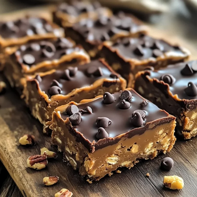 To make the perfect Peanut Butter Oatmeal Fudge Bars, you need simple, wholesome ingredients. Here’s what you will need: - 1 cup natural peanut butter (creamy or crunchy) - 1/2 cup honey or maple syrup - 1/4 cup coconut oil, melted - 2 cups rolled oats - 1/2 cup cocoa powder - 1/2 cup dark chocolate chips - 1 teaspoon vanilla extract - Pinch of salt - Optional: chopped nuts or seeds for topping These ingredients come together to create a rich, chewy treat. The natural peanut butter adds depth, while honey or maple syrup gives sweetness. Coconut oil makes everything smooth and rich. Rolled oats provide a hearty texture. Cocoa powder and dark chocolate chips make these bars truly decadent. The vanilla extract enhances the flavor, and a pinch of salt balances the sweetness. You can also add nuts or seeds on top for extra crunch. Gather these ingredients, and you’re ready to create a delicious snack that everyone will love! 1. Preheat your oven to 350°F (175°C). Next, line an 8x8-inch baking pan with parchment paper. Leave some paper hanging over the sides. This helps with easy removal later. 2. In a large bowl, mix together the natural peanut butter, honey (or maple syrup), and melted coconut oil. Use a spoon to stir until it is smooth. Make sure everything blends well. 3. Add the vanilla extract and a pinch of salt to your wet mixture. Stir until you can’t see the salt anymore. 4. In another bowl, mix the rolled oats and cocoa powder. Gradually fold this dry mix into the wet ingredients. Keep mixing until you have a thick and sticky batter. 5. Now, fold in the dark chocolate chips. Make sure they are spread evenly throughout the batter. 1. Pour the thick batter into the prepared baking pan. Use a spatula to press it down firmly. Aim for an even layer across the pan. 2. If you want, sprinkle some chopped nuts or seeds on top. Press them lightly into the fudge mixture. 3. Bake in your preheated oven for 15-20 minutes. The edges should be firm, but the center can be a bit soft. 4. Once baked, remove the pan from the oven. Let the bars cool in the pan for about 30 minutes. Then, transfer them to the fridge for another 30 minutes. This helps them set completely. 5. After cooling, lift the fudge out of the pan using the parchment paper. Cut into squares or bars. Enjoy your Peanut Butter Oatmeal Fudge Bars! To get the right consistency for the batter, mix your wet and dry ingredients well. When you combine the peanut butter, honey, and coconut oil, stir until smooth. The mixture should feel thick and sticky. If it’s too dry, add a splash of water or more oil. For even baking, spread the batter smoothly in the pan. Press down firmly to create a level surface. This helps them cook evenly. Keep an eye on them while baking. The edges should firm up, but the center can stay soft. After cooling, cutting the bars can be tricky. Use a sharp knife for clean cuts. If the bars stick, run the knife under warm water. That will help slice through without pulling apart the bars. For presentation, arrange the bars on a nice wooden board. Drizzle some melted chocolate on top for a fancy touch. This makes them look great for guests. Pair the bars with fresh fruit like strawberries or bananas. The fruit adds color and freshness to your plate. Plus, it balances the rich fudge flavor. {{image_2}} You can easily make these bars vegan. Swap honey for maple syrup. Use coconut oil or any plant-based oil in place of butter. This keeps the bars rich and creamy, while still being dairy-free. For gluten-free options, make sure to use certified gluten-free oats. This small change lets everyone enjoy these tasty treats. Just check the label on your oats to ensure they meet this standard. Want to spice things up? You can add a dash of cinnamon or nutmeg. These spices give depth to the flavor. Just a little bit can turn a simple bar into something special. Feeling adventurous? Try swapping peanut butter for almond butter. You could even use white chocolate chips instead of dark chocolate. This adds a sweet twist. Each change lets you create a new flavor that keeps things exciting. To keep your Peanut Butter Oatmeal Fudge Bars fresh, store them in an airtight container. This helps prevent them from drying out. You can keep them at room temperature for up to a week. If you want to keep them longer, the fridge is a great option. In the fridge, they can last for about two weeks. For the best results, use glass or plastic containers with tight lids. If you stack the bars, place parchment paper between layers. This will keep them from sticking together. Freezing your fudge bars is simple. First, cut them into squares or bars. Then, wrap each piece in plastic wrap. Place the wrapped bars in a freezer-safe container or a zip-top bag. They can stay fresh in the freezer for up to three months. When you're ready to enjoy them, take out the bars. Let them thaw in the fridge for about an hour. You can also leave them at room temperature for about 30 minutes. After thawing, they will be soft and tasty, just like fresh! Can I use different nut butters? Yes, you can use other nut butters. Almond butter, cashew butter, or sunflower seed butter work well. Each nut butter gives a unique taste and texture. How long do these bars last? These bars last about one week at room temperature. Keep them in an airtight container to maintain freshness. They can also last up to three weeks in the fridge. Can I skip the cocoa powder? You can skip the cocoa powder if you want. The bars will still taste great with just peanut butter and oats. You may want to add more sweetener to balance the flavor. What can I use instead of honey/maple syrup? You can use agave syrup, brown rice syrup, or date syrup. Each option adds a different sweetness level, so adjust to your taste. You learned how to make delicious peanut butter oatmeal fudge bars. We covered ingredients, steps, and tips for success. Remember, you can tweak recipes for dietary needs or flavor. Store them right to keep them fresh. These bars are easy to make and fun to share. I hope you enjoy baking and eating them as much as I do! Try out your own variations, and have fun in the kitchen. Happy baking!