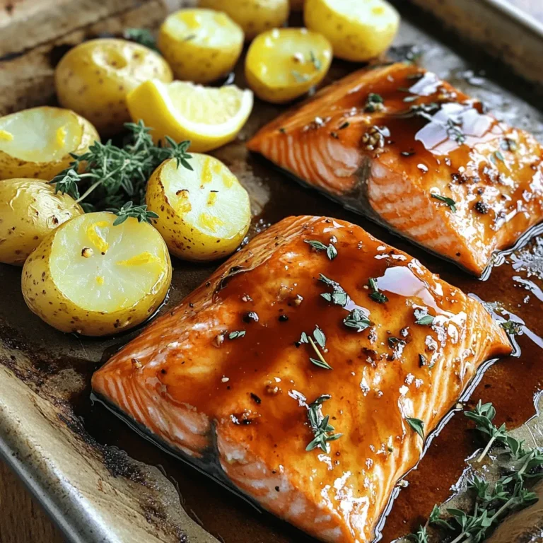 - 4 salmon fillets (about 6 ounces each) - 1 pound baby potatoes, halved - 1/4 cup pure maple syrup - 2 tablespoons soy sauce (or tamari for gluten-free) - 2 tablespoons Dijon mustard - 2 tablespoons olive oil - 3 cloves garlic, minced - 1 teaspoon fresh thyme leaves (or 1/2 teaspoon dried thyme) - Salt and pepper to taste - Lemon wedges for serving - Fresh parsley, chopped for garnish You can change the salmon for another fish like trout or cod. If you want a spicy kick, add red pepper flakes to the glaze. You can also swap baby potatoes for sweet potatoes for a sweet twist. Fresh herbs like dill or basil can replace thyme for a new flavor. For this recipe, you need a large baking sheet and parchment paper. A whisk helps mix the glaze well. Use a sharp knife to cut potatoes and garlic. A basting brush makes it easy to coat the salmon. Don't forget oven mitts for safety when handling hot trays! First, set your oven to 400°F (200°C). This high heat cooks the salmon and potatoes well. While the oven warms up, line a large baking sheet with parchment paper. This step helps with easy cleanup later. In a medium bowl, combine the following ingredients: - 1/4 cup pure maple syrup - 2 tablespoons soy sauce (or tamari for gluten-free) - 2 tablespoons Dijon mustard - 2 tablespoons olive oil - 3 cloves garlic, minced - 1 teaspoon fresh thyme leaves (or 1/2 teaspoon dried thyme) - Salt and pepper to taste Whisk these together until smooth. This glaze adds a sweet and savory flavor to your dish. Now, take your halved baby potatoes. Place them on one side of the baking sheet. Drizzle half of the maple glaze over the potatoes. Toss them well to coat. On the other side of the sheet, lay down the salmon fillets. Season them lightly with salt and pepper. Brush the remaining glaze over the top of each fillet. Slide the sheet pan into your hot oven. Bake for 20-25 minutes. The salmon should flake easily and the potatoes must be tender and golden. Toss the potatoes halfway through cooking for even browning. When done, let the pan rest for a few minutes. Serve warm, drizzled with any leftover glaze, and add some lemon wedges and chopped parsley for a fresh touch. Enjoy! For the best results, cook salmon for 20 to 25 minutes. It should reach an internal temperature of 145°F (63°C). This ensures a flaky texture. I like to check it at 20 minutes. If it is still too rare, give it a few more minutes. The key is to avoid overcooking. Overcooked salmon can be dry and tough. To get golden and tender potatoes, cut them in half. This helps them cook evenly. Toss them in the glaze well. Spread them out on the sheet pan without crowding. Crowded potatoes can steam instead of roast. Toss them halfway through cooking for even color and tenderness. If you want crispier edges, use a higher heat for the last few minutes. Fresh herbs make a big difference. I love adding fresh thyme to the glaze. You can also try rosemary or dill for a twist. If you prefer a bit of heat, a pinch of cayenne pepper works great too. Mix and match based on your taste. For a zesty kick, squeeze fresh lemon juice over the dish before serving. This brightens the flavors and adds freshness. {{image_2}} You can swap salmon for other proteins. Try chicken breasts or shrimp. Both work well with the maple glaze. Just adjust the cook time. Chicken needs about 25-30 minutes, while shrimp cooks in 10-15 minutes. Each option brings unique flavors and textures to the dish. Feel free to mix up the veggies. Carrots, broccoli, or bell peppers add color and taste. Cut them to similar sizes for even cooking. Toss these veggies with the glaze. They will soak up the sweet and savory flavors. Remember to check for doneness, as cooking times may vary. To make this recipe gluten-free, use tamari instead of soy sauce. This small swap keeps the dish tasty. For dairy-free options, simply skip any butter or cream. The recipe is already dairy-free. This way, everyone can enjoy a delicious meal without worry. To keep your Maple Glazed Salmon and potatoes fresh, store them in airtight containers. Let the dish cool to room temperature first. Then, divide the salmon and potatoes into separate containers if possible. This helps maintain texture and flavor. Store them in the fridge for up to three days. If you're like me and love leftovers, remember to label the containers with the date. When you're ready to enjoy your leftovers, there are a few easy ways to reheat. The best method is to use the oven. Preheat your oven to 350°F (175°C). Place the salmon and potatoes on a baking sheet. Cover them with foil to keep them moist. Heat for about 15 minutes, or until warmed through. You can also use a microwave, but the oven keeps everything crispier. If you want to save some for later, you can freeze this dish. Wrap the salmon and potatoes tightly in plastic wrap, then place them in a freezer bag. Be sure to squeeze out as much air as possible. Label the bag with the date. You can freeze them for up to three months. When you're ready to eat, thaw them in the fridge overnight before reheating. Yes, you can use frozen salmon. Just make sure to thaw it first. Place it in the fridge overnight or run it under cold water. Once thawed, you can proceed with the recipe as normal. Keep in mind, the cooking time may vary slightly. To check if the salmon is done, look for a few signs. The fish should flake easily with a fork. It should also change from bright pink to a lighter, opaque color. If you have a food thermometer, the internal temperature should reach 145°F (63°C). Many sides work great with this dish. Here are some ideas: - Steamed green beans - Roasted asparagus - A fresh garden salad - Quinoa or rice Each of these sides adds a nice balance to the sweet glaze of the salmon. Yes, this recipe is perfect for meal prep. You can cook it ahead of time and store it in the fridge. Just divide the salmon and potatoes into meal containers. They will stay fresh for up to four days. When ready to eat, simply reheat in the microwave or oven. This blog covered how to make Maple Glazed Salmon with roasted potatoes. We explored essential ingredients and tips for cooking times. You learned how to prepare the glaze and bake everything perfectly. We also looked at variations and storage tips to keep your meals fresh. Remember, you can adjust this recipe to fit your taste. Experimenting with flavors makes cooking fun. Enjoy your meal and share it with others!