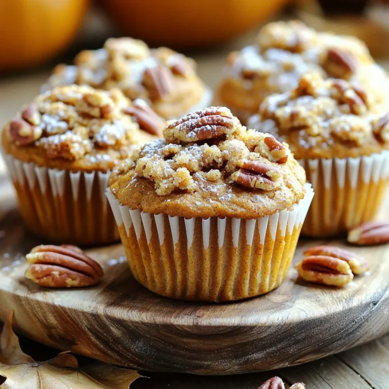 - 1 cup canned pumpkin puree - 1/2 cup brown sugar, packed - 1/4 cup granulated sugar - 2 large eggs - 1/2 cup vegetable oil These main ingredients bring rich flavor and moisture to the muffins. The canned pumpkin puree offers a sweet and earthy base. Brown sugar adds depth, while granulated sugar balances the taste. Eggs help bind the mix and provide structure. Vegetable oil keeps the muffins soft and fluffy. - 1 1/2 cups all-purpose flour - 1 teaspoon baking powder - 1/2 teaspoon baking soda - 1/2 teaspoon ground cinnamon - 1/4 teaspoon nutmeg - 1/4 teaspoon salt The dry ingredients create the perfect muffin texture. All-purpose flour gives stability. Baking powder and baking soda help the muffins rise. Ground cinnamon and nutmeg add warm spices that enhance the pumpkin's flavor. Salt rounds out the taste, making it complex and delightful. - 1 cup chopped pecans, toasted - 1/2 cup streusel topping Toppings add crunch and flavor. Chopped pecans bring a nutty taste that pairs well with pumpkin. Toasting them enhances their flavor. The streusel topping adds a sweet, crumbly layer that contrasts with the soft muffin. This mix of textures makes every bite a treat. 1. Preheat your oven to 350°F (175°C). This helps muffins bake evenly. 2. Line a muffin tin with paper liners. You can also grease it with non-stick spray. 3. In a small bowl, prepare the streusel topping. Combine 1/2 cup flour, 1/3 cup brown sugar, chopped pecans, and 1/2 teaspoon cinnamon. 4. Add 3 tablespoons of cold, cubed butter. Mix until it looks crumbly. Set this aside for later. 1. In a large bowl, mix 1 cup of pumpkin puree with 1/2 cup brown sugar and 1/4 cup granulated sugar. 2. Crack in 2 large eggs and add 1/2 cup vegetable oil. 3. Pour in 1 teaspoon vanilla extract. Whisk everything until smooth. 1. In another bowl, sift together 1 1/2 cups all-purpose flour, 1 teaspoon baking powder, 1/2 teaspoon baking soda, 1/2 teaspoon ground cinnamon, 1/4 teaspoon nutmeg, and 1/4 teaspoon salt. 2. Fold this dry mix into the wet mixture gently. It’s okay if there are a few lumps. 3. Carefully fold in 1 cup of toasted pecans. 1. Use a spoon to divide the batter evenly into the muffin cups. Fill each about 2/3 full. 2. Evenly sprinkle the prepared streusel topping over each muffin. 1. Place the muffin tin in the preheated oven. Bake for 18-22 minutes. 2. To check if they are done, insert a toothpick into the center. If it comes out clean, they are ready. 3. Let the muffins cool in the pan for about 5 minutes, then move them to a wire rack to cool completely. - Know your oven for accurate baking time. Ovens can vary, so check early. I find that my oven often bakes faster than the time listed. - How to check for doneness? Insert a toothpick into the center. If it comes out clean, your muffins are ready. - Preventing overmixing is key. Mix until just combined. A few lumps are okay; this helps keep muffins fluffy. - Ensuring moist muffins comes from using enough pumpkin puree and not overbaking. The pumpkin adds moisture, so embrace it! - For presentation, serve these muffins warm on a rustic wooden platter. Add whole pecans and a sprinkle of powdered sugar to impress! - Pair your muffins with hot coffee or spiced tea. The flavors blend perfectly and enhance the cozy vibe. {{image_2}} To make gluten-free pumpkin pecan coffee cake muffins, you can use a gluten-free flour blend. Brands like Bob's Red Mill or King Arthur offer great options. Look for blends that include xanthan gum, which helps with texture. You can also mix almond flour and coconut flour for a nutty taste. Just remember, the ratio may vary, so follow the package instructions for best results. If you want vegan muffins, replace eggs with flaxseed meal or applesauce. Use 1 tablespoon of flaxseed meal mixed with 2.5 tablespoons of water for each egg. For dairy, swap vegetable oil with coconut oil or any plant-based oil. Use a non-dairy milk option like almond or oat milk instead of regular milk. These swaps keep the muffins moist and delicious. Add dried fruits like cranberries or raisins for extra sweetness. Chopped apples or pears can also bring a nice texture. If you're feeling adventurous, try adding spices like ginger or cloves. A pinch of cardamom can also enhance the pumpkin flavor. Mixing and matching these ingredients can turn your muffins into a new treat each time! To keep your pumpkin pecan coffee cake muffins fresh, place them in an airtight container. This helps lock in moisture and flavor. You can store them at room temperature for up to three days. If you want to keep them longer, put them in the fridge. They will last about a week this way. Just make sure to let them cool completely before sealing them up. If you want to enjoy these muffins later, freezing is a great option. Start by letting the muffins cool fully. Wrap each muffin in plastic wrap. Then, place them in a freezer-safe bag or container. This keeps them fresh for up to three months. When you’re ready to indulge, simply thaw them at room temperature or heat them in the microwave. To warm up your muffins, preheat your oven to 350°F (175°C). Place the muffins on a baking sheet and cover them with foil. Heat them for about 10-15 minutes. This method keeps them moist and tasty. You can also use the microwave for a quick fix. Heat each muffin for about 15-20 seconds. Enjoy your warm, delicious treat! Yes, you can use fresh pumpkin. Start with a small pumpkin. Cut it in half and remove the seeds. Roast the halves cut-side down until soft. This takes about 45 minutes at 350°F (175°C). Once cool, scoop out the flesh and mash it. You need 1 cup of fresh puree for this recipe. This will give a fresh flavor and nice texture. To check if the muffins are done, insert a toothpick into the center. If it comes out clean or with a few crumbs, they are done. If the toothpick has wet batter, bake for a few more minutes. The muffins should also look golden brown on top. Trust your eyes and the toothpick! Yes, you can make the batter ahead of time. Store it in the fridge for up to 24 hours. Cover the bowl tightly with plastic wrap. When ready to bake, let it sit for a few minutes at room temperature. Stir gently before filling the muffin cups. This helps keep them fluffy and moist! You learned about making the best pumpkin muffins. We covered key ingredients and simple steps. Each tip helps you bake perfect, moist muffins every time. Use variations to mix things up or adapt to your needs. Store your treats well for fresh enjoyment later. Follow these ideas to impress at your next gathering. Enjoy your baking adventure and share your delicious muffins with others!