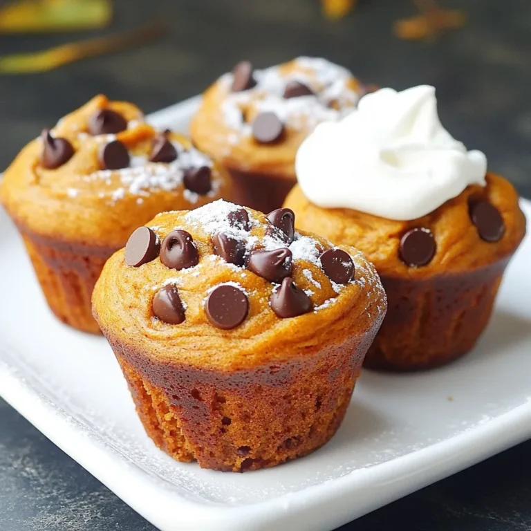 - 1 cup pumpkin puree - 1/2 cup brown sugar, packed - 1/2 cup granulated sugar - 1/2 cup vegetable oil - 2 large eggs The main ingredients create a rich and moist muffin. Pumpkin puree provides flavor and moisture. Brown sugar adds depth, while granulated sugar enhances sweetness. Vegetable oil keeps the muffins soft, and eggs bind everything together. - 1 teaspoon ground cinnamon - 1/2 teaspoon ground nutmeg - 1/4 teaspoon ground ginger - 1 cup semi-sweet chocolate chips The spices bring warmth and depth to each bite. Cinnamon gives a classic flavor of fall. Nutmeg and ginger add a unique touch. Semi-sweet chocolate chips create a sweet, gooey surprise in every muffin. - 1/4 cup chopped walnuts or pecans - Non-stick spray or paper liners for muffin preparation Add walnuts or pecans for a crunchy texture. They will complement the soft muffins well. Use non-stick spray or paper liners to make muffin removal easier. This way, you can enjoy your treat without any mess. First, I preheat the oven to 350°F (175°C). I line a muffin pan with paper liners or spray it with non-stick spray. This helps the muffins come out easily. Next, I grab a large mixing bowl. I add the pumpkin puree, brown sugar, granulated sugar, vegetable oil, eggs, and vanilla extract. I whisk everything together until it looks smooth and well mixed. In another bowl, I whisk together the flour, baking soda, baking powder, cinnamon, nutmeg, ginger, and salt. This mix brings out the warm, cozy flavors. Then, I slowly add the dry ingredients to the wet mixture. I mix gently until just combined. I make sure not to overmix; this keeps the muffins light and fluffy. Finally, I fold in the chocolate chips and the nuts if I’m using them. Now, I evenly distribute the batter into the muffin pan, filling each cup about two-thirds full. I place the pan in the oven and bake for 18-20 minutes. I check the muffins by inserting a toothpick into the center. If it comes out clean, they are done! After baking, I let the muffins cool in the pan for about five minutes. Then, I transfer them to a wire rack to cool completely. To bake fluffy muffins, avoid overmixing the batter. Overmixing can make muffins dense. Mix just until the dry ingredients are combined. You want some lumps in the batter; that’s okay! Ensure your oven is at the right temperature. Preheat it to 350°F (175°C). An oven thermometer can help check the heat. If the oven is too hot or too cold, your muffins may not rise properly. Serve your muffins warm for the best taste. Add toppings like a sprinkle of powdered sugar. You can also pair them with whipped cream or cream cheese frosting. These extras make your muffins feel special. If your muffins turn out dry, try adding a bit more pumpkin puree. This helps add moisture. Also, check baking time; muffins can dry out if baked too long. To avoid a gummy texture, make sure to measure ingredients correctly. Too much liquid can cause this problem. Also, ensure the muffins bake until a toothpick comes out clean. This ensures they are fully cooked. {{image_2}} For a gluten-free version of these muffins, you can use almond flour or oat flour. These flours provide a nice texture and flavor. If you use almond flour, add a bit more baking powder. Oat flour works well, too. It might need a slight increase in liquid, so watch the batter closely. When baking gluten-free muffins, you may need to adjust the baking time. Start checking for doneness a few minutes earlier. Gluten-free batters can bake faster, so keep an eye on them! You can change the chocolate in these muffins to suit your taste. Dark chocolate adds a rich flavor while milk chocolate gives a sweeter touch. Both work well! You can also add spices like allspice or cloves for a unique twist. Just a pinch will do! These spices can enhance the warm flavor of the pumpkin. Experimenting with flavors makes this recipe fun! If you want a healthier muffin, try using applesauce instead of oil. This swap reduces fat and adds moisture. You won’t lose any flavor! You can also cut down on sugar. Try using half the amount of brown sugar or granulated sugar. The pumpkin adds natural sweetness. Your muffins will still taste yummy without all the sugar. To keep your pumpkin chocolate chip muffins fresh, use airtight containers. A good option is a plastic or glass container with a tight seal. This helps prevent air from making the muffins dry. You can also wrap them in plastic wrap, then place them in a bag. This method keeps them moist and tasty. If you want to save some muffins for later, freezing is easy. First, let the muffins cool completely. Next, wrap each muffin in plastic wrap. Then, place them in a freezer bag. Squeeze out as much air as you can before sealing. To thaw, leave them in the fridge overnight. For a quick warm-up, microwave them for about 15-20 seconds. At room temperature, your muffins will last about 2-3 days. Store them in a cool, dry place away from sunlight. Look for signs of spoilage, like a dry texture or mold. If they smell off or look strange, it's best to discard them. Enjoy these sweet treats while they're fresh! Yes, you can use fresh pumpkin. Fresh pumpkin gives a bright flavor. It also has a nice texture. To use fresh pumpkin, roast it until soft. Then, scoop out the flesh and blend it until smooth. Canned pumpkin is easy and quick. It saves time and works well in this recipe. Both options are tasty, so choose what you prefer. To measure flour, use a spoon. Scoop flour into a measuring cup. Then, level it off with a knife. Do not pack the flour down. Packing can add too much flour, making muffins dry. For accuracy, you can also use a kitchen scale. One cup of flour weighs about 120 grams. This method ensures you get the right amount for your muffins. You can make these muffins dairy-free easily. Replace the vegetable oil with coconut oil. Use a dairy-free chocolate chip brand. You can also substitute the eggs. Use flaxseed meal mixed with water as a binder. Mix one tablespoon of flaxseed meal with three tablespoons of water for one egg. These swaps keep the muffins moist and delicious. Yes, you can add mix-ins to the batter. Chopped walnuts or pecans add a nice crunch. You can also try dried fruits like cranberries or raisins. If you like spice, consider adding shredded coconut or even pumpkin seeds. These extras make the muffins even more fun and tasty. Just be careful not to add too much, as it can change the texture. These pumpkin chocolate chip muffins are tasty and fun to make. We covered key ingredients like pumpkin puree, spices, and chocolate chips. I shared step-by-step directions for preparing the batter, baking, and cooling. Remember to avoid overmixing for fluffy muffins. You can try different flavors or make them gluten-free. Store them correctly to keep them fresh. With a few tips and tricks, anyone can bake a delicious treat. Try these muffins; they will surely impress your family and friends. Happy baking!