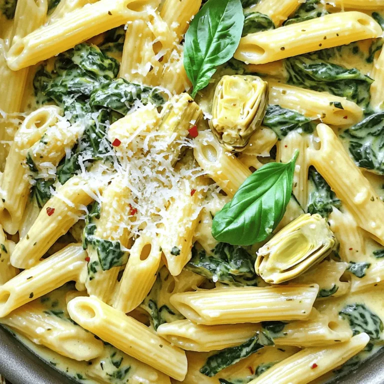 To make One Pot Spinach Artichoke Pasta, you need a few key items. Here’s what you’ll need: - 12 oz pasta (penne or fusilli are great choices) - 2 cups vegetable broth - 1 cup canned artichoke hearts, drained and chopped - 2 cups fresh spinach, roughly chopped - 1 cup heavy cream or coconut milk for a dairy-free option - 1 cup grated Parmesan cheese or nutritional yeast for a vegan option - 2 cloves garlic, minced - 1 teaspoon onion powder - 1/2 teaspoon red pepper flakes (optional for heat) - Salt and pepper to taste - 2 tablespoons olive oil - Fresh basil leaves for garnish These ingredients come together to create a dish full of flavor and comfort. The pasta absorbs the broth and cream, making every bite creamy and rich. You can customize this dish to suit your taste. Here are some optional ingredients to consider: - Protein: Add cooked chicken, shrimp, or chickpeas for extra protein. - Herbs: Fresh parsley or oregano can brighten up the dish. - Veggies: Try adding sun-dried tomatoes, bell peppers, or mushrooms for more texture. - Cheese Variations: Swap Parmesan with goat cheese or feta for a twist. These extras can enhance the dish and make it your own. Feel free to mix and match based on what you have at home. If you need to make swaps for dietary needs, here are some ideas: - Pasta: Use gluten-free pasta if you need a gluten-free option. - Cream: Coconut milk works well as a dairy-free cream substitute. - Cheese: Nutritional yeast is a great vegan option and adds a cheesy flavor. - Broth: If you have chicken broth, it can work too. Just be aware it won't be vegetarian. These substitutions keep the dish delicious while catering to different diets. Enjoy making it fit your needs! First, gather all your ingredients. You need: - 12 oz pasta (penne or fusilli) - 2 cups vegetable broth - 1 cup canned artichoke hearts, drained and chopped - 2 cups fresh spinach, roughly chopped - 1 cup heavy cream or coconut milk - 1 cup grated Parmesan cheese or nutritional yeast - 2 cloves garlic, minced - 1 teaspoon onion powder - 1/2 teaspoon red pepper flakes (optional) - Salt and pepper to taste - 2 tablespoons olive oil - Fresh basil leaves for garnish Make sure everything is ready. This makes cooking easy and fun. Start by heating a large pot on medium heat. Add olive oil and minced garlic. Sauté for 1-2 minutes until it smells great. Then, mix in the chopped artichoke hearts. Next, add the pasta, vegetable broth, and cream. Stir everything well. Sprinkle in onion powder, red pepper flakes, salt, and pepper. Bring the mix to a boil. Once boiling, lower the heat and cover the pot. Let it simmer for 10-12 minutes. Stir occasionally to stop the pasta from sticking. Check if the pasta is cooked. It should be al dente and most of the liquid should be absorbed. Once the pasta is ready, fold in the chopped spinach and Parmesan cheese. Stir gently until the spinach wilts and cheese melts into the sauce. Taste your dish. Adjust the seasoning if needed. If it feels too thick, add a splash of vegetable broth. Now, serve the pasta warm. Garnish with fresh basil leaves on top. Enjoy your bold and flavorful meal! To cook perfect pasta, start with a large pot. Use enough water to cover the pasta. Add salt to the water; it helps flavor the pasta. Cook the pasta until al dente. This means it's firm but not hard. Stir it often to stop it from sticking. For a bolder taste, add more garlic. You can sauté it longer for a richer flavor. Use fresh spinach for the best texture and taste. The artichokes add a nice touch, so chop them well. If you like spice, add more red pepper flakes. This will give your dish a nice kick. Use one pot to save time on cleanup. Prep your ingredients before you cook. This way, you can move quickly. Keep an eye on the pasta. Stir it every few minutes to prevent sticking. If you're short on time, use a quick-cook pasta. This reduces cooking time and keeps things simple. {{image_2}} You can easily make this dish vegan. Use coconut milk instead of heavy cream. Swap out Parmesan cheese for nutritional yeast. This gives a cheesy flavor without dairy. You won’t lose any taste with these changes. Plus, it keeps the dish creamy and rich. Want to make it heartier? Add cooked chicken, shrimp, or tofu. Cooked chicken works great with this recipe. Shrimp adds a nice touch of seafood flavor. If you prefer plant-based protein, try adding chickpeas. They mix well with the pasta and add protein. If you need gluten-free options, use rice or quinoa pasta. Both types cook well in this dish. They absorb flavors just like traditional pasta. Cook them according to the package instructions. This way, you still enjoy a tasty meal without gluten. To keep your One Pot Spinach Artichoke Pasta fresh, let it cool first. Then, place the leftovers in an airtight container. This helps block air and keeps the pasta tasting great. Store it in the fridge for up to three days. If you want to enjoy it later, freezing is an option. When reheating, you have a few choices. You can use the microwave or the stovetop. If using a microwave, place the pasta in a bowl. Add a splash of vegetable broth or water to keep it moist. Heat for one to two minutes, stirring halfway. If using the stovetop, add the pasta to a pan. Heat it over medium-low heat, stirring gently. Add a bit of broth as needed to prevent sticking. To freeze this dish, first, cool it completely. Then, transfer it to a freezer-safe container. Make sure to leave some space at the top for expansion. Label the container with the date. You can freeze it for up to three months. When ready to eat, thaw it in the fridge overnight. Reheat as mentioned earlier. This way, you can enjoy a warm, tasty meal even on busy days. I love using penne or fusilli for this dish. They hold sauce well and mix nicely with the spinach and artichokes. You can use any pasta you like, but these shapes work best for a creamy texture. Yes, you can make this dish ahead of time! Just cook it as usual, then let it cool before storing. Place it in an airtight container in the fridge. When you're ready to eat, reheat it on the stove. Add a splash of vegetable broth to keep it creamy. To change the spice level, simply add more or less red pepper flakes. If you want more heat, add extra flakes. For a milder taste, leave them out. You can also use black pepper for a different kind of spice. Adjust to your liking! This blog post covered all the key aspects of making pasta. We explored key ingredients, optional options, and substitutions for various diets. I shared simple steps for prep, cooking, and final touches. You learned tips for perfecting your dish, adding flavor, and saving time. Lastly, we discussed variations, storage, and answered common questions. Cooking pasta can be fun and flexible. Enjoy experimenting with flavors and ingredients to make it your own.
