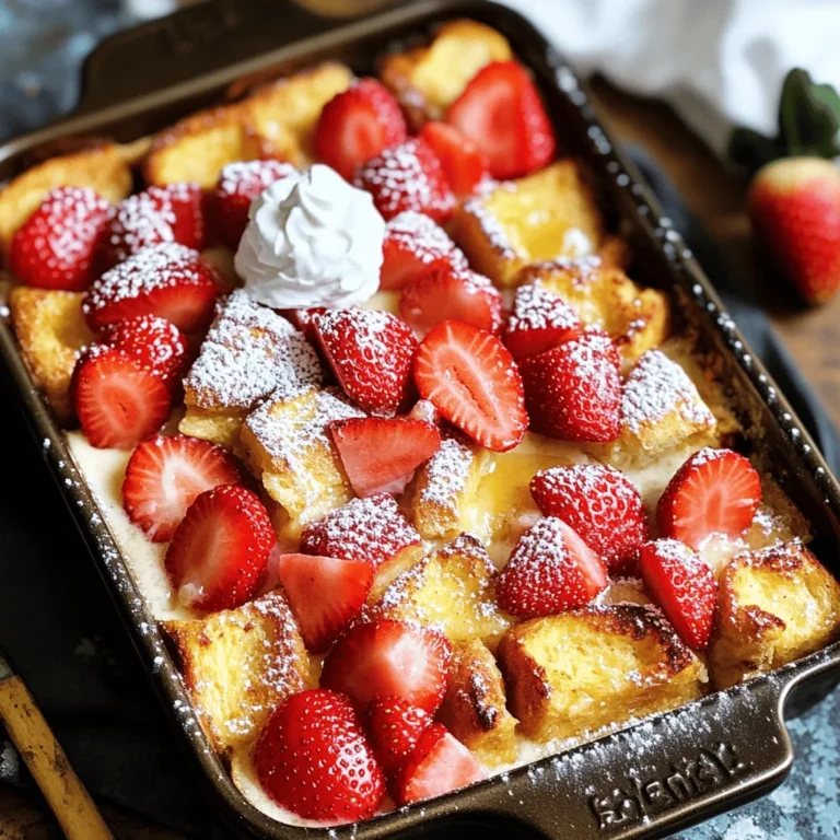 - 1 loaf of brioche bread, cut into cubes - 8 oz cream cheese, softened - 1 cup fresh strawberries, hulled and sliced - 4 large eggs - 1 cup milk - ½ cup granulated sugar - 1 teaspoon vanilla extract - 1 teaspoon ground cinnamon - ½ teaspoon salt - ½ cup powdered sugar (for topping) - Whipped cream (for serving) Brioche bread gives a soft texture and sweet flavor. You can also use challah bread if you want. Cream cheese adds a rich taste and smooth texture. Fresh strawberries are key for that fruity flavor. Eggs help bind the mixture and add fluffiness. Milk adds moisture, making it creamy. Granulated sugar sweetens the dish, while vanilla and cinnamon give it warmth and depth. Salt enhances all the flavors and balances the sweetness. If you want a lighter version, use low-fat cream cheese. For dairy-free options, try almond milk and a dairy-free cream cheese. You can swap fresh strawberries with blueberries or raspberries. If you prefer a sugar-free option, use a sugar substitute like stevia. For a nutty flavor, add crushed nuts like almonds or pecans. You can also use maple syrup instead of granulated sugar for a different sweetness. To start, gather your ingredients. You will need: - 1 loaf of brioche bread, cut into cubes - 8 oz cream cheese, softened - 1 cup fresh strawberries, hulled and sliced - 4 large eggs - 1 cup milk - ½ cup granulated sugar - 1 teaspoon vanilla extract - 1 teaspoon ground cinnamon - ½ teaspoon salt - ½ cup powdered sugar (for topping) - Whipped cream (for serving) First, preheat your oven to 350°F (175°C). Grease a 9x13 inch baking dish. Next, beat the softened cream cheese until it becomes smooth. Add the granulated sugar, eggs, milk, vanilla extract, ground cinnamon, and salt. Mix everything until fully combined. Now, place the brioche cubes into your greased baking dish. Drizzle half of the cream cheese mixture over the bread cubes. Sprinkle half of the sliced strawberries on top of that. Pour the remaining cream cheese mixture over the bread. Press down gently to help the bread soak up the mixture. Top with the rest of the strawberries. Cover the dish with aluminum foil and bake for 30 minutes. After 30 minutes, remove the foil. Bake for an additional 15-20 minutes. Look for a golden brown top that is set. This ensures your French toast bake is perfect. Once it's done, remove the dish from the oven. Let it cool for a few minutes. Dust the top with powdered sugar for a sweet touch. Serve warm with whipped cream on the side. This dish is best enjoyed fresh, so gather your friends and dig in! To get the best texture in your Strawberry Cheesecake French Toast Bake, use fresh brioche bread. Brioche has a soft and fluffy quality that absorbs the cream cheese mixture well. Cut the bread into cubes, not slices. This helps it soak up the mix better. Mix the cream cheese until it's smooth. A smooth mix creates a creamy filling. Make sure to press the bread cubes down gently after pouring the cream cheese mixture over them. This helps the bread soak up all the flavors. You can make this dish ahead of time. Prepare everything the night before. Follow the steps up to pouring the cream cheese mixture. Cover the dish with foil and place it in the fridge. In the morning, bake it straight from the fridge. You might need to add a few extra minutes to the baking time. This makes serving easy and quick for busy mornings. Just remember to let it cool for a few minutes before serving. For a fun twist, try different toppings. You can add a drizzle of chocolate sauce or sprinkle nuts on top. Fresh berries can also change the flavor. You might want to try blueberries or raspberries. For a richer taste, serve it with a scoop of vanilla ice cream. This dish pairs well with whipped cream, but you can also use yogurt. The options are endless! {{image_2}} You can switch up the fruit in your bake. Try using blueberries, raspberries, or peaches. Each fruit adds its own charm. For example, blueberries pair well with the cream cheese. Raspberries bring a nice zing, while peaches add a sweet touch. You can even mix fruits for a colorful twist. Just remember to adjust the sugar based on the fruit's sweetness. Want to change the flavor? Add chocolate chips or nuts. Chocolate chips make everything better. They melt and create a rich, creamy bite. Nuts like walnuts or pecans give a nice crunch. You can sprinkle them on top before baking. This adds texture and flavor. Another fun idea is to add a bit of almond extract for a nutty twist. You can also mix in some cocoa powder into the cream cheese mix for a chocolatey vibe. Need a gluten-free or dairy-free recipe? No problem! Use gluten-free bread for the base. There are many tasty options at stores today. For dairy-free, swap the cream cheese with a dairy-free alternative. Look for cream cheese made from nuts or soy. Almond milk or oat milk can replace regular milk, too. Just check the labels to ensure they fit your needs. These swaps keep the flavor while making it friendly for all diets. To store your leftover Strawberry Cheesecake French Toast Bake, let it cool first. Cover it tightly with plastic wrap or aluminum foil. You can also place it in an airtight container. Keep it in the fridge for up to three days. This way, it stays fresh and tasty until you’re ready to enjoy it again. When you want to reheat your French toast bake, take it out of the fridge. Preheat your oven to 350°F (175°C). Place the bake in an oven-safe dish. Cover it with foil to keep it moist. Heat for about 15-20 minutes. If you want, you can microwave individual portions for 1-2 minutes on high. Just make sure it's warm all the way through. You can also freeze this dish if you have extra. Cut it into portions and wrap each one tightly in plastic wrap. Then, put them in a freezer-safe bag or container. This helps keep them fresh. It’s best to eat frozen portions within two months for the best taste. To thaw, place it in the fridge overnight before reheating. Yes, you can use stale bread for this recipe. Stale bread absorbs the cream mixture well. It helps the dish stay moist. Fresh brioche is great, but stale works too. Just cut it into cubes. The texture will still be soft and tasty. The best way to serve this dish is warm. After baking, let it cool for a few minutes. Dust it with powdered sugar. Add whipped cream on top for extra flavor. You can also serve it with fresh strawberries. This makes it look pretty and fresh. You can prepare this dish ahead of time. Mix the cream cheese mixture and bread cubes the night before. Place them in the baking dish and cover it. Put it in the fridge overnight. In the morning, just bake it. This saves time and makes breakfast easy! This article covered the key parts of making a tasty Strawberry Cheesecake French Toast Bake. We discussed essential ingredients, step-by-step baking instructions, and helpful tips for the perfect texture. You learned about fun variations and smart storage tips to keep leftovers fresh. Remember, with a few tweaks, you can enjoy this dish any way you like. Use stale bread for more flavor, and serve it your way. Enjoy your cooking adventure and share this recipe with others!