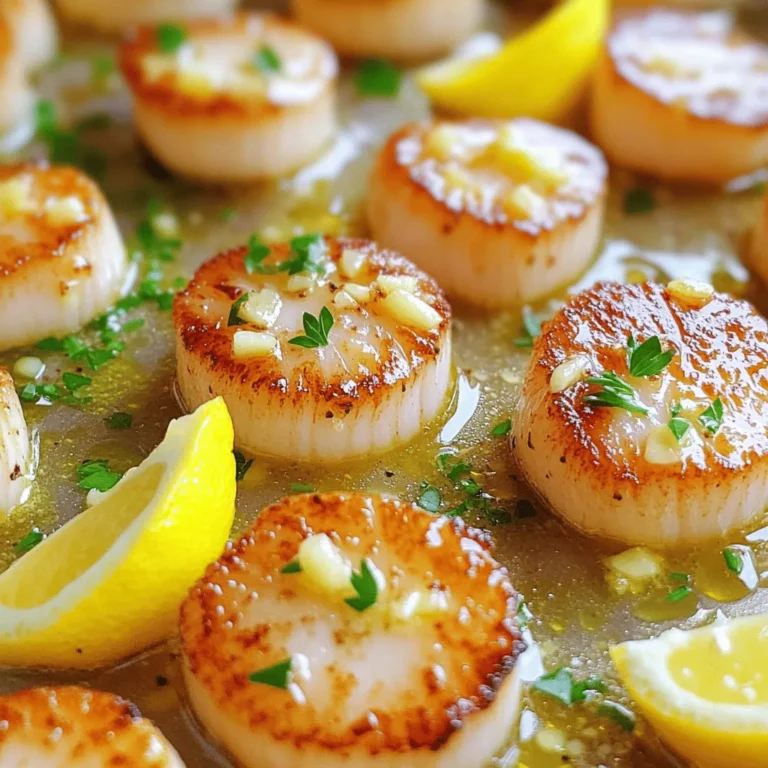 - 1 lb scallops, cleaned and patted dry - 4 tablespoons unsalted butter - 3 cloves garlic, minced - Zest and juice of 1 lemon - Salt and pepper, to taste - 2 tablespoons fresh parsley, chopped - Lemon wedges, for serving To make Minute Lemon Garlic Butter Scallops, you need fresh ingredients. The scallops should be cleaned and dried well. This helps them sear nicely. You also need unsalted butter. It gives a rich flavor and helps cook the garlic. Garlic is key in this recipe. I use three cloves, minced finely. The zest and juice of one lemon add brightness to the dish. Salt and pepper are simple but essential seasonings. They bring out the natural taste of the scallops. Fresh parsley adds color and a hint of earthiness. For serving, lemon wedges are a must! They enhance the dish with an extra burst of citrus. Gather these ingredients to create a quick and delicious meal. First, I melt butter in a skillet over medium-high heat. Watch for it to foam, which means it's ready. Next, I add the minced garlic to the skillet. I sauté it for about 30 seconds until it smells amazing. Be careful not to let it burn, or it will taste bitter. Now, I season the scallops with salt and pepper. I place them in the skillet in a single layer. It’s important not to move them around. I let them cook for about 2-3 minutes until a golden crust forms. Once they look nice and golden, I flip them over. At this point, I add the lemon zest and juice. I cook them for another 1-2 minutes until they are opaque and fully cooked. Once the scallops are done, I remove the skillet from the heat. I sprinkle fresh parsley over the scallops for a burst of flavor and color. Finally, I serve them hot with lemon wedges on the side. The lemon adds a bright finish to the dish. Enjoy! Choosing the right scallops Pick fresh, large scallops for the best taste. Look for dry scallops, not wet ones. Wet scallops often have added preservatives, which can alter the flavor. Best cooking temperature Cook scallops over medium-high heat. This heat level helps them brown nicely. Too low, and they won't sear; too high, and they may burn. Avoiding overcooking Scallops cook fast! Aim for 2-3 minutes on each side. When they turn opaque, they are done. Overcooked scallops become tough and chewy. Adding herbs and spices Fresh herbs like parsley add brightness. Try thyme or dill for more depth. A sprinkle of red pepper flakes can add a nice kick. Alternative sauces to pair Consider a white wine sauce for a different flavor. A light cream sauce can also work well. Both options complement the scallops beautifully. Suggested side dishes Pair scallops with light sides. A fresh salad or steamed asparagus works great. For a heartier option, serve them over creamy risotto or pasta. {{image_2}} You can boost the taste of your scallops with a few simple tricks. Adding white wine to the sauce brings a lovely depth. Just pour in a splash after you sauté the garlic. Let it reduce for a minute before adding the scallops. You can also infuse the dish with fresh herbs. Try thyme or basil for a different twist. Just chop them finely and add them along with the lemon juice. These herbs will brighten the dish and make it pop. If you follow a gluten-free diet, you're in luck! This recipe is naturally gluten-free. Just make sure your butter does not contain any additives. For a dairy-free option, swap the butter for olive oil or coconut oil. Both oils work well and keep the dish tasty. You can also use a dairy-free butter substitute. This way, everyone can enjoy these scallops! To keep your leftover scallops fresh, store them in the fridge. Place them in an airtight container. This helps lock in moisture and flavor. You can also use a resealable bag. Just make sure to remove as much air as possible. Leftover scallops should stay good for about one to two days. When it comes to reheating scallops, you want to avoid making them rubbery. The best method is to use low heat. You can use a skillet or a microwave. If using a skillet, heat a little butter on low. Then, add the scallops and cover the pan. Heat for a few minutes until warmed through. If using the microwave, place them on a plate. Heat in short bursts of 15 seconds. Check often to prevent overcooking. This way, you can enjoy your scallops again without losing their tasty texture. You can tell scallops are cooked by their color and texture. They should be opaque and firm. If they look milky or translucent, they need more time. Cook them until they turn a nice golden brown on the outside. This usually takes about 2-3 minutes per side. Yes, you can use frozen scallops. Just make sure to thaw them first. Place them in the fridge overnight or run them under cold water for quick thawing. Pat them dry before cooking. This helps them sear better and get that nice crust. You can store leftover scallops in the fridge for up to two days. Place them in an airtight container to keep them fresh. If you want to keep them longer, you can freeze them. Just make sure to use a freezer-safe container. Scallops pair well with many sides. You can serve them with a fresh salad, rice, or pasta. Steamed vegetables also make a great choice. Consider a light lemon sauce to enhance the dish. You can substitute olive oil for butter. It won’t have the same rich flavor, but it will still taste good. Use about the same amount of olive oil as the butter called for in the recipe. To add spice, consider using red pepper flakes or a pinch of cayenne pepper. Add them to the garlic while it cooks. This will give the dish a nice kick without overpowering the lemon flavor. Absolutely! This recipe cooks quickly but looks fancy. It’s perfect for impressing guests. Just pair it with a nice drink and some good bread, and you’re set for a delightful meal. This blog post shared a simple scallop recipe. You learned the best ingredients and step-by-step instructions. We also covered tips for perfecting scallops and variations to try. Remember to store leftovers well to keep them tasty. Cooking scallops can be easy and fun. With a few tricks, you can impress anyone. Try these ideas and enjoy your meal!