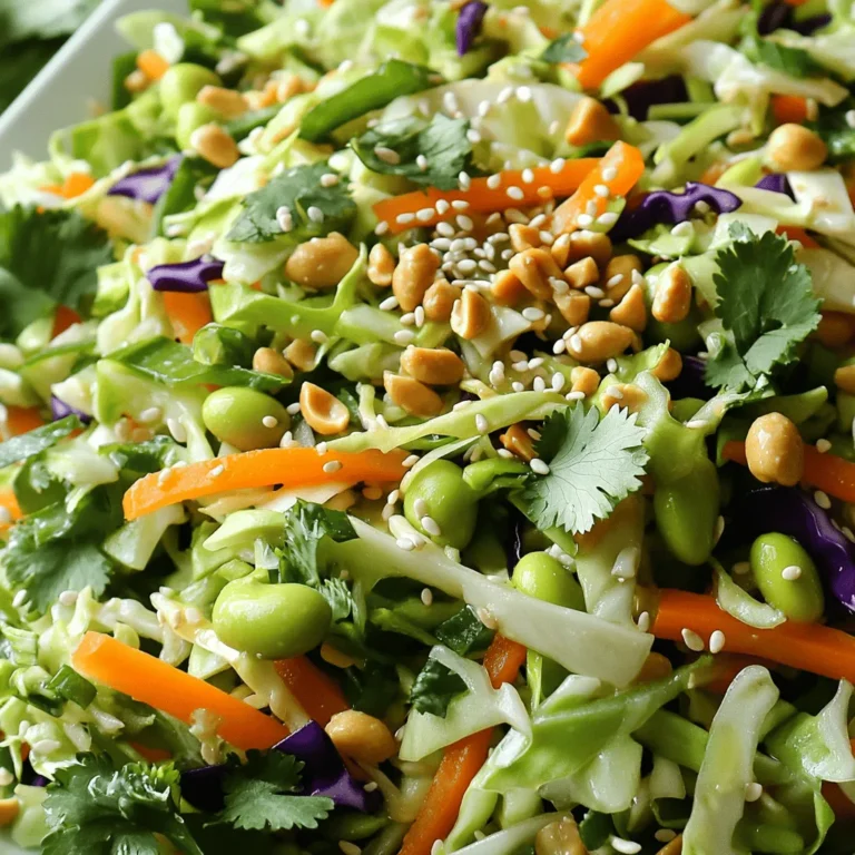 - 4 cups green cabbage, finely shredded - 2 cups purple cabbage, finely shredded - 1 large carrot, julienned - 1 bell pepper (red or yellow), thinly sliced - 1/2 cup edamame, shelled and cooked - 1/4 cup green onions, sliced - 1/4 cup cilantro, chopped - 1/4 cup sesame seeds, toasted - 1/2 cup toasted peanuts, roughly chopped - 1/4 cup sesame oil - 2 tablespoons rice vinegar - 2 tablespoons soy sauce (or tamari for gluten-free) - 1 tablespoon honey or maple syrup - 1 teaspoon fresh ginger, grated - 1 clove garlic, minced - Pinch of red pepper flakes (optional for heat) This slaw bursts with color and flavor. The mix of green and purple cabbage gives it a vibrant look. Fresh veggies like carrots and bell peppers add crunch and sweetness. Edamame provides protein, while green onions and cilantro bring a fresh taste. The toasted sesame seeds and peanuts add extra crunch. They make every bite exciting and delicious. For the dressing, sesame oil gives a rich, nutty flavor. Rice vinegar adds a tangy touch. Soy sauce, honey, ginger, and garlic round out the taste. A pinch of red pepper flakes gives a hint of heat if you like spice. This slaw is perfect as a light meal or side dish. It is easy to make and full of healthy ingredients. You will enjoy the fresh and crunchy flavors! - In a large mixing bowl, combine: - 4 cups green cabbage, finely shredded - 2 cups purple cabbage, finely shredded - 1 large carrot, julienned - 1 bell pepper, thinly sliced - 1/2 cup edamame, shelled and cooked - 1/4 cup green onions, sliced - 1/4 cup cilantro, chopped - 1/4 cup sesame seeds, toasted Mix these ingredients well. You want the colors to shine. Each veggie adds a special crunch and taste. - In a separate small bowl, whisk together: - 1/4 cup sesame oil - 2 tablespoons rice vinegar - 2 tablespoons soy sauce (or tamari for gluten-free) - 1 tablespoon honey or maple syrup - 1 teaspoon fresh ginger, grated - 1 clove garlic, minced - Pinch of red pepper flakes (optional for heat) Whisk until smooth. This mix brings a bright flavor to the slaw. - Pour the dressing over the slaw mixture and toss gently. - Allow the slaw to sit for 15 minutes before serving. This wait helps the flavors blend. - Just before serving, top with: - 1/2 cup toasted peanuts, roughly chopped This adds a nice crunch. Serve cold or at room temperature for the best taste. Enjoy your fresh and flavorful salad! This slaw works great as a side dish. It also makes a light meal. You can pair it with grilled chicken or tofu for extra protein. Serve it chilled for a refreshing bite. Letting the slaw sit for a while boosts the flavors. I recommend waiting at least 15 minutes. The longer it sits, the better it tastes. The veggies soak up the dressing, creating a tasty mix. Feel free to switch up the veggies. You can use carrots, broccoli, or bell peppers. Add your favorite nuts for a crunch. Try different sauces too. A spicy sauce can add a fun twist. {{image_2}} You can boost the protein in your slaw by adding grilled shrimp, chicken, or tofu. These options make the salad more filling and add great flavor. Grilled shrimp offers a sweet seafood taste, while chicken gives a hearty touch. Tofu is perfect for a plant-friendly meal. Just cook your protein choice and toss it into the slaw before serving. If you like heat, add sliced jalapeños or a dash of sriracha to the dressing. This gives your slaw a spicy kick that brightens the flavors. You can adjust the heat to your liking. The spice pairs well with the sweet and nutty dressing. Just mix in the spicy element when you whisk the dressing. To make a low-carb slaw, swap the cabbage with cauliflower rice or zucchini noodles. This change cuts carbs while keeping it fresh and crunchy. Cauliflower rice gives a nice texture, while zucchini noodles add a light, fun twist. You can prepare these bases just like you would with cabbage. Store your Sesame Crunch Asian Slaw in an airtight container. This helps keep it fresh and crunchy. Make sure the lid is sealed tightly to prevent air from getting in. For the best taste and texture, enjoy your slaw within 2-3 days. After this time, the vegetables may start to lose their crispness. Serve this slaw cold or at room temperature. Avoid reheating it, as heat can make the veggies soggy. The crunch is part of what makes this dish special. Yes, it's best to make it a few hours before serving. This lets the flavors mix well. If you can, chill it in the fridge. It tastes even better after resting. You can make it gluten-free by using tamari instead of soy sauce. Tamari gives you that rich flavor without gluten. To keep it vegan, just swap the honey for maple syrup. This change keeps the sweetness while making it plant-based. This slaw pairs well with grilled dishes like chicken or fish. You can also serve it with sandwiches or use it in lettuce wraps. The crunch adds a fresh touch to any meal. This recipe is your guide to a fresh and crunchy Asian slaw. We started with vibrant veggies and crisp crunchies that delight the palate. The dressing blends sweet and savory for a punch of flavor. As you prepare this dish, remember to experiment with new ingredients to find your perfect mix. Store leftovers properly, and enjoy them within a few days for the best taste. With these tips, your slaw will impress at any meal. Enjoy your culinary adventure!