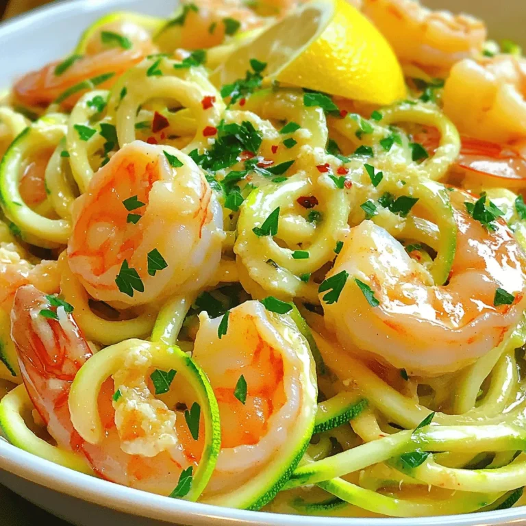 - 2 medium zucchinis, spiralized (zoodles) - 1 pound large shrimp, peeled and deveined - 4 tablespoons unsalted butter - 4 cloves garlic, minced - 1/2 teaspoon red pepper flakes (optional) - 1 tablespoon lemon juice - Salt and pepper, to taste - 2 tablespoons fresh parsley, chopped (for garnish) - Grated Parmesan cheese (for serving, optional) This dish serves two people. Each serving is low in calories and high in taste. You get protein from shrimp and vitamins from zucchini. Here’s a quick look at the nutrition per serving: - Calories: 350 - Protein: 30g - Carbohydrates: 10g - Fat: 20g - Fiber: 2g To make Garlic Butter Zoodle Shrimp, you need some basic kitchen tools: - Spiralizer or julienne peeler - Large skillet - Cooking spatula - Knife and cutting board - Measuring spoons Having the right tools makes cooking easier and more fun. Enjoy crafting this tasty dish! To start, grab your zucchinis. You need two medium-sized ones. Use a spiralizer or a julienne peeler to turn them into zoodles. This step is fun and quick. Set the zoodles aside on a plate. They will wait for their turn in the skillet. Now, let’s cook the shrimp. Take a large skillet and melt four tablespoons of unsalted butter over medium heat. Once the butter melts, add four cloves of minced garlic. If you like heat, toss in half a teaspoon of red pepper flakes. Sauté this mix for about one minute. You want the garlic fragrant but not burnt. Next, add one pound of peeled and deveined shrimp to the skillet. Cook them for two to three minutes on one side until they turn pink. Flip the shrimp and cook for another two to three minutes. When done, season them with salt and pepper. Now, squeeze in one tablespoon of lemon juice. Give it a good stir to mix all those tasty flavors. It’s time to bring everything together. Gently add the zoodles to the skillet. Toss them with the shrimp and garlic butter. Heat everything through for about two to three minutes. You want the zoodles to be warm but still crisp. Finally, remove the skillet from heat. Garnish your dish with chopped fresh parsley. If you love cheese, add grated Parmesan on top. Serve your Garlic Butter Zoodle Shrimp right away for the best flavor and texture. Enjoy! To make the best garlic butter sauce, use fresh garlic. Fresh garlic gives the sauce a strong, rich taste. Start by melting the butter over medium heat. Add the minced garlic and red pepper flakes. Stir it gently for about one minute. Watch the garlic closely; you don’t want it to burn. A burnt garlic taste can spoil the dish. The butter should be bubbly but not browning. For juicy shrimp, choose large shrimp that are peeled and deveined. This saves time and makes cooking easier. Heat your skillet well before adding the shrimp. Cook them for about two to three minutes on one side. When they turn pink, flip them over. Cook for another two to three minutes. Always check for doneness; the shrimp should be opaque. Season with salt and pepper to enhance the flavor. Zoodles cook quickly, so don’t overdo it. After adding them to the skillet, toss gently with the shrimp. Heat them for only two to three minutes. You want them warm but still firm. Overcooking makes zoodles mushy. If you like, you can add a splash of lemon juice for extra taste. This brightens the dish and pairs well with the garlic butter. {{image_2}} You can easily swap shrimp for other proteins. Chicken breast works well in this recipe. Just cut it into small pieces and cook until golden. Tofu is another great option for a plant-based meal. It absorbs flavors well and adds a nice texture. You can also use scallops or fish instead. Both cook quickly and taste amazing with garlic butter. Zoodles are just one option. You can spiralize other veggies for fun twists. Carrots are sweet and colorful, while cucumbers add a refreshing crunch. Sweet potatoes can give a hearty feel. Even butternut squash works well. Each veggie brings its own flavor to the dish. Feel free to mix and match to find your favorite combo. The garlic butter sauce is simple but can be changed. For a spicy kick, add more red pepper flakes or some hot sauce. A splash of white wine can add depth to the sauce. You might also try adding herbs like basil or thyme for extra flavor. If you enjoy creaminess, stir in some heavy cream or cream cheese. These changes can create a new dish each time! Store any leftover Garlic Butter Zoodle Shrimp in an airtight container. Keep it in the fridge. It will stay fresh for up to two days. Make sure to cool it down first. Avoid letting it sit out too long. If you want, you can add more butter or lemon juice when reheating. To reheat, use a skillet over low heat. Add a splash of water or butter. This will help keep the zoodles from turning mushy. Stir often until heated through. You can also use a microwave. Place the dish in a microwave-safe bowl. Heat in short bursts, stirring in between. Be careful not to overheat, or the shrimp may become rubbery. I do not recommend freezing this dish. The zoodles can become watery and mushy. If you have extra shrimp, you can freeze that. Place shrimp in a freezer-safe bag. Remove as much air as possible before sealing. It will last for up to three months. Just remember to thaw it in the fridge before cooking. To spiralize zucchini, you need a spiralizer or a julienne peeler. 1. Wash the zucchinis. Rinse them under cool water. 2. Cut off the ends. Trim both ends of each zucchini. 3. Attach to the spiralizer. Place the zucchini in the device. 4. Turn and twist. Rotate the handle to create zoodles. 5. Collect the noodles. Let the zoodles fall into a bowl. This fun tool helps you make long, thin strands. They look like pasta and taste fresh. You can prep some parts ahead of time, but it’s best to cook fresh. - Spiralize the zucchini. Do this a few hours early. - Peel and devein shrimp. Keep them in the fridge until cooking. Cook everything right before serving. This keeps the zoodles crisp and shrimp tender. You can pair this dish with many sides for a complete meal. - Crusty bread. Great for dipping in any leftover garlic butter. - Mixed green salad. Adds a fresh crunch to your meal. - Steamed vegetables. Broccoli or asparagus work well beside this dish. Feel free to get creative and enjoy your meal! In this article, we covered how to make Garlic Butter Zoodle Shrimp. We explored ingredients, nutritional values, and useful equipment. I shared clear steps for preparing zoodles, cooking shrimp, and combining everything. Tips helped improve the sauce and shrimp cooking. We discussed variations for ingredients and sauces as well as proper storage. Now you have the tools to create a delicious dish. Enjoy your cooking and feel free to get creative!