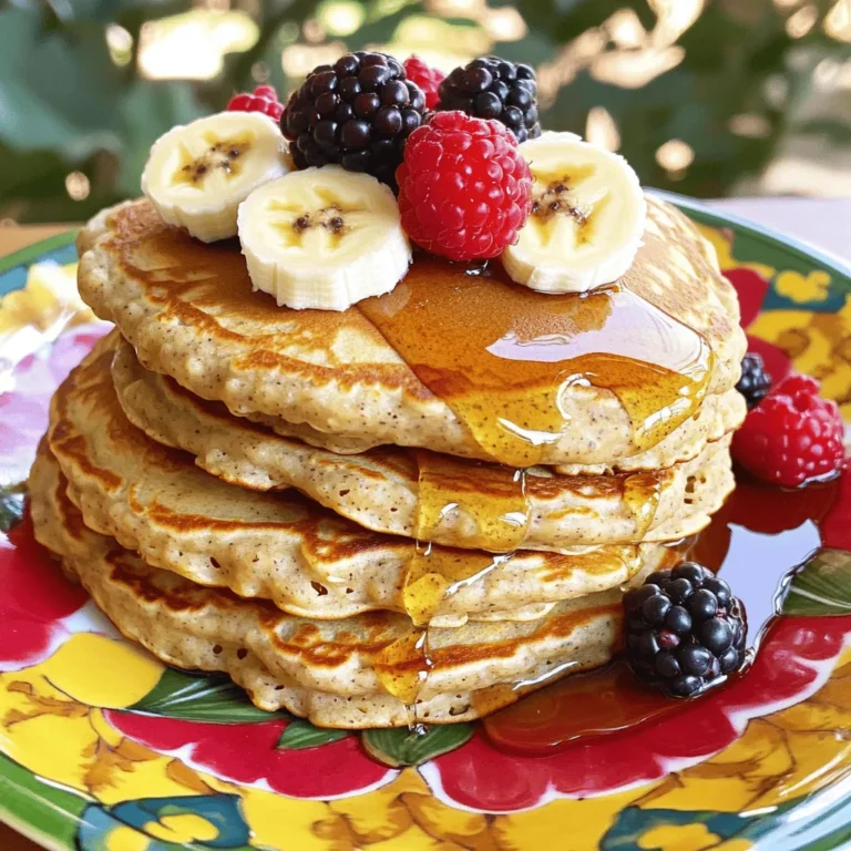 I use 2 ripe bananas for this recipe. Ripe bananas are key for great flavor. They add natural sweetness and moisture to the pancakes. Look for bananas with brown spots for the best taste. Next, I add 1 cup of rolled oats. Oats are healthy and filling. They give the pancakes a nice texture. Plus, oats are gluten-free if you pick certified ones. I use 1 cup of milk. You can choose dairy or non-dairy milk. Almond milk, oat milk, or coconut milk all work well. The milk helps blend the ingredients smoothly. Two large eggs are next. Eggs bind the batter and add richness. I also include 1 teaspoon of baking powder. This makes the pancakes fluffy and light. Add 1 teaspoon of vanilla extract for a sweet aroma. I also like to sprinkle in 1/2 teaspoon of cinnamon. This adds warmth and spice. A pinch of salt balances the sweet flavors. Lastly, I use coconut oil or butter for cooking. This helps prevent sticking and adds flavor. Just a small amount goes a long way. To start, gather your ingredients. You need ripe bananas, rolled oats, milk, eggs, baking powder, vanilla extract, cinnamon, and a pinch of salt. First, peel the bananas and break them into pieces. Place the banana pieces in your blender. Next, add one cup of rolled oats. Make sure to include one cup of milk, either dairy or a non-dairy option. Crack in two large eggs, then add one teaspoon of baking powder. Pour in one teaspoon of vanilla extract and add half a teaspoon of cinnamon. Finish with a pinch of salt. Blend everything on high speed until smooth. The mixture should look like pancake batter. If the batter is too thick, add a bit more milk to make it easier to pour. Now, heat a non-stick skillet or griddle over medium heat. Add a small amount of coconut oil or butter to grease the surface. Once hot, use a measuring cup to pour about a quarter cup of batter onto the skillet for each pancake. Cook for about two to three minutes. You know it’s time to flip when bubbles form on the surface. Carefully flip the pancakes and cook for another two to three minutes until they are golden brown. Once done, remove them from the skillet and keep them warm while you cook the rest of the batter. For a beautiful presentation, stack the pancakes high on a colorful plate. Top them with fresh fruits like sliced bananas or berries. Drizzle maple syrup over the top for added sweetness. You can even add a dollop of yogurt for a creamy touch. This makes your pancakes not only tasty but also visually appealing! To get the best pancake batter, blend your ingredients well. The mixture should be smooth and thick, but not too thick. If it seems too thick, add a splash more milk. This helps the pancakes fluff up while cooking. You want a batter that flows easily but still holds some shape when you pour it. Heat your skillet over medium heat before adding any batter. A hot surface helps the pancakes cook evenly. Use a bit of coconut oil or butter to grease the pan. When bubbles form on the surface, it's time to flip the pancake. This keeps them golden and not burnt. Cook each side until it turns a nice golden brown, about 2-3 minutes. For toppings, think fresh! Sliced bananas add sweetness and texture. You can also use berries for a burst of color and flavor. Maple syrup is a must for that classic touch. A dollop of yogurt can add creaminess, too. You can mix and match these toppings to create your perfect stack. Enjoy exploring different flavors! {{image_2}} You can make your pancakes even better with mix-ins. Try adding chopped nuts for crunch. Walnuts or pecans work well. You can also stir in chocolate chips for a sweet touch. Berries like blueberries or raspberries add flavor and color. Just fold them into the batter after blending. This way, you keep their shape and flavor intact. If you need a gluten-free option, you can swap rolled oats with gluten-free oats. Make sure to check the label. Some oats may have gluten traces. You can also use almond flour or coconut flour. Each gives a different taste and texture. Adjust the amount of liquid in the recipe. Gluten-free flours may absorb more moisture. For a vegan twist, replace eggs with flaxseed meal or chia seeds. Mix one tablespoon of flaxseed meal or chia seeds with three tablespoons of water. Let it sit for a few minutes to thicken. For milk, use almond milk, soy milk, or any plant-based milk. These swaps keep your pancakes light and tasty without using animal products. Enjoy guilt-free! After making your pancakes, let them cool first. This helps keep them from getting soggy. Once cooled, stack the pancakes with parchment paper between them. Place the stack in an airtight container. You can store them in the fridge for up to three days. This way, they stay fresh and tasty for your next meal. To reheat your pancakes, you have a few options. You can use a microwave, skillet, or oven. For the microwave, place one pancake on a plate and heat for about 20-30 seconds. If you use a skillet, add a little oil and warm each pancake for 1-2 minutes on medium heat. If you prefer the oven, wrap the pancakes in foil and heat at 350°F (175°C) for about 10 minutes. Each method keeps your pancakes soft and warm. Freezing pancakes is a great way to save time. Start by cooling your pancakes completely. Then, place a piece of parchment paper between each pancake. This helps keep them from sticking together. Next, put the stack in a freezer-safe bag or container. You can freeze them for up to three months. When you're ready to eat, just reheat them directly from the freezer. Enjoy a quick and delicious breakfast anytime! If your batter is thick, just add more milk. Start with one tablespoon. Blend again until smooth. You want a pourable batter but not too runny. Each banana adds different moisture, so adjust as needed. Yes, you can use instant oats. They will blend well and give a nice texture. However, rolled oats add a heartier bite. Instant oats might make the pancakes softer. You can use mashed banana or applesauce. About 1/4 cup replaces one egg. This keeps the pancakes moist and adds flavor. Ground flaxseed mixed with water is another option. Let it sit for a few minutes before adding. Leftover pancakes last about three days in the fridge. Store them in an airtight container. You can reheat them in the microwave or on a skillet. They will taste great, even after a few days! You learned how to make delicious banana oat pancakes using simple ingredients. We explored fresh bananas, rolled oats, and various cooking tips for great texture and flavor. You can personalize your pancakes with mix-ins and adaptations for different diets. Proper storage and reheating can keep them tasty for days. With these steps, you'll impress everyone with your pancake skills. Enjoy making, sharing, and tasting your banana oat creations!