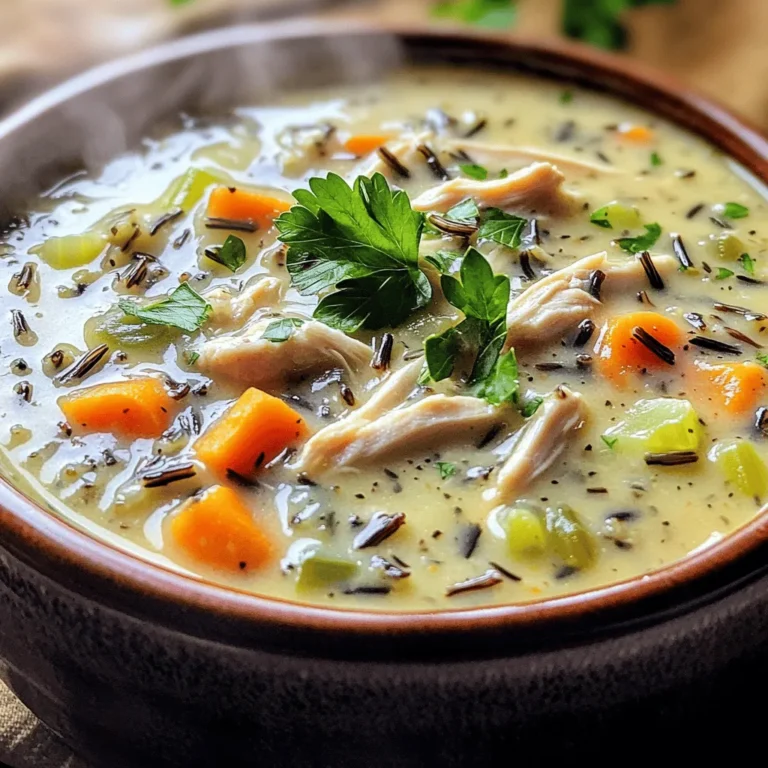 To make your creamy chicken wild rice soup, gather these key items: - 1 lb boneless, skinless chicken breasts - 1 cup wild rice blend (uncooked) - 1 medium onion, diced - 3 cloves garlic, minced - 3 medium carrots, chopped - 3 stalks celery, chopped - 6 cups chicken broth - 1 teaspoon dried thyme - 1 teaspoon dried rosemary - 1 cup heavy cream - Salt and pepper to taste - Fresh parsley, chopped (for garnish) These ingredients create a rich and hearty soup. Each element adds flavor and texture, making every spoonful delightful. To elevate your soup, consider adding these optional ingredients: - 1 cup mushrooms, sliced - 1 cup peas, frozen or fresh - 1 tablespoon lemon juice - A pinch of cayenne pepper for heat - 1 tablespoon Worcestershire sauce These additions can enhance the soup’s depth. The mushrooms bring earthiness, while peas add a pop of sweetness. A splash of lemon juice brightens the flavors. If you need to swap out any items, here are some reliable substitutions: - Use chicken thighs instead of breasts for more flavor. - Swap wild rice with brown rice if necessary, but adjust cooking time. - Replace heavy cream with coconut milk for a dairy-free option. - Use vegetable broth in place of chicken broth for a vegetarian version. These swaps keep your soup delicious while catering to dietary needs. Always taste as you go to ensure the flavors remain balanced. Start by washing and chopping your vegetables. Dice one medium onion and set it aside. Mince three cloves of garlic. Chop three medium carrots and three stalks of celery. These veggies will bring flavor and texture to your soup. In your slow cooker, add the diced onion, garlic, carrots, and celery. This base gives the soup a great start. Next, place one pound of boneless, skinless chicken breasts on top of the vegetables. Rinse one cup of wild rice blend under cold water and add it next. Pour in six cups of chicken broth. Add one teaspoon each of dried thyme and rosemary. Season with salt and pepper to taste. Cover the slow cooker and cook on low for six to seven hours or on high for three to four hours. The chicken should be fully cooked, and the rice should be tender. After cooking, remove the chicken and shred it with two forks. Return the shredded chicken to the pot. Stir in one cup of heavy cream for that rich, creamy texture. Let the soup simmer on low for another 15 to 20 minutes to thicken slightly. Enjoy a warm bowl garnished with fresh parsley! To make your soup creamy, use heavy cream. Add it just before serving. This keeps the rich flavor. If you want a lighter option, try half-and-half. Stir it in slowly to avoid clumps. Let the soup simmer for 15-20 minutes after adding cream. This helps the flavors mix well. Shredding chicken is simple. After cooking, remove the chicken breasts. Use two forks to pull the meat apart. Do this when the chicken is warm for best results. If the chicken cools, it can be tough to shred. Make sure to return the shredded chicken to the soup for a hearty bite. One mistake is not rinsing the wild rice. Rinsing helps remove excess starch. This prevents the soup from being too thick. Another mistake is overcooking the chicken. It can become dry and tough. Keep an eye on the cooking time. Lastly, don't skip the herbs. Thyme and rosemary add great flavor. {{image_2}} You can change up the soup by adding veggies. Try peas for sweetness or corn for crunch. Spinach or kale will add greens and nutrition. Zucchini or bell peppers can bring new flavors. Just chop them small, so they cook well. You can mix and match based on your taste or what you have at home. To make the soup lighter, swap heavy cream for half-and-half or coconut milk. This keeps it creamy but cuts calories. You can also add more vegetables and reduce the chicken. Use less salt and add herbs for flavor. This keeps the taste strong without the extra fat. You can enjoy a hearty bowl without the extra guilt. If you want to switch proteins, use turkey or even tofu. Shredded turkey works great and is tasty. For a plant-based option, add cooked lentils or chickpeas. These options give your soup a new twist while keeping it filling. Just make sure to adjust cooking times based on the protein you choose. To keep your creamy chicken wild rice soup fresh, let it cool first. Then, spoon the soup into airtight containers. Make sure to leave some space at the top. This helps avoid spills when freezing. Store it in the fridge if you plan to eat it within a few days. It stays good for about 3 to 4 days. If you want to save the soup for later, freezing is a great option. Use freezer-safe containers or heavy-duty freezer bags. It is best to divide the soup into single servings. This makes it easy to thaw just what you need. When you freeze the soup, it can last up to 3 months. For best taste, try to eat it sooner. When you're ready to enjoy your soup, you have a few options. If you froze it, let it thaw overnight in the fridge. Then, reheat on the stove over medium heat. Stir occasionally until hot. You can also microwave it. Use a microwave-safe bowl and heat in short bursts, stirring in between. Always check that the soup is hot throughout before serving. Yes, you can use brown rice, but it will change the texture and flavor. Brown rice takes longer to cook. You may need to add extra broth and adjust the cooking time. The soup might be less nutty without wild rice. To make this soup on the stovetop, start by sautéing your onions, garlic, carrots, and celery. Use a large pot over medium heat. Add the chicken and broth, and bring it to a boil. Stir in the wild rice, thyme, and rosemary. Reduce the heat to low and cover. Cook for about 45 minutes, or until the rice and chicken are done. Shred the chicken, stir in the cream, and simmer for a few more minutes. This soup pairs well with crusty bread or a fresh salad. You can serve it with a side of garlic bread for a tasty treat. A light green salad with a simple vinaigrette works great too. Enjoying it with a glass of white wine also adds a nice touch! In this post, we covered the key ingredients and steps to make creamy chicken wild rice soup. We explored how to prepare the veggies, layer them in the slow cooker, and cook them to perfection. Plus, we shared tips for getting the right creaminess and avoiding common mistakes. You can also try fun variations and get advice on storage. Making this soup can be simple and fun. Enjoy your cooking and find your favorite ways to love this dish!