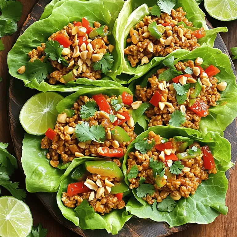 Here are the main ingredients you need for Sweet Chili Chicken Lettuce Wraps. Each one adds to the flavor and texture. - 1 lb ground chicken - 1 tablespoon olive oil - 1 red bell pepper, finely diced - 1 green bell pepper, finely diced - 2 green onions, sliced - 2 cloves garlic, minced - 1 tablespoon fresh ginger, grated - 1/4 cup sweet chili sauce - 1 tablespoon soy sauce (or coconut aminos for a gluten-free option) - 1 teaspoon sesame oil - 1 head of butter or iceberg lettuce, leaves separated - 1/4 cup chopped fresh cilantro (for garnish) - Crushed peanuts (optional, for garnish) Using fresh ingredients makes a big difference. You get better flavor and texture. The ground chicken brings protein. The bell peppers add crunch and color. Garlic and ginger give a nice aroma. Sweet chili sauce gives a sweet and spicy kick. Feel free to mix in different veggies if you want. Just keep the main flavors in mind. This recipe is flexible. You can use what you have on hand. Enjoy cooking! First, I heat one tablespoon of olive oil in a large skillet over medium-high heat. Once the oil is hot, I add one pound of ground chicken. I break it apart with a spatula. I cook it for about five to seven minutes until it turns brown and is fully cooked. Next, I stir in two cloves of minced garlic and one tablespoon of grated fresh ginger. I let them cook for one to two minutes. This step makes the kitchen smell amazing! Now, I add a red bell pepper and a green bell pepper, both finely diced. I sauté the peppers for about three to four minutes. I want them to be tender but still a bit crisp. This adds great color and crunch to my dish. Next, I pour in a quarter cup of sweet chili sauce, one tablespoon of soy sauce, and one teaspoon of sesame oil. I stir everything together until well mixed. I let it heat through for two to three minutes. This makes the flavors come alive! Finally, I remove the skillet from the heat and fold in two sliced green onions. To assemble, I take a large lettuce leaf and add a generous spoonful of the chicken mixture into the center. I garnish it with chopped cilantro and optional crushed peanuts for some extra crunch. I wrap the lettuce around the filling and enjoy this tasty treat! To make your Sweet Chili Chicken Lettuce Wraps shine, adjust the sweetness and spice. If you want more heat, add a dash of sriracha or red pepper flakes. For less sweetness, reduce the sweet chili sauce. You can also try adding lime juice for extra zing. For fresh ingredients, swap the bell peppers for carrots or snap peas. You can use shredded cabbage instead of lettuce for added crunch. Consider using ground turkey or tofu for a lighter option. To serve, arrange the lettuce wraps on a large platter. Add lime wedges for squeezing over the wraps. This adds flavor and freshness. Sprinkle extra cilantro on top for color and taste. You can also place the crushed peanuts in a small bowl on the side. This lets guests add their own crunch. These little touches make your dish look inviting and fun! {{image_2}} You can switch the ground chicken for other proteins. Turkey works well and keeps it lean. Ground beef adds a rich flavor. If you prefer plant-based options, try crumbled tofu or lentils. Each choice brings a unique taste. You can match your protein to your diet or taste. To make this dish gluten-free, use coconut aminos instead of soy sauce. This gives a similar taste without gluten. For wraps, use lettuce leaves like butter or iceberg. You can also try cabbage leaves for a crunch. If you want low-carb options, these swaps work great. Adding more veggies can boost flavor and nutrition. Try carrots, mushrooms, or snap peas. Each brings a new taste and texture. You can also use spices like cumin or chili flakes for heat. For extra flavor, consider unique sauces like hoisin or peanut sauce. These can add a fun twist to your wraps. To keep your Sweet Chili Chicken Lettuce Wraps fresh, store them properly. First, let the chicken cool down. Once cooled, place it in an airtight container. This helps keep moisture in and prevents odors from mixing. You can store the chicken in the fridge for up to 3 days. If you want to freeze the chicken filling, spoon it into freezer-safe bags. Make sure to remove as much air as possible. You can freeze it for up to 2 months. When you're ready to eat, thaw it in the fridge overnight. When reheating the chicken mixture, you have a few options. You can use a skillet over medium heat. Stir it often until it’s warm. This usually takes about 5 minutes. You can also use a microwave. Place the chicken in a bowl and cover it. Heat it for 1-2 minutes until hot. To keep the lettuce crisp, do not reheat it. Instead, prepare fresh lettuce leaves when you're ready to serve. This way, your wraps stay crunchy and fresh. Yes, you can make these wraps ahead of time. Cook the chicken filling in advance and store it in the fridge. Just keep the lettuce separate until you are ready to serve. This way, the lettuce stays crisp and fresh. When you are ready to eat, simply warm the chicken filling and assemble your wraps. These wraps pair well with many sides. You can serve them with rice or quinoa for a filling meal. Fresh fruit like mango or pineapple adds a sweet touch. You can also add a side of spring rolls or a light salad for a colorful plate. Leftovers can stay fresh in the fridge for up to three days. Store the chicken filling in an airtight container to keep it fresh. The lettuce should be kept separate to avoid wilting. Always check for any off smells before eating leftovers. Yes, this recipe is great for meal prep. You can cook a larger batch of the chicken filling and divide it into portions. Store it in the fridge or freeze it for later. The lettuce can be washed and stored separately, ready for quick assembly. This makes it easy to grab a healthy meal on busy days. This blog post covered a tasty recipe for Sweet Chili Chicken Lettuce Wraps. We discussed the key ingredients, like ground chicken and fresh veggies. I explained each step, from cooking the chicken to mixing sauces and assembling wraps. You also learned tips for flavor, presentation, and variations like protein swaps. Remember, these wraps are versatile and perfect for family meals or meal prep. Enjoy getting creative in the kitchen and savoring this healthy dish!
