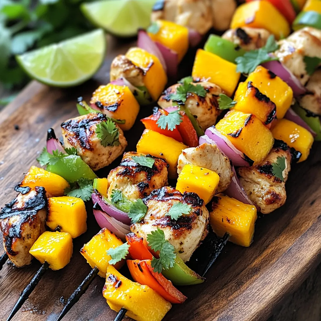 - 1 lb boneless, skinless chicken breasts - 1 ripe mango - 1 bell pepper - 1 small red onion - 2 tablespoons olive oil - Zest and juice of 2 limes - 3 tablespoons honey - 1 teaspoon ground cumin - 1 teaspoon smoked paprika - Salt and pepper to taste - Bamboo or metal skewers Mango Lime Grilled Chicken Skewers are simple and fun to make. Start with boneless chicken breasts. Cut them into 1-inch cubes. This size helps them cook evenly. Next, grab a ripe mango. Dice it to add sweetness. The bell pepper adds color and crunch. Choose any color you like. A small red onion adds some zing. Next up, we need the marinade. Combine olive oil, lime zest, lime juice, honey, ground cumin, and smoked paprika in a bowl. This mix packs flavor into the chicken. Add salt and pepper to taste. Don’t forget to mix well. Gather your skewers—bamboo or metal work great. If using bamboo, soak them in water for about 20-30 minutes. This step stops them from burning on the grill. With these ingredients ready, you can create a vibrant dish. The chicken and fresh produce will shine on the grill. To make the marinade, you need to mix a few key ingredients. Combine olive oil, lime zest, lime juice, honey, ground cumin, smoked paprika, salt, and pepper in a large bowl. Stir everything well until all the flavors blend together nicely. This mix gives the chicken a sweet and tangy flavor. Now, add the chicken cubes to the marinade. Toss them around to coat each piece evenly. Let the chicken sit in the marinade for at least 30 minutes. For even better flavor, let it rest in the fridge for up to 2 hours. This time allows the chicken to absorb all those tasty flavors. If you use bamboo skewers, soak them in water for 20-30 minutes. This step helps stop them from burning on the grill. If you prefer, you can also use metal skewers. They don’t need soaking and are easy to clean. It's time to build your skewers! Thread the marinated chicken, diced mango, bell pepper, and red onion onto the skewers. Alternate the chicken and veggies for a colorful look. This not only makes your dish pretty but also adds different flavors in every bite. Before grilling, preheat your grill to medium-high heat. Aim for about 400°F (200°C). This temperature helps the chicken cook evenly. Always check that the grill is hot before placing the skewers on it for the best results. Place the skewers on the grill and cook for about 10-12 minutes. Turn them occasionally for even cooking. Check that the chicken is fully cooked by looking for grill marks and ensuring the internal temperature reaches 165°F (75°C). This step is crucial for safe eating. - Avoiding Dry Chicken: To keep chicken juicy, don’t overcook it. Grill for 10-12 minutes. Turn it every few minutes. Use a meat thermometer to check. The internal temperature should reach 165°F (75°C). - Achieving Perfect Grill Marks: Preheat your grill to medium-high heat. Place skewers on the grill and don’t move them for the first few minutes. This helps create those nice grill marks. After a few minutes, turn them for even cooking. - Garnishing Ideas: Add fresh cilantro and lime wedges for color. These bright additions make your dish pop. They also add a fresh taste that pairs well with the skewers. - Plating Options for Impressive Serve: Use a large platter to serve your skewers. Arrange them in a colorful pattern. You can also place grilled veggies around the skewers for a vibrant look. - Recommended Side Dishes: Serve with a light salad or rice. A mango salsa also pairs well. These sides balance the flavors of the skewers. - Beverage Pairing Ideas: Enjoy with a refreshing lemonade or iced tea. These drinks enhance the fruity taste of the dish. You might also try a light white wine for a more elegant touch. {{image_2}} You can switch up the protein in this recipe. Instead of chicken, try using shrimp. Shrimp cooks quickly and pairs well with the mango and lime. If you're vegan or vegetarian, tofu works great too. Use firm tofu for better grilling. For veggies, feel free to get creative. Use zucchini or cherry tomatoes for a fresh twist. Seasonal vegetables add color and flavor. Just cut them into similar sizes for even cooking. To boost flavor, add herbs like cilantro or basil. Fresh herbs brighten up the dish. You can also mix in spices like garlic powder or chili flakes for extra heat. For dipping sauces, consider a yogurt-based sauce or a sweet chili sauce. These add a nice contrast to the skewers. You can create a zesty lime or mango dipping sauce too. Just blend mango puree with yogurt and lime juice for a creamy dip. If grilling isn't an option, you can bake the skewers in the oven. Set your oven to 400°F (200°C). Place the skewers on a baking sheet and cook for about 15-20 minutes. Just make sure to turn them halfway through for even cooking. Stir-frying is another quick method. Heat a pan and add oil. Toss in the marinated chicken and veggies, cooking for about 8-10 minutes. This gives you a great stir-fry without the skewers but still keeps the flavors intact. - Best Practices for Refrigeration: Store leftover skewers in an airtight container. This keeps them fresh. Let them cool down before sealing to avoid moisture buildup. - Duration for Safekeeping: You can keep the skewers in the fridge for up to three days. After that, they may lose flavor and texture. - Methods for Best Results: The best way to reheat is in the oven. Preheat it to 350°F (175°C) and heat the skewers for about 10 minutes. This warms them evenly. - Tips to Avoid Drying Out: To keep them moist, add a splash of water or broth when reheating. Cover the dish with foil to trap steam. - Proper Packing for Freezing: Wrap the skewers tightly in plastic wrap. Place them in a freezer bag and remove as much air as possible. This prevents freezer burn. - Thawing Methods for Future Use: Thaw the skewers in the fridge overnight for best results. You can also use the microwave on the defrost setting if you're in a hurry. Just be careful not to cook them! Marinate the chicken for at least 30 minutes. This time allows the flavors to soak in. For a deeper taste, you can marinate it for up to 2 hours. The longer you marinate, the more vibrant the flavors become. Just make sure to keep it in the fridge during this time. Yes, you can prepare these skewers ahead of time. Assemble them and cover them well. Store them in the fridge for up to a day before grilling. This saves time and makes serving easier. Just remember to let them sit at room temperature for about 15 minutes before grilling. If you don’t have lime juice, you can use lemon juice. It gives a similar tartness that works well. Another option is vinegar, like apple cider vinegar. It adds brightness but has a different taste. Choose what fits your dish best. Check the chicken's internal temperature with a meat thermometer. It should reach 165°F (75°C) to be safe to eat. Also, look for clear juices when you cut into it. The meat should no longer be pink. These signs help ensure you serve perfectly cooked chicken. This blog post covered how to create delicious chicken skewers. You learned to marinate chicken and select fresh veggies like mango and bell peppers. I shared tips for grilling, presentation, and variations for added flavor. By using these steps, you can impress your friends and family with tasty meals. Remember, cooking is fun! Experiment with flavors and techniques. Enjoy your cooking journey and make every meal unforgettable.