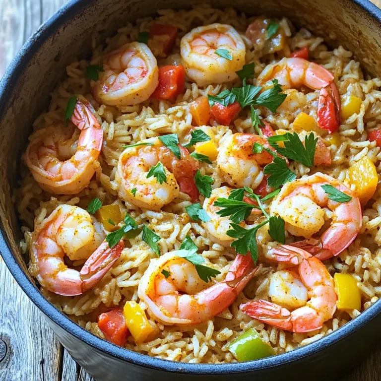 To make One-Pot Creamy Cajun Shrimp and Rice, you need a few key ingredients. Here’s the detailed list: - 1 lb (450g) shrimp, peeled and deveined - 1 cup long-grain rice - 1 medium onion, diced - 3 cloves garlic, minced - 1 bell pepper (red or green), chopped - 1 can (14 oz) diced tomatoes, drained - 2 cups chicken broth - 1 cup heavy cream - 2 tablespoons Cajun seasoning (add more for extra spice) - 1 tablespoon olive oil - Salt and pepper to taste - 1/4 cup fresh parsley, chopped (for garnish) For customization, you can add optional ingredients such as: - 1/2 cup frozen peas or corn for sweetness and color These ingredients bring warmth and flavor to your dish. Each plays a role in making your meal rich and satisfying. 1. Initial vegetable sautéing: Start by heating olive oil in a large pot over medium heat. Add diced onion and chopped bell pepper. Sauté them for about 5 minutes until they soften. This step builds a great flavor base. 2. Cooking shrimp and combining flavors: Next, stir in minced garlic and let it cook for one minute. Then, add the shrimp to the pot. Season them with Cajun seasoning, salt, and pepper. Cook the shrimp for about 3-4 minutes until they turn pink. Once done, remove the shrimp and set them aside. 1. Steps to simmer and incorporate all ingredients: In the same pot, add the long-grain rice. Mix it with the sautéed veggies for about 2 minutes. This helps to lightly toast the rice. Then, pour in the chicken broth and drained diced tomatoes. Stir well and bring this mixture to a simmer. 2. Timing for perfect rice texture: Once it simmers, cover the pot. Reduce the heat to low and cook for about 15-18 minutes. The rice should become tender and absorb most of the liquid by the end. 1. Adding shrimp back to the dish: After the rice is cooked, add the heavy cream. Mix it in well. If you’re using frozen peas or corn, toss them in now. Heat everything for about 2-3 minutes until warmed through. 2. Presentation and serving suggestions: Finally, return the cooked shrimp to the pot. Fold them gently into the rice mixture. Allow the dish to heat for an additional 2 minutes. Taste and adjust seasoning if needed. Serve hot, garnished with fresh parsley on top for a pop of color! To get the best Cajun flavor, start with your spice levels. If you like heat, add more Cajun seasoning. I recommend using brands like Tony Chachere's or Zatarain's. They bring a great kick and depth of flavor to the dish. For a rich and creamy sauce, use heavy cream. Make sure it’s at room temperature for the best results. This helps it blend smoothly into the dish. Avoid adding it too soon; let the rice cook fully first. If you add the cream too early, it may curdle and ruin the texture. One-pot cooking saves time and hassle. To make it even easier, prep your ingredients first. Chop your veggies and measure your spices before you start cooking. This way, you can focus on the cooking process without stopping to gather items. Always stir to prevent sticking, and keep the heat steady. This ensures even cooking and rich flavor in every bite. {{image_2}} You can switch up the shrimp in this dish. Chicken works great too. Just cut it into bite-size pieces and cook it the same way. Smoked sausage adds a nice kick and flavor. If you want a vegetarian option, use plant-based proteins like chickpeas or tofu. They soak up all the tasty flavors. Want to change the taste? Add spices like smoked paprika or cayenne for more heat. Fresh herbs like thyme or cilantro can brighten the dish. For broth, try vegetable broth instead of chicken broth. This adds a different depth of flavor while keeping it light. To complement the creamy Cajun shrimp and rice, serve a simple salad. A side of garlic bread is also a hit. For garnishes, I love fresh parsley or even sliced green onions. They add color and extra flavor to your meal. To store your One-Pot Creamy Cajun Shrimp and Rice, let it cool first. Place it in an airtight container. This keeps the flavors fresh and the dish safe. The meal can stay good in the fridge for about three days. When reheating, I suggest using the stovetop. Add a bit of chicken broth to keep it moist. Heat it on low to avoid drying out the shrimp. Stir gently to keep the shrimp from overcooking. You want them juicy, not rubbery. To freeze this dish, first cool it completely. Then, transfer it to a freezer-safe container. Make sure to leave some space at the top for expansion. This dish can last up to three months in the freezer. When ready to eat, thaw it overnight in the fridge. Reheat on the stovetop or microwave, adding a splash of broth for creaminess. Yes, you can use frozen shrimp. Just thaw them first. Place the shrimp in cold water for about 15-20 minutes. Drain them well before adding to your pot. Frozen shrimp may release more water. This can slightly change the dish's texture. If you use frozen shrimp, adjust the cooking time slightly. If you want to lighten the dish, consider using half-and-half or whole milk. Coconut milk is a tasty dairy-free option. For a healthier choice, use Greek yogurt. Mix it in at the end. This keeps it creamy without heavy cream's richness. This recipe has a good kick from the Cajun seasoning. You can adjust the spice level easily. Use less Cajun seasoning for a milder dish. Add more if you love heat. You can also add fresh chopped jalapeños for extra spice. Remember, you can always add more, but you can’t take it out! Yes, you can prep this dish ahead. Cook the shrimp and rice as instructed. Store them separately in the fridge. Reheat them together before serving. This helps keep the shrimp tender. You can store leftovers for up to three days. This blog post covered a delightful Cajun shrimp and rice dish. We talked about key ingredients, from shrimp to broth. I shared step-by-step cooking tips and how to get that creamy finish. You also learned how to personalize flavors and variations with different proteins. Storing and reheating tips help keep your meal fresh. With these insights, you can create a dish that's both tasty and fun. Enjoy making this recipe your own and impressing friends and family!