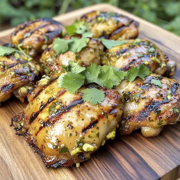- 4 bone-in, skin-on chicken thighs - 1/4 cup honey - 1/4 cup fresh lime juice - 2 tablespoons soy sauce - 2 cloves garlic, minced - 1 teaspoon ground cumin - 1/2 teaspoon black pepper - 1 teaspoon chili powder - Zest of 1 lime - Salt to taste - Fresh cilantro for garnish Gather these ingredients before you start. The chicken thighs give the dish a juicy base. Honey and lime juice bring a sweet and tangy kick. Soy sauce adds depth, while garlic gives a nice aroma. Ground cumin, black pepper, and chili powder add warmth and spice. Lime zest enhances the citrus flavor. Always taste and adjust salt to your liking. Fresh cilantro not only looks great but adds a fresh touch. These simple ingredients come together to create a tasty marinade. You can use it for other meats or even veggies. Just remember, this dish shines with chicken thighs because they stay moist while grilling. Enjoy the process of mixing and marinating. Trust me; it makes all the difference! First, grab a mixing bowl. Whisk together these ingredients: - 1/4 cup honey - 1/4 cup fresh lime juice - 2 tablespoons soy sauce - 2 cloves garlic, minced - 1 teaspoon ground cumin - 1/2 teaspoon black pepper - 1 teaspoon chili powder - Zest of 1 lime - Salt to taste This will be your tasty marinade. The honey brings sweetness. The lime adds a nice zing. Each ingredient works together for a great flavor. Next, take 4 bone-in, skin-on chicken thighs. Place them in a large bowl or a resealable plastic bag. Pour the marinade over the chicken. Make sure each thigh gets a good coat. Seal the bag or cover the bowl. Refrigerate for at least 1 hour. For best taste, marinate up to 8 hours. This step makes your chicken juicy and flavorful. Time to grill! Preheat your grill to medium-high heat, around 375°F to 400°F. If you use charcoal, spread the coals evenly. Remove the chicken from the marinade. Let the extra marinade drip off. Discard the marinade. Now, place the chicken thighs skin-side down on the hot grill. Grill for about 6-7 minutes. Look for golden brown skin. After that, flip the thighs over. Grill for another 7-8 minutes. Cook until the inside reaches 165°F. The juices should run clear. Once done, take the chicken off the grill. Let it rest for 5 minutes. This step helps keep the juices in the meat. Finally, garnish with fresh cilantro before you serve. Enjoy your delicious Honey Lime Grilled Chicken Thighs! For great flavor, marinate your chicken thighs for at least 1 hour. If you have time, let them soak for up to 8 hours. This longer time helps the flavors blend well. Use a resealable bag or bowl to coat the chicken. Make sure every piece is covered. Seal the bag tight or cover the bowl to keep the marinade in. Grill your chicken thighs at a medium-high heat, about 375°F to 400°F. This heat level gives a nice sear. Cook skin-side down for 6-7 minutes until the skin is crispy and brown. Turn the thighs and grill for another 7-8 minutes. Use a meat thermometer to check if the chicken is done. It should reach 165°F. The juices should run clear when cut. To make your dish pop, garnish with fresh cilantro. You can also add lime wedges on the side for a bright touch. Serve the chicken on a colorful plate to enhance the look. Pair it with bright veggies or a fresh salad for a lovely presentation. {{image_2}} You can change the taste of this dish by adding spices or herbs. Try adding paprika for a smoky flavor. Fresh herbs, like thyme or oregano, can also brighten your chicken. Want to switch proteins? Use pork chops or shrimp! Both soak up the honey-lime marinade well. If you don’t have a grill, you can bake or air fry the chicken. For oven-baking, preheat to 400°F. Place the chicken on a baking sheet and cook for 25-30 minutes. Check the internal temperature to ensure it reaches 165°F. For air frying, set the temperature to 375°F and cook for about 20 minutes. Broiling is another great option. Broil the chicken, skin-side up, for 10-15 minutes. Keep an eye on it to avoid burning. This method gives a nice crispy skin while keeping the meat juicy. Serve your honey lime chicken with fresh sides. A light salad with avocado and tomatoes pairs well. Rice or quinoa can soak up the sauce nicely. Grilled vegetables add color and nutrition. Try corn on the cob or a simple coleslaw for crunch. Each side enhances the meal, making it more balanced and enjoyable. To keep your honey lime grilled chicken thighs fresh, follow these steps. First, let the chicken cool completely. Next, place the chicken in an airtight container. This helps keep moisture in and air out. You can also wrap the chicken tightly in plastic wrap. Store it in the fridge for up to four days. If you want to keep it longer, freeze it. Chicken can last up to three months in the freezer. Just remember to label the container with the date. When you are ready to enjoy leftovers, reheating is key. You want to keep the chicken juicy and flavorful. The best way to do this is by using the oven. Preheat it to 350°F. Place the chicken on a baking sheet and cover it with foil. Heat for about 15-20 minutes. This method warms the chicken without drying it out. If you prefer the microwave, use a microwave-safe plate. Heat for one minute, then check if it’s warm. If not, heat in 30-second intervals until hot. Enjoy your delicious chicken again! I recommend marinating chicken thighs for at least 1 hour. For the best flavor, aim for 8 hours. This longer time allows the honey and lime to soak in well. If you're short on time, even 30 minutes can still add some nice taste. Just remember, the longer, the better! Yes, you can use boneless chicken thighs for this recipe. They cook faster, so adjust your grill time. Grill them for about 5-6 minutes on each side. Always check that the internal temperature hits 165°F to ensure they are safe to eat. Boneless thighs can still be very juicy and tasty! This chicken pairs well with many sides. Here are some tasty options: - Grilled vegetables like zucchini and bell peppers - Rice or quinoa for a hearty base - Corn on the cob for a sweet crunch - Salad with fresh greens and lime vinaigrette - Guacamole and chips for a fun dip These sides enhance the flavors of the chicken and make your meal bright and colorful. Enjoy! You now have all the steps to create tasty honey lime grilled chicken. From marinating the chicken thighs to grilling, every step matters. Remember to use fresh ingredients for the best flavor. Try adding your favorite spices for a personal touch. Whether you grill, bake, or air fry, this dish works well. Serve it with perfect sides to impress your family. Enjoy your cooking journey, and don't hesitate to explore new flavors!
