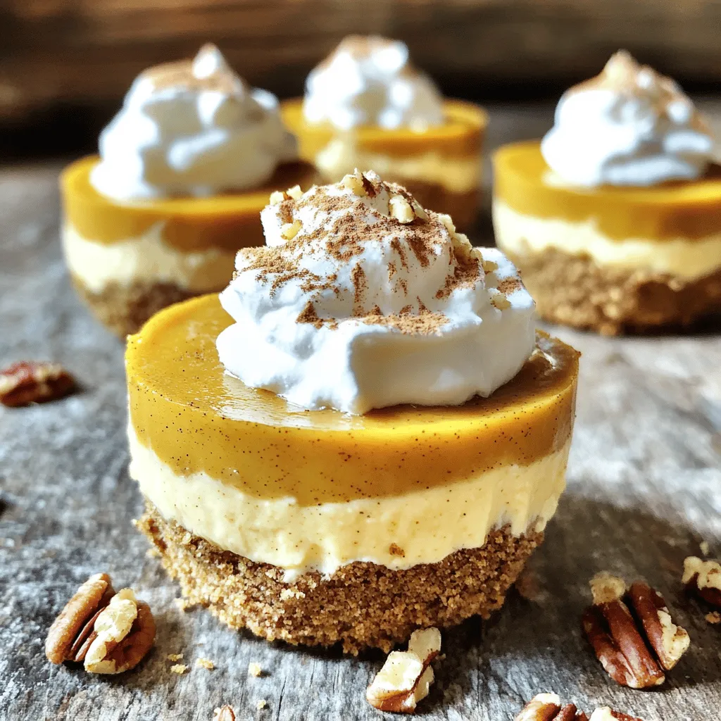 - 1 cup cream cheese, softened - 1 cup pumpkin puree (not pumpkin pie filling) - ½ cup powdered sugar - 1 teaspoon vanilla extract - 1 teaspoon pumpkin spice mix (or mix cinnamon, nutmeg, and ginger) - 1 cup whipped cream (heavy cream whipped to soft peaks) - 1 cup graham cracker crumbs - 4 tablespoons unsalted butter, melted - Optional: crushed pecans or walnuts for topping You can swap cream cheese with Greek yogurt for a lighter version. If you want a dairy-free option, use vegan cream cheese. For the pumpkin puree, you can use sweet potato puree. Instead of powdered sugar, you can blend regular sugar until fine. If you don’t have pumpkin spice mix, a mix of cinnamon, nutmeg, and ginger works well. You can replace graham cracker crumbs with crushed cookies or oat flour for a gluten-free option. Choose fresh cream cheese for the best texture. Look for pure pumpkin puree without additives. This gives a richer flavor. When selecting whipped cream, heavy cream creates the best texture. Check the expiration dates on all dairy products. For spices, ensure they are fresh for maximum flavor. Using local or organic ingredients can enhance taste and support sustainability. Start by softening 1 cup of cream cheese. Use a large mixing bowl. Beat the cream cheese until it is smooth and creamy. Next, add in 1 cup of pumpkin puree. Make sure it is pure pumpkin, not pie filling. Mix in ½ cup of powdered sugar and 1 teaspoon of vanilla extract. Then, add 1 teaspoon of pumpkin spice. Beat the mixture until it is well combined. It should be smooth and creamy. Gently fold in 1 cup of whipped cream. This step makes your mixture light and airy. Be careful not to deflate the whipped cream. In a separate bowl, combine 1 cup of graham cracker crumbs with 4 tablespoons of melted unsalted butter. Mix these until the crumbs look like wet sand. This helps to form a nice crust. Grab your serving cups or parfait glasses. Start by adding the graham cracker crust to the bottom of each cup. Press it down gently to make an even layer. Next, spoon the pumpkin cheesecake mixture on top of the crust. Fill each cup generously. If your cups are large, you can repeat the layers. Finish with the cheesecake mixture on top. Once done, refrigerate the cups for at least 2 hours. This helps the cheesecake set properly. When ready to serve, add crushed pecans or walnuts for extra flavor. To get a smooth and creamy texture, start with softened cream cheese. Beat it well until it is fluffy. When adding pumpkin puree, mix it in slowly to keep the mixture light. Use a gentle folding method when adding whipped cream. This keeps the air in and makes it fluffy. If you mix too hard, the texture will be dense. A light touch is key. Serve these cheesecake cups in clear glasses or small jars. This way, everyone can see the lovely layers. Top each cup with a dollop of whipped cream. A sprinkle of pumpkin spice adds a nice touch. You can also add crushed pecans or walnuts on top for added crunch. This makes each bite even more fun to eat. One mistake is using pumpkin pie filling instead of pumpkin puree. This can change the taste and texture. Another pitfall is not chilling the cups long enough. They need at least two hours in the fridge to set properly. Finally, be careful when folding in the whipped cream. Mixing too hard can ruin the light texture you want. {{image_2}} You can easily make this treat vegan. Start by using vegan cream cheese. Look for brands that are creamy and smooth. Replace the whipped cream with coconut cream for a rich texture. Use maple syrup instead of powdered sugar for sweetness. This way, you keep the pumpkin spice flavor while making it plant-based. For a twist, add chocolate or caramel layers. Melt dark chocolate and pour it over the crust before adding the cheesecake layer. You can also drizzle caramel sauce on top for extra sweetness. Both options bring a new taste and texture to the cups. Get creative with your toppings! Instead of nuts, try crushed graham crackers or chocolate shavings. For a fruity touch, add fresh berries on top. You can also mix in a bit of orange zest for a bright flavor boost. Each topping choice can change how the dessert tastes and looks. To store leftover cheesecake cups, cover them tightly with plastic wrap. You can also use an airtight container. This keeps them fresh and prevents odors from other foods. Keep the cups in the fridge. They stay tasty for up to three days. Freezing these cheesecake cups is easy. First, wrap each cup well with plastic wrap. Then, place them in a freezer-safe bag or container. Label the bag with the date. You can freeze them for up to a month. To serve, thaw them in the fridge overnight. These cheesecake cups stay fresh for a few days in the fridge. If you follow best practices, they taste great even after a few days. Store them at the back of the fridge, where it’s coldest. Avoid leaving them out at room temperature for too long. Yes, you can use canned pumpkin. Canned pumpkin works well in this recipe. It saves time and gives a nice flavor. Just be sure to choose plain pumpkin puree. Avoid pumpkin pie filling. This will keep the taste just right. These cheesecake cups need at least two hours in the refrigerator. This time helps the cups set well. The longer they sit, the better the flavor blends. If you can, let them chill overnight for even more taste. You can use different crusts if you like. Graham cracker crumbs are standard, but others work too. Try using crushed cookies, like Oreos or gingersnaps. You can even use a nut crust for a gluten-free option. Just make sure it holds together well! Making cheesecake cups is fun and easy. We explored ingredients, preparation steps, and tips. You learned about quality ingredients and how to make a great texture. Variations like vegan options and fun toppings add excitement. Remember to store leftovers properly for the best taste. Avoid common mistakes to ensure your treats shine. With these steps, you can create delicious cheesecake cups any time. Enjoy your baking and share your tasty results!