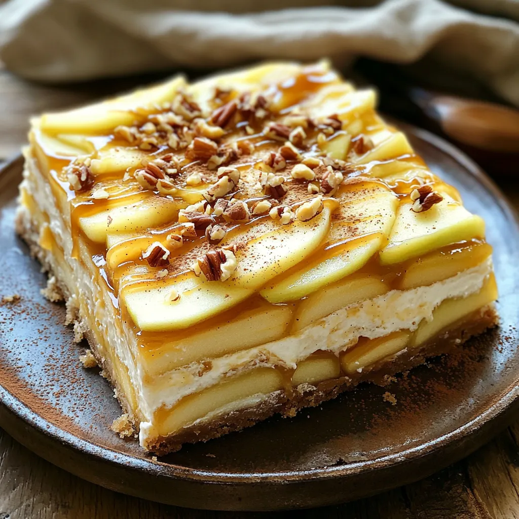 - 2 large Granny Smith apples, thinly sliced - 1 cup heavy cream - 1/2 cup powdered sugar - 1 teaspoon vanilla extract - 8 ounces cream cheese, softened - 1/2 cup caramel sauce (store-bought or homemade) - 12 graham crackers - 1 teaspoon ground cinnamon - Chopped pecans or walnuts - Mixing bowls - 9x9 inch square dish - Hand mixer or whisk Gathering the right ingredients and tools is key to making your Caramel Apple Icebox Cake shine. I love using Granny Smith apples for their tartness. It balances the sweet caramel perfectly. Heavy cream, powdered sugar, and vanilla extract create a delightful whipped cream. Cream cheese adds a rich layer to the cake. Don’t forget the caramel sauce; it’s the star of the show! For a fun twist, consider adding chopped pecans or walnuts on top. They bring a nice crunch. When it comes to equipment, you’ll need mixing bowls for your cream and filling. A 9x9 inch square dish is perfect for layering. Use a hand mixer or whisk to whip your cream to soft peaks. This cake is easy to make with these simple tools and ingredients. To start, grab a mixing bowl. Add 1 cup of heavy cream, 1/2 cup of powdered sugar, and 1 teaspoon of vanilla extract. Use a hand mixer or whisk to mix them well. Beat until you see soft peaks form. This step is key for a light and airy whipped cream. Soft peaks mean the cream holds its shape but is not too stiff. Set this bowl aside for later. Next, take another bowl and whip 8 ounces of softened cream cheese until it is smooth. This ensures a creamy base for your filling. Gradually pour in 1/2 cup of caramel sauce while mixing. Stir until the caramel and cream cheese blend well. This creates a rich and sweet filling. After that, fold in the whipped cream from earlier. Mix gently to keep the fluffiness. Now you have a delicious caramel cream filling. Now, it’s time to put it all together. Lay four graham crackers in a single layer at the bottom of a 9x9 inch square dish. Spread one-third of the caramel cream mixture on top, smoothing it evenly. Slice 2 large Granny Smith apples thinly and layer half over the cream. Sprinkle with half of 1 teaspoon of ground cinnamon for flavor. Repeat this by adding another layer of four graham crackers, another third of the cream, the rest of the apples, and cinnamon. Finish with the last layer of graham crackers and top with the remaining caramel cream. Cover the dish with plastic wrap and place it in the fridge for at least 4 hours, or overnight if you can wait! This helps the graham crackers soften. To get the best flavor, start with the right apples. I love using Granny Smith apples for their tartness. This balance makes the cake tasty and fresh. The next tip is chilling time. Allowing the cake to chill for at least four hours helps the flavors blend. If you can, let it chill overnight for even better taste. Softening the graham crackers is key for a great texture. You want them to absorb the cream without being too soggy. Lay the crackers flat and press down gently when layering. Using fresh ingredients is also important. Fresh cream cheese and cream give the best flavor and texture. It makes your cake light and fluffy. Presentation matters! When serving, cut the cake into neat squares. Place each piece on a dessert plate for a nice touch. Drizzling extra caramel sauce on top adds visual appeal. It makes the cake look delicious and inviting. You can also sprinkle a bit of cinnamon on top to enhance the look and flavor. Garnishing with chopped nuts can give it a nice crunch too. {{image_2}} You can change the apples in this recipe. Instead of Granny Smith, use Honeycrisp or Fuji apples. These types add a sweeter taste. You can also try pears for a different flavor. They will mix well with caramel. You can switch up the cream cheese too. Try using a flavored cream cheese, like strawberry or vanilla. This adds a new layer of taste to your cake. Want to spice things up? Add nutmeg or ginger. Just a pinch will make a big difference. These warm spices pair well with apples and caramel. You can also add chocolate or peanut butter. Use chocolate chips or a swirl of peanut butter in the cream. Both options make this cake even more delicious. Serve this cake with whipped cream or vanilla ice cream. Both options add creaminess and balance the sweetness. For special occasions, make it festive! Add sprinkles or a drizzle of chocolate. You can also use seasonal fruits on top. For fall, try adding cranberries or pecans for a lovely touch. To keep your Caramel Apple Icebox Cake fresh, use an airtight container. A glass dish with a tight lid works great. If you want to keep it in the original dish, cover it tightly with plastic wrap. This helps keep the cake moist and tasty for days. You can freeze portions of the cake if you have leftovers. Cut the cake into squares before freezing. Wrap each piece in plastic wrap, then place them in a freezer bag. This way, you can enjoy a slice anytime. To thaw, place the frozen cake in the fridge overnight. This keeps it from becoming soggy. The cake stays good in the fridge for about four days. After that, the texture may change. Watch for signs of spoilage, like a sour smell or watery filling. If you notice these, it's best to toss the cake. Enjoy your sweet treat while it’s still fresh! Yes, you can make this cake a day in advance. This gives the flavors time to blend. To prepare, follow the recipe and cover the dish tightly with plastic wrap. Store it in the fridge. This keeps the cake fresh and helps the graham crackers soften. If you make it early, you can enjoy your time with guests. Just remember to drizzle more caramel on top before serving! Making caramel sauce is easy! Here’s a quick recipe: - Ingredients: - 1 cup granulated sugar - 6 tablespoons unsalted butter - 1/2 cup heavy cream - 1 teaspoon vanilla extract - Pinch of salt - Instructions: 1. In a medium saucepan, heat the sugar over medium heat. Stir it often until it melts and turns golden. 2. Add the butter and stir until melted. 3. Slowly pour in the heavy cream, stirring constantly. 4. Remove from heat and add vanilla and salt. Let it cool before using. This caramel sauce is perfect for drizzling on your cake! If you want a different crust, try these options: - Digestive biscuits: These are similar in texture and flavor. - Vanilla wafers: They add a nice sweetness. - Butter cookies: These provide a rich taste. Use these options when you want to change things up or can’t find graham crackers. Each will bring its own charm to your cake! In this post, I shared how to create a delicious dessert using Granny Smith apples, whipped cream, and cream cheese. I walked through each step, from making the filling to assembling the cake. Remember to choose fresh ingredients for the best flavor and texture. Don't hesitate to try different fruits or spices to make it your own. With the right storage, you can enjoy this treat longer. Enjoy your cooking adventure and impress your friends and family with this sweet delight!