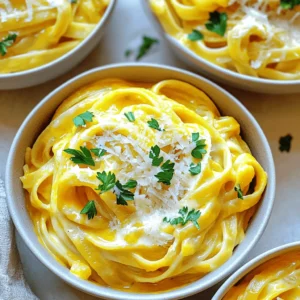 - 8 oz fettuccine pasta - 1 cup pumpkin puree - 1 cup heavy cream Fettuccine pasta is the star of this dish. It holds the creamy sauce well. You can use fresh or dried pasta, but I prefer the dried kind for its firmness. Pumpkin puree adds a rich flavor and a beautiful orange color. You can use canned or fresh pumpkin. Heavy cream gives the sauce its luxurious texture. - 1/2 cup grated Parmesan cheese - 2 tablespoons butter - 2 garlic cloves, minced Grated Parmesan cheese melts into the sauce, adding depth. Use good quality cheese for the best taste. Butter adds richness and helps sauté the garlic. Minced garlic gives the sauce a lovely aroma and flavor. Be careful not to burn it; we want it fragrant, not bitter. - 1 teaspoon Italian seasoning - Salt and pepper to taste - Fresh parsley, chopped Italian seasoning brings warmth and a hint of herbs. Adjust salt and pepper to your taste. Fresh parsley adds a pop of color and a fresh taste. It makes the dish look pretty and bright on the plate. This is how you create a dish full of flavor and color. Each ingredient plays a role in making the creamy pumpkin Alfredo pasta a tasty meal. To start, grab a large pot and fill it with water. Add a good amount of salt. Bring the water to a boil. Once boiling, add 8 oz of fettuccine pasta. Cook it according to the package instructions until it is al dente. This usually takes about 8 to 10 minutes. After cooking, reserve 1/2 cup of the pasta water. Then, drain the pasta and set it aside. Next, it's time to make the Alfredo sauce. Take a large skillet and place it over medium heat. Add 2 tablespoons of butter and let it melt. After it melts, add 2 minced garlic cloves. Sauté the garlic for 1 to 2 minutes. You want it to smell good but not burn. Then, stir in 1 cup of pumpkin puree and 1 cup of heavy cream. Mix it well. Let this mixture simmer gently for about 5 minutes. Stir it often to keep it smooth. Now, we will add the cheese and finish the dish. Sprinkle in 1/2 cup of grated Parmesan cheese and 1 teaspoon of Italian seasoning. Stir until the cheese melts and the sauce is nice and creamy. If the sauce is too thick, you can add some reserved pasta water. This helps adjust the sauce's texture. Once the sauce is ready, add the cooked fettuccine to the skillet. Toss the pasta to coat it well with the creamy pumpkin sauce. Finally, season with salt and pepper to taste. Serve the dish in wide bowls. You can garnish with fresh parsley for a pop of color. Enjoy your creamy pumpkin Alfredo pasta! To get the best sauce, adjust the consistency with pasta water. When you drain the pasta, save some of that starchy water. Add it slowly to the sauce if it feels too thick. This step helps make the sauce creamy and smooth. Next, prevent garlic from burning. Garlic can turn bitter if overcooked. When you sauté it, keep the heat low and stir often. Cook it just until it smells good, about 1-2 minutes. This will keep your sauce flavorful and bright. For serving, use wide bowls. This lets the creamy pumpkin Alfredo shine. Divide the pasta evenly and make sure each plate has enough sauce. Garnishing with fresh parsley adds color and freshness. You can also sprinkle extra Parmesan cheese on top. For a final touch, drizzle a little olive oil. It gives a nice shine to the dish. To save time, cook the pasta while you make the sauce. This way, both are ready at the same time. Keep an eye on the pasta to prevent overcooking. You can also pre-prep ingredients. Mince the garlic and chop parsley ahead of time. Get your pumpkin puree ready before you start. This makes cooking quick and easy. {{image_2}} You can swap fettuccine for whole grain or gluten-free pasta. Whole grain adds fiber and flavor. Gluten-free options are great for those with dietary needs. Both choices work well with the creamy pumpkin sauce. For a heartier dish, consider adding chicken or shrimp. Cook the protein separately and mix it in at the end. This boosts flavor and makes the meal more filling. If you prefer vegetarian options, try chickpeas or tofu. Both add protein without meat. To make this dish vegan, use dairy-free cream. Coconut cream or cashew cream gives a rich texture. You can also add nutritional yeast for a cheesy flavor. This way, everyone can enjoy creamy pumpkin Alfredo. To best store your creamy pumpkin Alfredo pasta, let it cool first. Place it in an airtight container. This helps keep the flavors fresh. You can refrigerate it for up to three days. Make sure to label the container with the date. This way, you will remember when you made it. When it comes to reheating, you have two good options: microwave or stovetop. If you use the microwave, put the pasta in a safe dish. Heat it in short bursts, stirring often. This prevents hot spots. On the stovetop, add a splash of water or cream to the pasta. Warm it over low heat, stirring gently. This keeps the sauce creamy. If you want to freeze the pasta, first let it cool completely. Then, place it in a freezer-safe container. Make sure to leave space for expansion. You can freeze it for up to three months. To enjoy later, thaw it in the fridge overnight before reheating. This helps keep the taste and texture just right. If you want a lighter option, try using half-and-half. You can also use whole milk mixed with a little butter. For a dairy-free choice, coconut cream works well. Just keep in mind that these swaps may change the flavor and texture a bit. Yes! You can use fresh pumpkin. Just peel, cube, and cook it until soft. Then, blend it until smooth. Fresh pumpkin can give a fresher taste to your dish. Make sure to use the same amount as the canned version. Creamy pumpkin Alfredo pasta can last about three to four days in the fridge. Store it in an airtight container to keep it fresh. When you're ready to eat, just reheat it in the microwave or on the stove. This blog covered the tasty Pumpkin Alfredo dish. We looked at the key ingredients like fettuccine, pumpkin puree, and cream, alongside tips to make your sauce perfect. I shared how to cook the pasta and create a creamy, rich sauce. Don't forget to try different proteins or vegan options for variety. Remember, store leftovers well and enjoy them later. With these tricks, you can whip up this dish with ease. Enjoy your cooking!