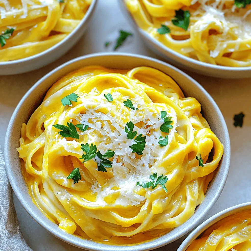 - 8 oz fettuccine pasta - 1 cup pumpkin puree - 1 cup heavy cream Fettuccine pasta is the star of this dish. It holds the creamy sauce well. You can use fresh or dried pasta, but I prefer the dried kind for its firmness. Pumpkin puree adds a rich flavor and a beautiful orange color. You can use canned or fresh pumpkin. Heavy cream gives the sauce its luxurious texture. - 1/2 cup grated Parmesan cheese - 2 tablespoons butter - 2 garlic cloves, minced Grated Parmesan cheese melts into the sauce, adding depth. Use good quality cheese for the best taste. Butter adds richness and helps sauté the garlic. Minced garlic gives the sauce a lovely aroma and flavor. Be careful not to burn it; we want it fragrant, not bitter. - 1 teaspoon Italian seasoning - Salt and pepper to taste - Fresh parsley, chopped Italian seasoning brings warmth and a hint of herbs. Adjust salt and pepper to your taste. Fresh parsley adds a pop of color and a fresh taste. It makes the dish look pretty and bright on the plate. This is how you create a dish full of flavor and color. Each ingredient plays a role in making the creamy pumpkin Alfredo pasta a tasty meal. To start, grab a large pot and fill it with water. Add a good amount of salt. Bring the water to a boil. Once boiling, add 8 oz of fettuccine pasta. Cook it according to the package instructions until it is al dente. This usually takes about 8 to 10 minutes. After cooking, reserve 1/2 cup of the pasta water. Then, drain the pasta and set it aside. Next, it's time to make the Alfredo sauce. Take a large skillet and place it over medium heat. Add 2 tablespoons of butter and let it melt. After it melts, add 2 minced garlic cloves. Sauté the garlic for 1 to 2 minutes. You want it to smell good but not burn. Then, stir in 1 cup of pumpkin puree and 1 cup of heavy cream. Mix it well. Let this mixture simmer gently for about 5 minutes. Stir it often to keep it smooth. Now, we will add the cheese and finish the dish. Sprinkle in 1/2 cup of grated Parmesan cheese and 1 teaspoon of Italian seasoning. Stir until the cheese melts and the sauce is nice and creamy. If the sauce is too thick, you can add some reserved pasta water. This helps adjust the sauce's texture. Once the sauce is ready, add the cooked fettuccine to the skillet. Toss the pasta to coat it well with the creamy pumpkin sauce. Finally, season with salt and pepper to taste. Serve the dish in wide bowls. You can garnish with fresh parsley for a pop of color. Enjoy your creamy pumpkin Alfredo pasta! To get the best sauce, adjust the consistency with pasta water. When you drain the pasta, save some of that starchy water. Add it slowly to the sauce if it feels too thick. This step helps make the sauce creamy and smooth. Next, prevent garlic from burning. Garlic can turn bitter if overcooked. When you sauté it, keep the heat low and stir often. Cook it just until it smells good, about 1-2 minutes. This will keep your sauce flavorful and bright. For serving, use wide bowls. This lets the creamy pumpkin Alfredo shine. Divide the pasta evenly and make sure each plate has enough sauce. Garnishing with fresh parsley adds color and freshness. You can also sprinkle extra Parmesan cheese on top. For a final touch, drizzle a little olive oil. It gives a nice shine to the dish. To save time, cook the pasta while you make the sauce. This way, both are ready at the same time. Keep an eye on the pasta to prevent overcooking. You can also pre-prep ingredients. Mince the garlic and chop parsley ahead of time. Get your pumpkin puree ready before you start. This makes cooking quick and easy. {{image_2}} You can swap fettuccine for whole grain or gluten-free pasta. Whole grain adds fiber and flavor. Gluten-free options are great for those with dietary needs. Both choices work well with the creamy pumpkin sauce. For a heartier dish, consider adding chicken or shrimp. Cook the protein separately and mix it in at the end. This boosts flavor and makes the meal more filling. If you prefer vegetarian options, try chickpeas or tofu. Both add protein without meat. To make this dish vegan, use dairy-free cream. Coconut cream or cashew cream gives a rich texture. You can also add nutritional yeast for a cheesy flavor. This way, everyone can enjoy creamy pumpkin Alfredo. To best store your creamy pumpkin Alfredo pasta, let it cool first. Place it in an airtight container. This helps keep the flavors fresh. You can refrigerate it for up to three days. Make sure to label the container with the date. This way, you will remember when you made it. When it comes to reheating, you have two good options: microwave or stovetop. If you use the microwave, put the pasta in a safe dish. Heat it in short bursts, stirring often. This prevents hot spots. On the stovetop, add a splash of water or cream to the pasta. Warm it over low heat, stirring gently. This keeps the sauce creamy. If you want to freeze the pasta, first let it cool completely. Then, place it in a freezer-safe container. Make sure to leave space for expansion. You can freeze it for up to three months. To enjoy later, thaw it in the fridge overnight before reheating. This helps keep the taste and texture just right. If you want a lighter option, try using half-and-half. You can also use whole milk mixed with a little butter. For a dairy-free choice, coconut cream works well. Just keep in mind that these swaps may change the flavor and texture a bit. Yes! You can use fresh pumpkin. Just peel, cube, and cook it until soft. Then, blend it until smooth. Fresh pumpkin can give a fresher taste to your dish. Make sure to use the same amount as the canned version. Creamy pumpkin Alfredo pasta can last about three to four days in the fridge. Store it in an airtight container to keep it fresh. When you're ready to eat, just reheat it in the microwave or on the stove. This blog covered the tasty Pumpkin Alfredo dish. We looked at the key ingredients like fettuccine, pumpkin puree, and cream, alongside tips to make your sauce perfect. I shared how to cook the pasta and create a creamy, rich sauce. Don't forget to try different proteins or vegan options for variety. Remember, store leftovers well and enjoy them later. With these tricks, you can whip up this dish with ease. Enjoy your cooking!