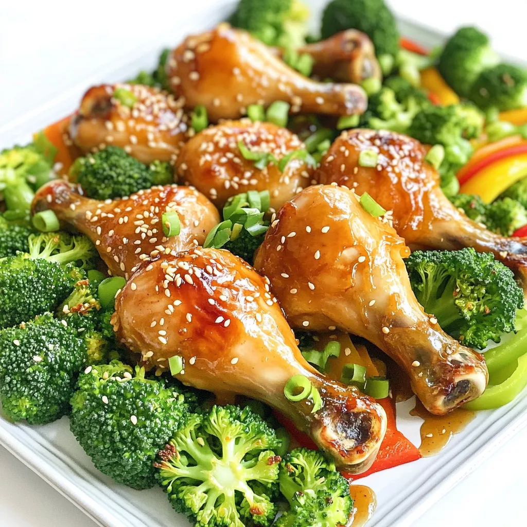- 8 chicken drumsticks - 1/4 cup honey - 1/4 cup low-sodium soy sauce - 4 cloves garlic, minced - 1 tablespoon fresh ginger, grated - 1 tablespoon olive oil - Salt and pepper to taste - 1 teaspoon sesame seeds (for garnish) - 1/4 cup green onions, sliced (for garnish) - 2 cups broccoli florets - 1 bell pepper, sliced (any color) These ingredients come together to create a dish that is both sweet and savory. The combination of honey and soy sauce forms a lovely glaze for the chicken. Garlic gives a strong flavor, while ginger adds a nice warmth. Chicken drumsticks are perfect for this recipe because they stay juicy and tender when cooked. You can also adjust the amount of honey and soy sauce to suit your taste. If you want it sweeter, add more honey. For a saltier taste, use more soy sauce. Don't forget the veggies! Broccoli and bell peppers add color and crunch. They also balance the rich flavor of the chicken. You can swap in other vegetables if you like, but these choices work great. Now, gather these ingredients, and let’s get cooking! First, you need to preheat your oven to 425°F (220°C). This temperature helps cook the chicken evenly. Next, grab a large baking sheet. Line it with parchment paper or aluminum foil. This makes clean-up a breeze. In a bowl, whisk together these ingredients: - 1/4 cup honey - 1/4 cup low-sodium soy sauce - 4 cloves garlic, minced - 1 tablespoon fresh ginger, grated - 1 tablespoon olive oil - Salt and pepper to taste Make sure everything mixes well. Now, take your chicken drumsticks and place them in a large bowl or zip-lock bag. Pour the marinade over the chicken. Toss it well so each drumstick gets coated. Let it marinate for at least 15 minutes. For even better taste, marinate it in the fridge for up to 2 hours. While your chicken is soaking up the flavors, get your veggies ready. On the same baking sheet, place 2 cups of broccoli florets and 1 sliced bell pepper. Drizzle them with olive oil and season with salt and pepper. Toss everything to coat the veggies evenly. Once your chicken has marinated, arrange the drumsticks on the baking sheet with the veggies. Pour any leftover marinade over the chicken to boost flavor. Now it’s time to bake! Place the baking sheet in your preheated oven. Bake for about 30 to 35 minutes. Check that the chicken reaches an internal temperature of 165°F (75°C). This ensures it's safe to eat. Halfway through, turn the drumsticks for even cooking. For a crispy finish, switch the oven to broil for the last 2 to 3 minutes. Keep an eye on it to avoid burning. When done, remove from the oven and sprinkle 1 teaspoon of sesame seeds and 1/4 cup of sliced green onions on top for a fresh pop of flavor. Enjoy your meal! Marinating chicken is key to great flavor. I suggest marinating for at least 15 minutes. For even better taste, try marinating for 2 hours. Use a zip-lock bag for easy mixing. Make sure the marinade coats every piece well. Avoid using metal containers, as they can react with the marinade. Always refrigerate while marinating. This keeps the chicken safe and tasty. To get that perfect crispy skin, start with a hot oven at 425°F (220°C). Pat the chicken dry with a paper towel before marinating. This helps remove extra moisture. Place the drumsticks on the pan with space between them. This allows hot air to circulate. Halfway through baking, turn the drumsticks for even crispiness. For a final touch, broil for 2-3 minutes. Watch closely to prevent burning. Choosing fresh vegetables makes a big difference. Look for bright colors and firm textures. For broccoli, check for tight florets. Avoid yellowing or wilting. When picking bell peppers, feel for a firm skin. They should be heavy for their size. Always smell them; they should have a fresh scent. Fresh veggies add flavor and crunch to your dish. {{image_2}} You can switch up the veggies for a fun twist. Try using carrots, asparagus, or zucchini. These add color and crunch. They also soak up the honey garlic sauce. You can mix and match based on what you have. Just be sure to cut them to similar sizes for even cooking. Chicken drumsticks are great, but you can try other proteins. Bone-in chicken thighs work well too. They stay juicy and tender. If you want a lighter option, use skinless chicken breast. For a unique touch, try marinating shrimp instead. Just reduce cooking time since they cook fast. The honey garlic sauce is simple, but you can make it your own. Add a splash of rice vinegar for tanginess. If you like heat, mix in some chili flakes or Sriracha. For a deeper flavor, try adding hoisin sauce. This gives a nice sweetness and complexity. Play around until you find your favorite mix. To store leftovers, first let the chicken cool down. Place the drumsticks in an airtight container. Add the veggies in the same container if you like. This keeps all the flavors together. You can store leftovers in the fridge for up to four days. When you’re ready to eat, use the oven for reheating. Preheat it to 350°F (175°C). Place the chicken on a baking sheet. Cover it with foil to keep it moist. Heat for about 15–20 minutes. This way, the chicken stays juicy and the skin gets crispy again. If you want to save the leftovers for later, freezing is a great choice. Wrap each drumstick in plastic wrap. Then place them in a freezer-safe bag. Remove as much air as you can. You can freeze them for up to three months. When you are ready to eat, thaw in the fridge overnight before reheating. This keeps the taste fresh and yummy! Yes, you can use other cuts of chicken. Thighs and wings work great too. Just adjust the cooking time. Thighs may need an extra 5-10 minutes. Wings cook faster, so check them at 25 minutes. Marinate the chicken for at least 15 minutes. For deeper flavor, go for 2 hours in the fridge. The longer you marinate, the better the taste. Just don’t go over 24 hours, or the meat can turn mushy. You can serve many sides with honey garlic chicken. Here are some great options: - Steamed rice - Quinoa - Garlic bread - A fresh green salad - Roasted potatoes These sides will balance the sweet and savory notes of the chicken. Check the chicken’s internal temperature. It should reach 165°F (75°C). You can use a meat thermometer for accuracy. Another way is to cut into the thickest part. The juices should run clear, not pink. This post covered a simple recipe for honey garlic chicken drumsticks. You learned about the ingredients, preparation steps, and tips for great results. Remember, marinating adds flavor. Use fresh veggies for the best dish. You can try different proteins and sauces too. Proper storage keeps leftovers tasty. Enjoy this meal with sides like rice or salad. Now you have everything needed to create a delicious meal. Happy cooking!