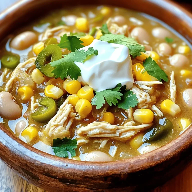 - 2 boneless skinless chicken breasts - 1 can (15 oz) white beans, drained and rinsed - 1 can (4 oz) diced green chilies - 1 medium onion, diced - 2 cloves garlic, minced - 1 cup chicken broth - 1 cup corn (fresh or frozen) The chicken breasts are the star here. They provide a juicy base for the chili. White beans add creaminess and heartiness. Diced green chilies bring a mild heat, and onions and garlic give depth to the flavor. - 1 teaspoon ground cumin - 1 teaspoon chili powder - 1 teaspoon paprika - 1/2 teaspoon salt - 1/4 teaspoon black pepper The spices are key to making this chili pop. Ground cumin adds warmth, while chili powder gives it a rich flavor. Paprika provides a subtle smokiness. Salt and pepper bring everything together. - Fresh cilantro - Sour cream or Greek yogurt - Juice of 1 lime Garnishes can elevate your dish. Fresh cilantro adds brightness and color. Sour cream or Greek yogurt adds creaminess and coolness. A squeeze of lime juice at the end brightens all the flavors. Start by heating 1 tablespoon of olive oil in a skillet over medium heat. Add 1 diced medium onion and sauté for about 5 minutes until the onion turns translucent. Then, add 2 minced garlic cloves and cook for another minute. This adds a rich base flavor to your chili. Transfer the onion and garlic mix to your slow cooker. Next, take 2 boneless skinless chicken breasts and place them directly in the slow cooker. On top of the chicken, add in the following ingredients: - 1 can (15 oz) white beans, drained and rinsed - 1 can (4 oz) diced green chilies - 1 cup chicken broth - 1 cup corn (fresh or frozen) - 1 teaspoon ground cumin - 1 teaspoon chili powder - 1 teaspoon paprika - 1/2 teaspoon salt - 1/4 teaspoon black pepper Stir gently to combine all ingredients, making sure the chicken is mostly submerged in the broth. This helps the chicken stay moist and flavorful. Cover the slow cooker with its lid. Set it to cook on low for 6-8 hours or on high for 4-5 hours. You want the chicken to be cooked through and tender. About an hour before it's done, check the chicken for doneness. It should shred easily with a fork when fully cooked. Once the chicken is done, carefully remove it from the slow cooker. Use two forks to shred the chicken into bite-sized pieces. This step is key for mixing it back into the chili. Return the shredded chicken to the pot and stir it in well. Now, add the juice of 1 lime to the chili. This brightens the flavors and adds a fresh touch. Taste your chili and adjust the seasonings as needed. You can add more salt or spices if you like. Ladle the chili into bowls. For extra flavor, top each serving with fresh cilantro and a dollop of sour cream or Greek yogurt if you wish. This adds creaminess and balances the heat of the dish. Enjoy your warm and hearty Slow Cooker White Bean Chicken Chili! To make your white bean chicken chili shine, use spices wisely. Ground cumin, chili powder, and paprika are key. They add depth and warmth. Start with the amounts in the recipe, but feel free to adjust. If you want more heat, add extra chili powder. Cook the chicken until it is tender. The slow cooker does the work here. For best results, aim for 6-8 hours on low. If you're short on time, cook on high for 4-5 hours. Always check that the chicken is fully cooked and shreddable. To make your chili creamier, consider adding sour cream or Greek yogurt at the end. This gives a rich texture. You can also use cream cheese for a thicker mix. Experiment with different beans as well. Great northern beans work well, but you can try black beans for a twist. Each bean brings its own flavor and creaminess. Choosing the right slow cooker matters. A 6-quart model is perfect for this recipe. It gives enough space for all the ingredients without overflowing. Adjust cooking times based on your slow cooker model. Some cook faster than others. Always check the chicken's doneness with a fork. If it shreds easily, it's ready. {{image_2}} You can switch the chicken for turkey or beef. Both options work well. Turkey gives a lean taste, while beef adds richness. For a vegetarian option, use jackfruit or mushrooms. These choices will add depth and flavor to your dish. Feel free to mix up the beans! You can use black beans or pinto beans for a different taste. Each bean adds its own flavor and creaminess. You can also add more vegetables. Bell peppers or zucchini will boost the chili's nutrition and color. Simply chop them and toss them in with the other ingredients. Want more heat? Add cayenne pepper or crushed red pepper flakes. Start with a small amount and taste as you go. If the chili is too spicy, you can tone it down. Just leave out the diced green chilies or reduce the chili powder. This way, you can control the heat to your liking. To store the leftovers, let the chili cool first. Place it in an airtight container. This keeps it fresh. Glass containers or BPA-free plastic work best. They seal well and prevent spills. You can store the chili in the fridge for up to three days. If you want to save some for later, freezing is a great option. Divide the chili into portions. Use freezer-safe bags or containers. Be sure to leave some space for expansion. When you want to eat it, take it out of the freezer. Thaw it overnight in the fridge. You can reheat it on the stove or in the microwave. Make sure it's hot all the way through. You can keep this chili in the fridge for three days. In the freezer, it lasts up to three months. Check for signs of spoilage before eating. Look for off smells or changes in color. If it smells sour or has an odd look, it’s best to toss it. Yes, you can use frozen chicken breasts. Just be aware that cooking time will increase. Make sure the chicken reaches 165°F to be safe to eat. It is best to add extra broth or liquid to help it cook evenly. This chili goes well with many sides. Here are a few great options: - Cornbread - Rice - Tortilla chips - Fresh avocado - Salad with lime dressing These sides add texture and flavor to your meal. To add heat to your chili, consider these suggestions: - Add diced jalapeños or serrano peppers. - Mix in cayenne pepper or crushed red pepper flakes. - Use spicy diced green chilies instead of mild ones. - Stir in hot sauce before serving for a kick. Adjust the spice level to fit your taste. Yes, you can make this chili in an Instant Pot. Here’s how: 1. Use the sauté function to cook the onions and garlic. 2. Add the chicken and other ingredients. 3. Seal the pot and cook on high pressure for 15-20 minutes. 4. Quick-release the pressure, shred the chicken, and stir in lime juice. This method saves time and still gives you great flavor. This blog post covered how to make a tasty Slow Cooker White Bean Chicken Chili. We discussed the main ingredients like chicken, beans, and spices. You learned step-by-step instructions, tips for flavor, and variations to suit your taste. Use the storage tips to keep your chili fresh for later. Enjoy every bowl with your favorite toppings. This dish is not just easy; it’s also satisfying. Your friends and family will love it. Dive into this recipe and start cooking today.